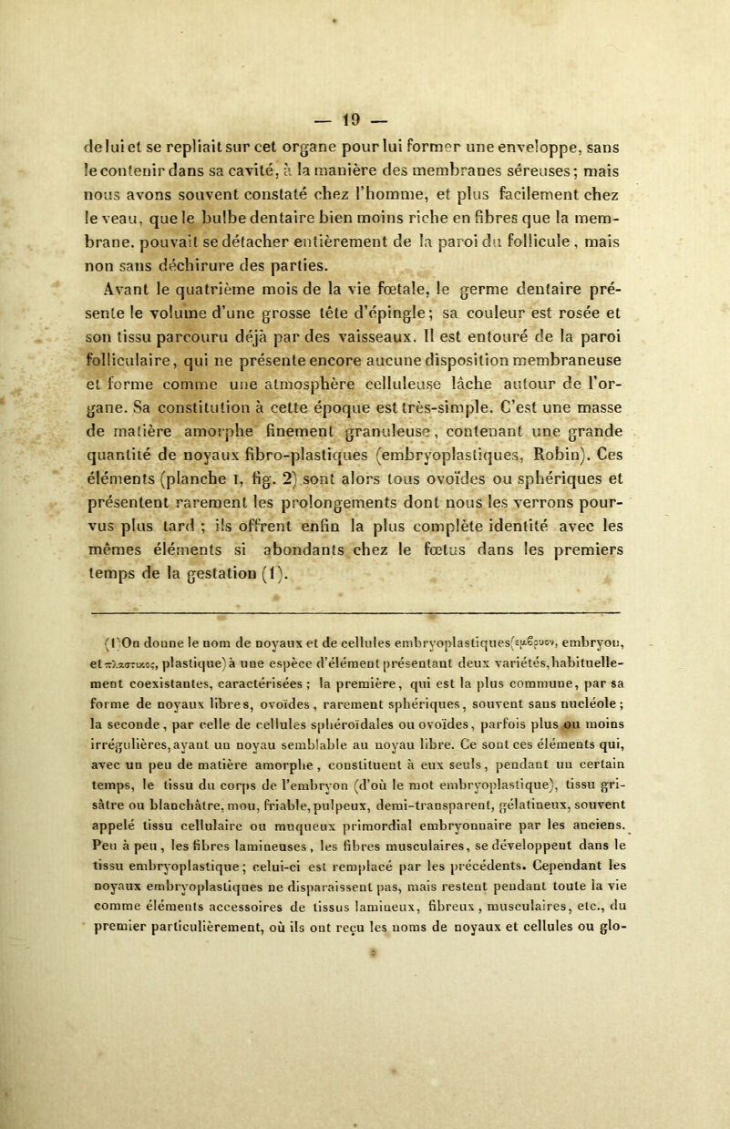 de lui et se repliait sur cet organe pour lui former une enveloppe, sans le contenir dans sa cavité, à la manière des membranes séreuses; mais nous avons souvent constaté chez l’homme, et plus facilement chez le veau, que le bulbe dentaire bien moins riche en fibres que la mem- brane. pouvait se détacher entièrement de la paroi du follicule , mais non sans déchirure des parties. Avant le quatrième mois de la vie fœtale, le germe dentaire pré- sente le volume d’une grosse tête d’épingle; sa couleur est rosée et son tissu parcouru déjà par des vaisseaux. Il est entouré de la paroi folliculaire, qui ne présente encore aucune disposition membraneuse et forme comme une atmosphère celluleuse lâche autour de l’or- gane. Sa constitution à cette époque est très-simple. C’est une masse de matière amorphe finement granuleuse, contenant une grande quantité de noyaux fibro-plastiques (embryoplastiques, Robin). Ces éléments (planche I, fig. 2) sont alors tous ovoïdes ou sphériques et présentent rarement les prolongements dont nous les verrons pour- vus plus tard ; ils offrent enfin la plus complète identité avec les mêmes éléments si abondants chez le fœtus dans les premiers temps de la gestation (1). (l'On donne le nom de noyaux et de cellules embryoplastiques(ep.ëpuov, embryon, etwXaoTtxoç, plastique)à une espèce d’élément présentant deux variétés,habituelle- ment coexistantes, caractérisées ; la première, qui est la plus commune, par sa forme de noyaux libres, ovoïdes, rarement sphériques, souvent sans nucléole ; la seconde, par celle de cellules sphéroïdales ou ovoïdes, parfois plus ou moins irrégulières, ayant un noyau semblable au noyau libre. Ce sont ces éléments qui, avec un peu de matière amorphe, constituent à eux seuls, pendant un certain temps, le tissu du corps de l’embryon (d’où le mot embryoplastique), tissu gri- sâtre ou blanchâtre, mou, friable,pulpeux, demi-transparent, gélatineux, souvent appelé tissu cellulaire ou muqueux primordial embryonnaire par les anciens. Peu à peu, les libres lamineuses , les fibres musculaires, se développent dans le tissu embryoplastique; celui-ci est remplacé par les précédents. Cependant les noyaux embryoplastiques ne disparaissent pas, mais restent pendant toute la vie comme éléments accessoires de tissus lamineux, fibreux, musculaires, etc., du premier particulièrement, où ils ont reçu les noms de noyaux et cellules ou glo-