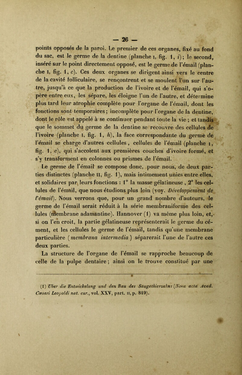 points opposés de la paroi. Le premier de ces organes, fixé au fond du sac, est le germe de la dentine (planche i, fig. 1, i) ; le second, inséré sur le point directement opposé, est le germe de l’émail (plan- che I, fig. 1, c). Ces deux organes se dirigent ainsi vers le centre de la cavité folliculaire, se rencontrent et se moulent l’un sur l’au- tre, jusqu’à ce que la production de l’ivoire et de l’émail, qui s’o- père entre eux, les sépare, les éloigne l’un de l’autre, et détermine plus tard leur atrophie complète pour l’organe de 1 email, dont les fonctions sont temporaires; incomplète pour l’organe de la dentine, dont le rôle est appelé à se continuer pendant toute la vie ; et tandis que le sommet du germe de la dentine se recouvre des cellules de l’ivoire (planche I, fig. 1, li), la face correspondante du germe de l’émail se charge d’autres cellules, cellules de l’émail (planche i, fig. 1, e), qui s’accolent aux premières couches d’ivoire formé, et s’y transforment en colonnes ou prismes de l’émail. Le germe de l’émail se compose donc, pour nous, de deux par- ties distinctes (planche II, fig. 1), mais intimement unies entre elles, et solidaires par leurs fonctions : 1° la masse gélatineuse , 2° les cel- lules de l’émail, que nous étudions plus loin (voy. Développement de l’émail). Nous verrons que, pour un grand nombre d’auteurs, le germe de l’émail serait réduit à la série membraniforme des cel- lules (membrane adamantine). Hannover (1) va même plus loin, et, si on l’en croit, la partie gélatineuse représenterait le germe du cé- ment, et les cellules le germe de l’émail, tandis qu’une membrane particulière ( membrana intermedia ) séparerait l’une de l’autre ces deux parties. La structure de l’organe de l’émail se rapproche beaucoup de celle de la pulpe dentaire ; ainsi on le trouve constitué par une (1) Uber die Entwickelung und den Eau des Sdugelhicrzakns (lYot a acta Acad. Cœsari Leopoldi nat. cur., vol. XXV, part, ir, p. 819).