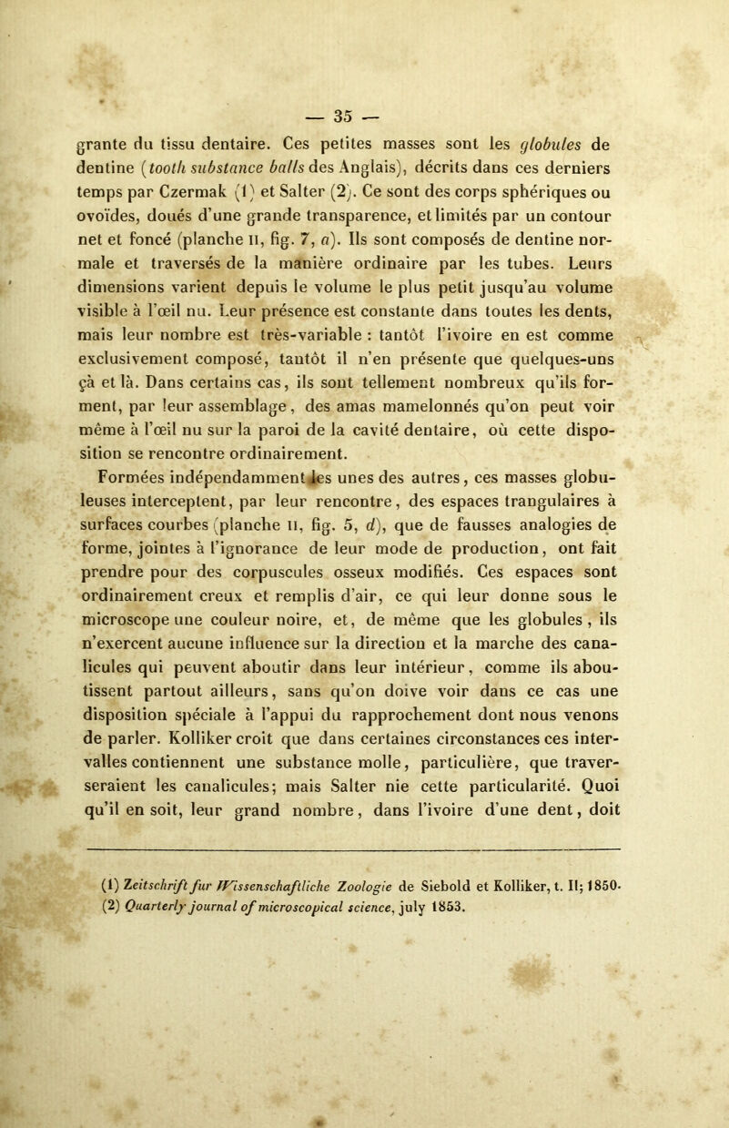 grante du tissa dentaire. Ces petites masses sont les globules de dentine (tooth substance balls des Anglais), décrits dans ces derniers temps par Czermak (1) et Salter (2). Ce sont des corps sphériques ou ovoïdes, doués d’une grande transparence, et limités par un contour net et foncé (planche II, fig. 7, à). Ils sont composés de dentine nor- male et traversés de la manière ordinaire par les tubes. Leurs dimensions varient depuis le volume le plus petit jusqu’au volume visible à l’œil nu. Leur présence est constante dans toutes les dents, mais leur nombre est très-variable : tantôt l’ivoire en est comme exclusivement composé, tantôt il n’en présente que quelques-uns çà et là. Dans certains cas, ils sont tellement nombreux qu’ils for- ment, par leur assemblage, des amas mamelonnés qu’on peut voir même à l’œil nu sur la paroi de la cavité dentaire, où cette dispo- sition se rencontre ordinairement. Formées indépendammentiies unes des autres, ces masses globu- leuses interceptent, par leur rencontre, des espaces trangulaires à surfaces courbes (planche il, fig. 5, d), que de fausses analogies de forme, jointes à l’ignorance de leur mode de production, ont fait prendre pour des corpuscules osseux modifiés. Ces espaces sont ordinairement creux et remplis d’air, ce qui leur donne sous le microscope une couleur noire, et, de même que les globules, ils n’exercent aucune influence sur la direction et la marche des cana- licules qui peuvent aboutir dans leur intérieur, comme ils abou- tissent partout ailleurs, sans qu’on doive voir dans ce cas une disposition spéciale à l’appui du rapprochement dont nous venons de parler. Kolliker croit que dans certaines circonstances ces inter- valles contiennent une substance molle, particulière, que traver- seraient les caualicules; mais Salter nie cette particularité. Quoi qu’il en soit, leur grand nombre, dans l’ivoire d’une dent, doit (1) Zeitschrift fur fVissenschaftliche Zoologie de Siebold et Kolliker, t. II; 1850- (2) Quarterlf journal of microscopical science, july 1853.