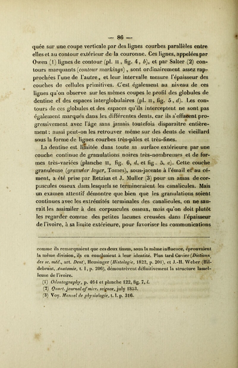 quée sur une coupe verticale par des lignes courbes parallèles entre elles et au contour extérieur de la couronne. Ces lignes, appelées par Owen ({) lignes de contour (pl. Il, fig. 4, b), et par Salter (2) con- tours marquants (contour markings), sont ordinairement assez rap- prochées l’une de l’autre, et leur intervalle mesure l’épaisseur des couches de cellules primitives. C’est également au niveau de ces lignes qu’on observe sur les mêmes coupes le profil des globules de dentine ei des espaces interglobulaires (pl. il, fig. 5, d). Les con- tours de ces globules et des espaces qu’ils interceptent ne sont pas également marqués dans les différentes dents, car ils s’effacent pro- gressivement avec l’âge sans jamais toutefois disparaître entière- ment: aussi peut-on les retrouver même sur des dents de vieillard sous la forme de lignes courbes très-pâles et très-fines. La dentine est limitée dans toute sa surface extérieure par une couche continue de granulations noires très-nombreuses et de for- mes très-variées (planche II, fig. 6, d, et fig. 5, e). Cette couche granuleuse (<granuiar loyer, Tomes), sous-jacente à l’émail et au cé- ment, a été prise par Retzius et J. Muller (3) pour un amas de cor- puscules osseux dans lesquels se termineraient les canalicules. Mais un examen attentif démontre que bien que les granulations soient continues avec les extrémités terminales des canalicules, on ne sau- rait les assimiler à des corpuscules osseux, mais qu’on doit plutôt les regarder comme des petites lacunes creusées dans l’épaisseur de l’ivoire, à sa limite extérieure, pour favoriser les communications comme ils remarquaient que ces deux tissus, sous la même influence, éprouvaient la même division, ils en concluaient à leur identité. Plus lard Cuvier (Dictionn des sc. méd., art. Dent', Heusinger (Histologie, 1822, p. 201), et J.-H. Weber (Hil- debrant. Anatomie, t. I, p. 206), démontrèrent définitivement la structure lamel- leuse de l’ivoire. (1) Odontography, p. 464 et planche 122, fig. 7, /. (2) Quart, journal of micr. science, july IS53. (3) Voy. Manuel de physiologie, t. I. p. 316.