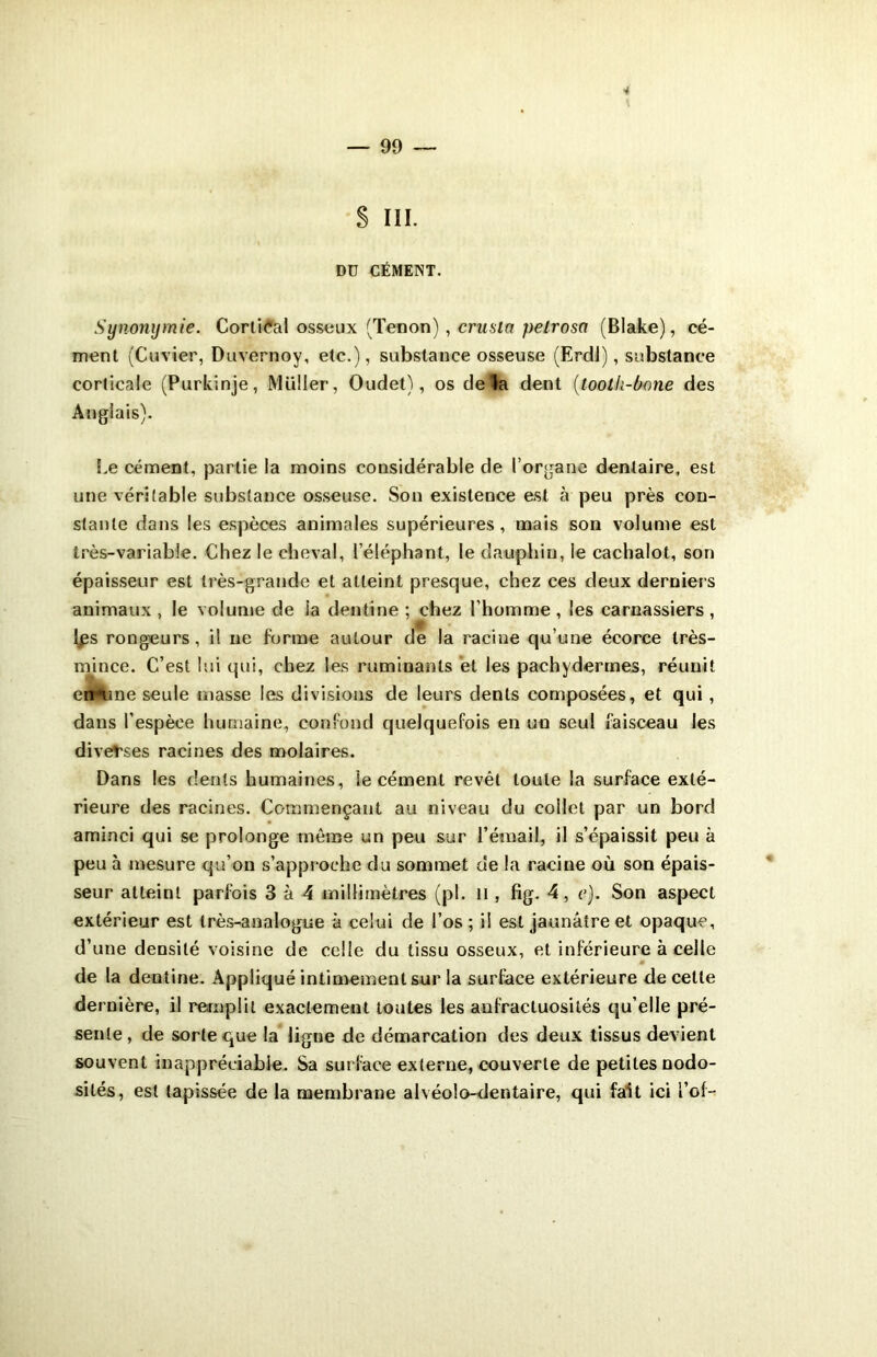 4 — 99 — S III. DU CÉMENT. Synonymie. Cortical osseux (Tenon) , crusla pelrosa (Blake), cé- ment (Cuvier, Duvernoy, etc.), substance osseuse (Erdl), substance corticale (Purkinje, Millier, Oudet), os delà dent (tooth-bone des Anglais). Le cément, partie la moins considérable de l’organe dentaire, est une véritable substance osseuse. Son existence est à peu près con- stante dans les espèces animales supérieures, mais son volume est très-variable. Chez le cheval, l’éléphant, le dauphin, le cachalot, son épaisseur est très-grande et atteint presque, chez ces deux derniers animaux , le volume de la dentine ; chez l’homme , les carnassiers , l^s rongeurs, il ne forme autour de la racine qu’une écorce très- mince. C’est lui qui, chez les ruminants et les pachydermes, réunit encline seule masse les divisions de leurs dents composées, et qui , dans l’espèce humaine, confond quelquefois en un seul faisceau les diverses racines des molaires. Dans les dents humaines, le cément revêt toute la surface exté- rieure des racines. Commençant au niveau du collet par un bord aminci qui se prolonge même un peu sur l’émail, il s’épaissit peu à peu à mesure qu’on s’approche du sommet de la racine où son épais- seur atteint parfois 3 à 4 millimètres (pl. il , fig. 4, e). Son aspect extérieur est très-analogue à celui de l’os ; il est jaunâtre et opaque, d’une densité voisine de celle du tissu osseux, et inférieure à celle de la dentine. Appliqué intimement sur la surface extérieure de celle dernière, il remplit exactement toutes les anfractuosités qu’elle pré- sente , de sorte que la ligue de démarcation des deux tissus devient souvent inappréciable. Sa surface externe, couverte de petites nodo- sités, est tapissée de la membrane alvéolo-dentaire, qui fait ici l’of-