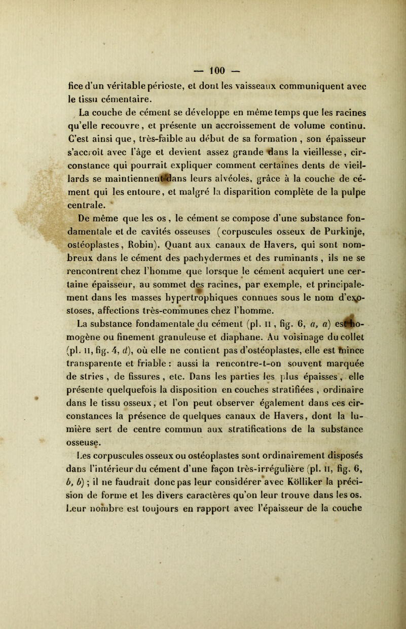 ficed’un véritable périoste, et dont les vaisseaux communiquent avec le tissu cémentaire. La couche de cément se développe en même temps que les racines qu’elle recouvre, et présente un accroissement de volume continu. C’est ainsi que, très-faible au début de sa formation , son épaisseur s’accroît avec l’âge et devient assez grande dans la vieillesse, cir- constance qui pourrait expliquer comment certaines dents de vieil- lards se maintiennentîdans leurs alvéoles, grâce à la couche de cé- ment qui les entoure, et malgré la disparition complète de la pulpe centrale. De même que les os, le cément se compose d’une substance fon- damentale et de cavités osseuses (corpuscules osseux de Purkinje, ostéoplasles, Robin). Quant aux canaux de Havers, qui sont nom- breux dans le cément des pachydermes et des ruminants , ils ne se rencontrent chez l’homme que lorsque le cément acquiert une cer- taine épaisseur, au sommet des racines, par exemple, et principale- ment dans les masses hypertrophiques connues sous le nom d’exo- stoses, affections très-communes chez l’homme. La substance fondamentale du cément (pi. il , fig. 6, a, a) esWio- mogène ou finement granuleuse et diaphane. Au voisinage du collet (pl. il, fig. 4, d), où elle ne contient pas d’ostéoplasles, elle est fnince transparente et friable : aussi la rencontre-t-on souvent marquée de stries , de fissures , etc. Dans les parties les plus épaisses, elle présente quelquefois la disposition en couches stratifiées , ordinaire dans le tissu osseux, et l’on peut observer également dans ces cir- constances la présence de quelques canaux de Havers, dont la lu- mière sert de centre commun aux stratifications de la substance osseuse. Les corpuscules osseux ou ostéoplastes sont ordinairement disposés dans l’intérieur du cément d’une façon très-irrégulière (pl. il, fig. 6, b, b) ; il ne faudrait donc pas leur considérer avec Kolliker la préci- sion de forme et les divers caractères qu’on leur trouve dans les os. Leur nombre est toujours en rapport avec l’épaisseur de la couche