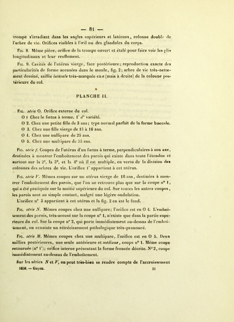 — 81 — (rompe s’irradiaDt dans les angles supérieurs et latéraux, colonne double de l’arbre de vie. Orifices visibles à l’œil nu des glandules du corps. Fie- 8. Même pièce, orifice de la trompe ouvert et étalé pour faire voir les {dis longitudinaux et leur renflement. Fig. 9. Cavités de l’utérus vierge, face postérieure; reproduction exacte des particularités de forme accusées dans le moule, fig. 2; arbre de vie très-nette- ment dessiné, saillie latérale très-marquée en e (mais à droite) de la colonne pos- térieure du col. « PLANCHE II. Fig. série O. Orifice externe du col. O 1 Chez le fœtus à terme. 1’ d° variété. O 2. Chez une petite fille de 3 ans ; type normal parfait de la forme buccale. O 3. Chez une fille vierge de 15 à 16 ans. O 4. Chez une nullipare de 25 ans. O 6. Chez une multipare de 35 ans. Fie. série f. Coupes de l’utérus d’un fœtus à terme, perpendiculaires à sou axe, destinées à montrer l'emboîtement des parois qui existe dans toute l’étendue et surtout sur la 2e, la 3e, et la 4e où il est multiple, en vertu de la divisiou des colounes des arbres de vie. L’orifice 1’ appartient à cet utérus. Fie. série V. Mêmes coupes sur uu utérus vierge de 16 ans, destinées à mon- trer l’emboilemeut des parois, que l’on ne retrouve plus que sur la coupe n° I, qui a été pratiquée sur la moitié supérieure du col. Sur toutes les autres coupes , Les parois sont au simple contact, malgré une légère ondulation. L’orifice n° 3 appartient à cet utérus et la fig. 2 en est le fond. Fie. série N. Mêmes coupes chez une nullipare; I’orilice est en O 4. L’emboi- lemenldes parois, très-aecusé sur la coupe n° 1, n’existe que dans la partie supé- rieure du col. Sur la coupe n° 2, qui porte immédiatement au-dessus de l’emboî- tement, on constate un rétrécissement pathologique très-prononcé. Fig. série 1U. Mêmes coupes chez une multipare, l’orifice est en O 5. Deux saillies postérieures, une seule antérieure et médiane , coupe n° 1. Même coupe retournée (n° l’j; orifice interne présentant la forme froncée décrite. N°2, coupe immédiatement au-dessus de l’emboîtement. Sur les séries A’ et F, on peut très-bien se rendre compte de l’accroissement 185$. — Guyon. 11