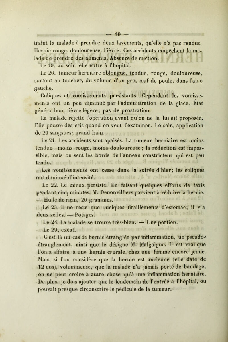 traint la malade à prendre deux lavements, qu’elle n’a pas rendus. Hernie rouge, douloureuse. Fièvre. Ces accidents empêchent la ma- lade de prendre des aliments. Absence de miction. Le 19, au soir, elle entre à l’hôpital. Le 20, tumeur herniaire oblongue, tendue, rouge, douloureuse, surtout au toucher, du volume d’un gros œuf de poule, dans l’aine gauche. Coliques et vomissements persistants. Cependant les vomisse- ments ont un peu diminué par l’administration de la glace. État général bon, fièvre légère; pas de prostration. La malade rejette l’opération avant qu’on ne la lui ait proposée. Elle pousse des cris quand on veut l’examiner. Le soir, application de 20 sangsues; grand bain. Le 21. Les accidents sont apaisés. La tumeur herniaire est moins tendue, moins rouge, moins douloureuse; la réduction est impos- sible, mais on sent les bords de l’anneau constricteur qui est peu tendu. Les vomissements ont cessé dans la soirée d’hier; les coliques ont diminué d’intensité. Le 22. Le mieux persiste. En faisant quelques efforts de taxis pendant cinq minutes, M. Denonvilliers parvient à réduire la hernie. — Huile de ricin, 20 grammes. Le 23. 11 ne reste que quelques tiraillements d’estomac; il y a deux selles. — Potages. i.e 24. La malade se trouve très-bien. — Une portion. Le 29, exéat. C’est là un cas de hernie étranglée par inflammation, un pseudo- étranglement, ainsi que le désigne M. Malgaigne. Il est vrai que l’on a affaire à une hernie crurale, chez une femme encore jeune. Mais, si l’on considère que la hernie est ancienne (elle date de 12 ans), volumineuse, que la malade n’a jamais porté de bandage, on ne peut croire à autre chose qu’à une inflammation herniaire. De plus, je dois ajouter que le lendemain de l’entrée à l’hôpital, ou pouvait presque circonscrire le pédicule de la tumeur.