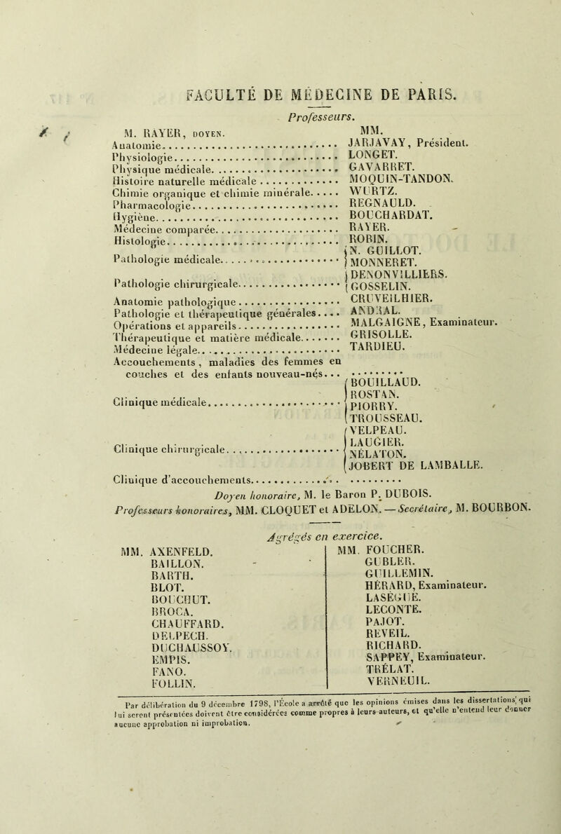 FACULTÉ DE MÉDECINE DE PARIS. Professeurs. M. RAYER, doyen. Anatomie . Physiologie Physique médicale « Histoire naturelle médicale Chimie organique et chimie minérale Pharmacologie Hygiène Médecine comparée Histologie Pathologie médicale Pathologie chirurgicale. Anatomie pathologique Pathologie et thérapeutique générales... • Opérations et appareils Thérapeutique et matière médicale Médecine légale Accouchements , maladies des femmes en couches et des entants nouveau-nés... Clinique médicale Clinique chirurgicale MM. JAR.1AVAY, Président. LONGET. GAVARRET. MOQUIN-TANDON. WURTZ. REGNAULD. BOUCHARDAT. RAYER. ROBIN. 4 N. GU ILLOT. } MONNERET. } DENONV1LL1ERS. (GOSSELIN. CRUVE1LH1ER. AND 15 AL. MALGA1GNE, Examinateur. GRISOLLE. TARDIEU. (BOUILLAUD. ROSTAN. JPIORRY. [TROUSSEAU. (VELPEAU. LAUGIER. NÉLATON. JOBERT DE LAMBALLE. Clinique d’accouchements Doyen honoraire, M. le Baron P._ DUBOIS. Professeurs honoraires, MM. CLOQUET et ADELON. —Secrétaire, M. BOURBON. MM. AXENFELD. BAILLON. BARTH. B LOT. RO U Cil UT. BROCA. CHAUFFARD. DELPECH. DUCHAUSSOY. KMPIS. FA N O. FOL LIN. Jyréyés en exercice. MM. FOUCHER. CIBLER. GUILLEM1N. HÉRARD, Examinateur. LASÈGUE. LECONTE. PA.IOT. REVEIL. RICHARD. SAPPEY, Examinateur. TRÉLAT. VERNEUIL. I>ar délibération du 9 décembre 1798, l’École a arrôlé que les opinions émises dans les dissertations; qui lui seront présruiccs doivent «Ire considérées comme propres à leurs auteurs, et qu elle n entend leur coen r aucune approbation ni improbation. *