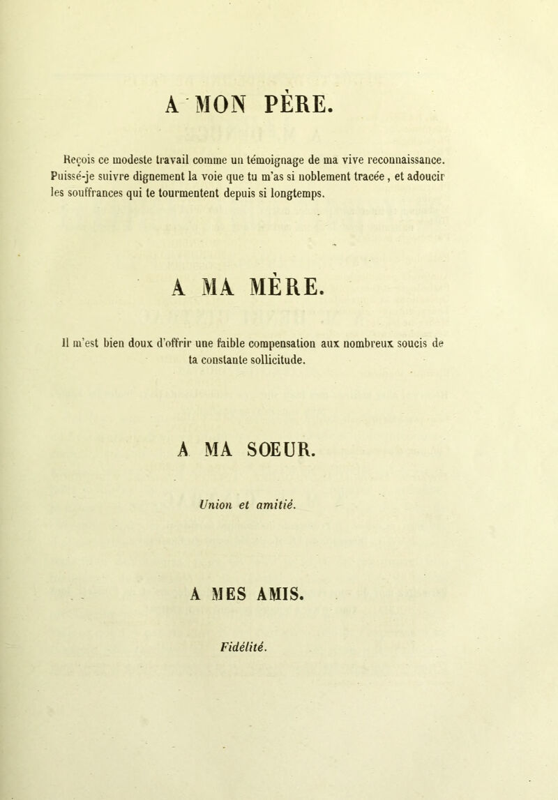 A MON PERE Reçois ce modeste travail comme un témoignage de ma vive reconnaissance. Puissé-je suivre dignement la voie que tu m’as si noblement tracée, et adoucir les souffrances qui te tourmentent depuis si longtemps. A MA MÈRE. il m’est bien doux d’offrir une faible compensation aux nombreux soucis de ta constante sollicitude. A MA SOEUR. Union et amitié. A MES AMIS. Fidélité.