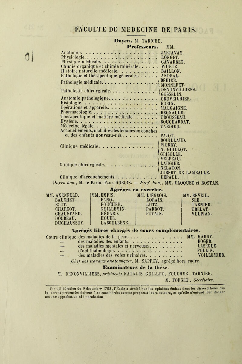 Doyen, M. TARDIEU. Professeurs. MM. Anatomie Physiologie Physique médicale Chimie organique et chimie minérale Histoire naturelle médicale Pathologie et thérapeutique générales Pathologie médicale Pathologie chirurgicale Anatomie pathologique Histologie Opérations et appareils Pharmacologie Thérapeutique et matière médicale Hygiène Médecine légale Accouchements, maladies des femmes en couches et des enfants nouveau-nés Clinique médicale Clinique chirurgicale. . . Clinique d’accouchements, , JARJAVAY. LONGET. , GAVARRET. . WURTZ. , RAILLON. ANDRAL. iBÉHIER. I MONNERET. (DENONVILLIERS. I GOSSELIN. CRUVE1LHIER. ROBIN. MALGAIGNE. REGNAULD. TROUSSEAU. BOUCHARDAT. TARDIEU. PAJOT. /BOUILLAUD. PIORRY. iN. GUILLOT. ( GRISOLLE. rVELPEAU. \ LAUGIER, j NELATON. ' JOBERT DE LAMBALLE. DEPAUL. Doyen hon., M. le Baron Paul DUBOIS. — Prof, lion., MM. CLOQUET et ROSTAN. Agrégés en exercice. MB. AXENFELD. MM.EMPIS. MM. LIEGEOIS. MM. REVEIL. BAUCHET. FANO., LORAIN. SEE. BLOT. FOUCHER. LUTZ. TARNIER. CHARCOT. GUILLEMIN. PARROT. TRËLAT. CHAUFFARD. DOLBEAU. DUCHAUSSOY. HÉRARD. HOUEL. LABOULBÈNE. POTAIN. VULPIAN. Agrégés libres chargés «le cours complémentaires. Cours clinique des maladies de la peau MM. HARDY. — des maladies des enfants ROGER. — des maladies mentales et nerveuses LASÈGUE. ,— d’ophlhalmologie FOLLIN. — des maladies des voies urinaires V01LLEMIER. Chef des travaux anatomiques, M. SAPPEY, agrégé hors cadre. Süxaminatcurs «le la thèse. M. DENONVILLIERS, président; NATALIS GUILLOT, FOUCHER, TARNIER. M. FORGET, Secrétaire. Par délibération du 9 décembre 1798, l’École a arrête que les opinions cmiscs dans les dissertations qui lui seront présentées doivent être considérées comme propres à leurs auteurs, et qu’elle n’entend leur donner aucune approbation ni improbation.