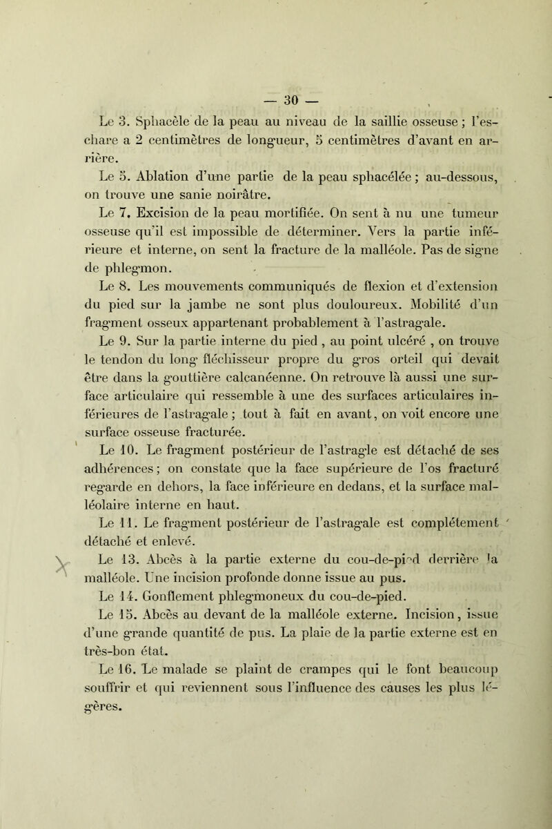 Le 3. Spliacèle de la peau au niveau de la saillie osseuse ; l’es- chare a 2 centimètres de longueur, 5 centimètres d’avant en ar- rière. Le o. Ablation d’une partie de la peau sphacélée ; au-dessous, on trouve une sanie noirâtre. Le 7. Excision de la peau mortifiée. On sent à nu une tumeur osseuse qu'il est impossible de déterminer. Vers la partie infé- rieure et interne, on sent la fracture de la malléole. Pas de signe de phlegmon. Le 8. Les mouvements communiqués de flexion et d’extension du pied sur la jambe ne sont plus douloureux. Mobilité d’un fragment osseux appartenant probablement à l’astragale. Le 9. Sur la partie interne du pied , au point ulcéré , on trouve le tendon du long’ fléchisseur propre du g’ros orteil qui devait être dans la gouttière calcanéenne. On retrouve là aussi une sur- face articulaire qui ressemble à une des surfaces articulaires in- férieures de l’astrag’ale ; tout à fait en avant, on voit encore une surface osseuse fracturée. Le 10. Le fragment postérieur de l’astrag’le est détaché de ses adhérences ; on constate que la face supérieure de l’os fracturé reg’arde en dehors, la face inférieure en dedans, et la surface mal- léolaire interne en haut. Le 11. Le fraganent postérieur de l’astrag’ale est complètement ' détaché et enlevé. Le 13. Abcès à la partie externe du cou-de-pi 'd derrière la malléole. Une incision profonde donne issue au pus. Le 14. Gonflement phlegmoneux du cou-de-pied. Le 15. Abcès au devant de la malléole externe. Incision, issue d’une grande quantité de pus. La plaie de la partie externe est en très-bon état. Le 16. Le malade se plaint de crampes qui le font beaucoup souffrir et qui reviennent sous l’influence des causes les plus lé- gères.