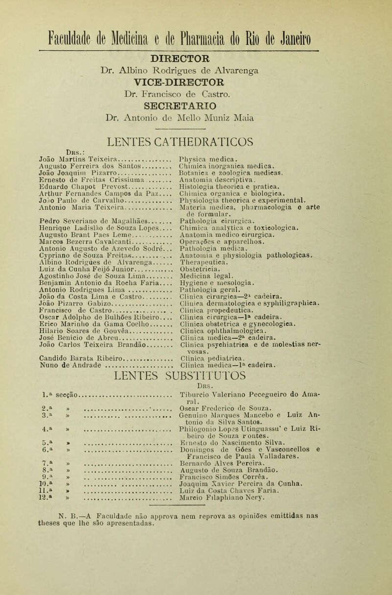 Faculdade de Medicina e de Pliariiiacia de Rio de Janeiro DIRECTOR Dr. Albino Rodrigues de Alvarenga VICE-DIRECTOR Dr. Francisco de Castro. SECRETARIO Dr, Antonio de Mello ]\'Iuniz Maia LENTES CATHEDRATICOS Drs.; João Martins Teixeira Augusto Ferreira dos Santos João Joaquim Pizarro Ernesto de Freitas Crissiuma Eduardo Cliapot Prevost Artliur Fernandes Campos da Paz.... Jojo Paulo de Carvalho Antonio Maria Teixeira Pedro Severiano de Magalhães Henrique Ladisláo de Souza Lopes Augusto Brant Paes Leme Marcos Bezerra Cavalcanti Antonio Augusto de .Azevedo Sodré... Cypriano de Souza Freitas Albino Rodrigues de Alvarenga Luiz da Cunha Feijó Junior Agostinho José de Souza Lima Benjamin Antonio da Rocha Faria.... Antonio Rodrigues Lima Jqão da Costa Lima e Castro João Pizarro Gabizo Francisco de Castro Oscar Adolpho de Bulhões Ribeiro.... Erico Marinlio da Gama Coelho Hilário Soares de Gouvêa José Benicio de Abreu João Carlos Teixeira Brandão Cândido Barata Ribeiro Nuno de Andrade Physica medica. Chimica inorgânica medica. Botanica e zoologica medicas. Anatomia descriptiva. Histologia theorica e ))ratica. Chimica organica e biologica. Physiologia tlieorica e experimental. Matéria medica, phurmacologia e arte de formular. Patliologia cirúrgica. Cliimica analytica e toxicologica. Anatomia medico cirúrgica. Operações e apparelhos. Patliologia medica. Anatomia e physiologia patliologicas. Therapeutica. Obstctricia. Medicina legal. Hygiene e mesologia. Patliologia geral. Clinica cirúrgica—2‘ cadeira. Clinica dermatológica e syphiligraphica. Clinica jiropedeutica. Clinica cirúrgica—cadeira. Clinica obstétrica e gynecologica. Clinica ophthalmologica. Clinica medica—2^ cadeira. Clinica psychiatrica e de moléstias ner- vosas. Clinica pediátrica. Clinica medica—!“■ cadeira. LENTES SUBSTITUTOS l.a. secção.. 2.a » » 4.a » 5.a » 6.a » 7.a » 8.a » 9.» » 10. a » 11.» » 12. a » Drs. Tiburcio Yaleriano Pecegueiro do Ama- ral. Oscar Frederico de Souza. Genuine Marques Mancebo e Luiz An- tonio da Silva Santos. Philogoiiio Lopes Utinguassu’ e Luiz Ri- beiro de Souza r ontes. Einesto do Nascimento Silva. Domingos de Góes e Vasconcellos e Francisco de Paula Valladares. Bernardo Alves Pereira. Augusto de Souza Brandão. Francisco Simões Corrêa. Joaquim Xavier Pereira da Cunha. Luiz da Costa Chaves Faria. Mareio Filaphiano Nery. N. B.—A Faculdade não approva nem reprova as opiniões emittidas nas theses que lhe s3o apresentadas.