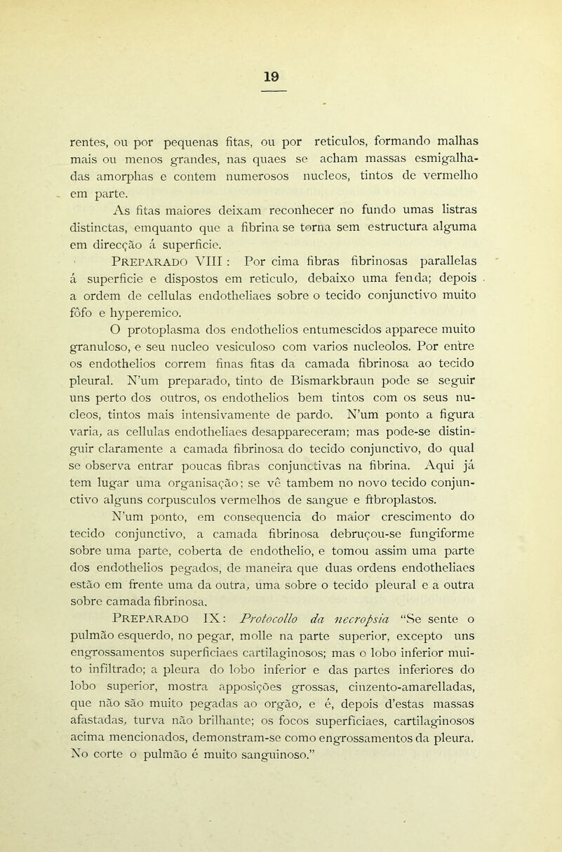 rentes, ou por pequenas fitas, ou por retículos, formando malhas mais ou menos grandes, nas quaes se acham massas esmigalha- das amorphas e contem numerosos núcleos, tintos de vermelho em parte. As fitas maiores deixam reconhecer no fundo umas listras distinctas, emquanto que a fibrina se torna sem estructura alguma em direcção á superficie. Preparado VIII: Por cima fibras fibrinosas parallelas á superficie e dispostos em retículo, debaixo uma fenda; depois a ordem de cellulas endotheliaes sobre o tecido conjunctivo muito fofo e hyperemico. O protoplasma dos endothelios entumescidos apparece muito granuloso, e seu núcleo vesiculoso com vários nucleolos. Por entre os endothelios correm finas fitas da camada fibrinosa ao tecido pleural. N’um preparado, tinto de Bismarkbraun pode se seguir uns perto dos outros, os endothelios bem tintos com os seus nú- cleos, tintos mais intensivamente de pardo. N’um ponto a figura varia, as cellulas endotheliaes desappareceram; mas pode-se distin- guir claramente a camada fibrinosa do tecido conjunctivo, do qual se observa entrar poucas fibras conjunctivas na fibrina. Aqui já tem lugar uma organisação; se vê também no novo tecido conjun- ctivo alguns corpúsculos vermelhos de sangme e ftbroplastos. N’um ponto, em consequência do maior crescimento do tecido conjunctivo, a camada fibrinosa debruçou-se fungiforme sobre uma parte, coberta de endothelio, e tomou assim uma parte dos endothelios pegados, de maneira que duas ordens endotheliaes estão em frente uma da outra, uma sobre o tecido pleural e a outra sobre camada fibrinosa. Preparado IX: Protocollo da necropsia “Se sente o pulmão esquerdo, no pegar, molle na parte superior, excepto uns engrossamentos superficiaes cartilaginosos; mas o lobo inferior mui- to infiltrado; a pleura do lobo inferior e das partes inferiores do lobo superior, mostra apposições grossas, cinzento-amarelladas, que não são muito pegadas ao orgão, e é, depois d’estas massas afastadas, turva não brilhante; os focos superficiaes, cartilaginosos acima mencionados, demonstram-se como engrossamentos da pleura. Xo corte o pulmão é muito sanguinoso.”