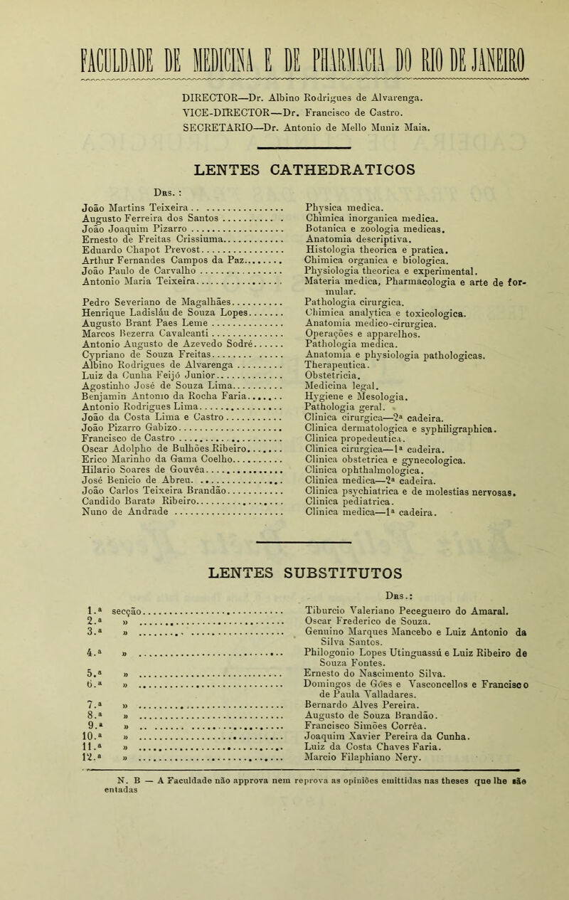 DIRECTOR—Dr. Albino Rodrigues de Alvarenga. VICE-DIRECTOR—Dr. Francisco de Castro. SECRETARIO—Dr. Antonio de Mello Muniz Maia. LENTES CATHEDRATICOS Drs. : João Martins Teixeira Augusto Ferreira dos Santos João Joaquim Pizarro Ernesto de Freitas Crissiuma Eduardo Clrapot Prevost Artliur Fernandes Campos da Paz... João Paulo de Carvalho Antonio Maria Teixeira Pedro Severiano de Magalhães...., Henrique Ladisláu de Souza Lopes. Augusto Brant Paes Leme Marcos Bezerra Cavalcanti Antonio Augusto de Azevedo Sodré Cypriano de Souza Freitas Albino Rodrigues de Alvarenga Luiz da Cunha Feijó Junior Agostinho José de Souza Lima Benjamin Antonio da Rocha Faria., Antonio Rodrigues Lima João da Costa Lima e Castro João Pizarro Gabizo Francisco de Castro Oscar Adolpho de Bulhões Ribeiro., Erico Marinho da Gama Coelho. Hilário Soares de Gouvêa José Benicio de Abreu João Carlos Teixeira Brandão Cândido Barata Ribeiro Nuno de Andrade Physica medica. Chimica inorgânica medica. Botanica e zoologia medicas. Anatomia descriptiva. Histologia theorica e pratica. Chimica organica e biologica. Physiologia theorica e experimental. Matéria medica, Pharmacologia e arte de for- mular. Pathologia cirúrgica. Chimica analytica e toxicologica. Anatomia medico-cirurgica. Operações e apparelhos. Pathologia medica. Anatomia e physiologia pathologicas. Therapeutica. Obstetricia. Medicina legal. Hygiene e Mesologia. Pathologia geral. Clinica cirúrgica—2a cadeira. Clinica dermatológica e syphiligraphica. Clinica propedêutica. Clinica cirúrgica—Ia cadeira. Clinica obstétrica e gynecologica. Clinica ophthalmologica. Clinica medica—2a cadeira. Clinica psychiatrica e de moléstias nervosas. Clinica pediátrica. Clinica medica—Ia cadeira. LENTES SUBSTITUTOS Das.: 1. a secção Tiburcio Valeriano Pecegueiro do Amaral. 2. a » Oscar Frederico de Souza. 3. a » Genuino Marques Mancebo e Luiz Antonio da Silva Santos. 4. a » Philogonio Lopes Utinguassú e Luiz Ribeiro de Souza Fontes. 5. a » Ernesto do Nascimento Silva. ti.a » Domingos de Góes e Vasconcellos e Francisoo de Paula Yalladares. 7. a » Bernardo Alves Pereira. 8. a » Augusto de Souza Brandão. 9. a » Francisco Simões Corrêa. 10. a « Joaquim Xavier Pereira da Cunha. 11. a » Luiz da Costa Chaves Faria. 12. a » Mareio Filaphiano Nery. N. B — A Faculdade nâo approva nem reprova as opiniões emittidas nas theses qne lhe tãe entadas