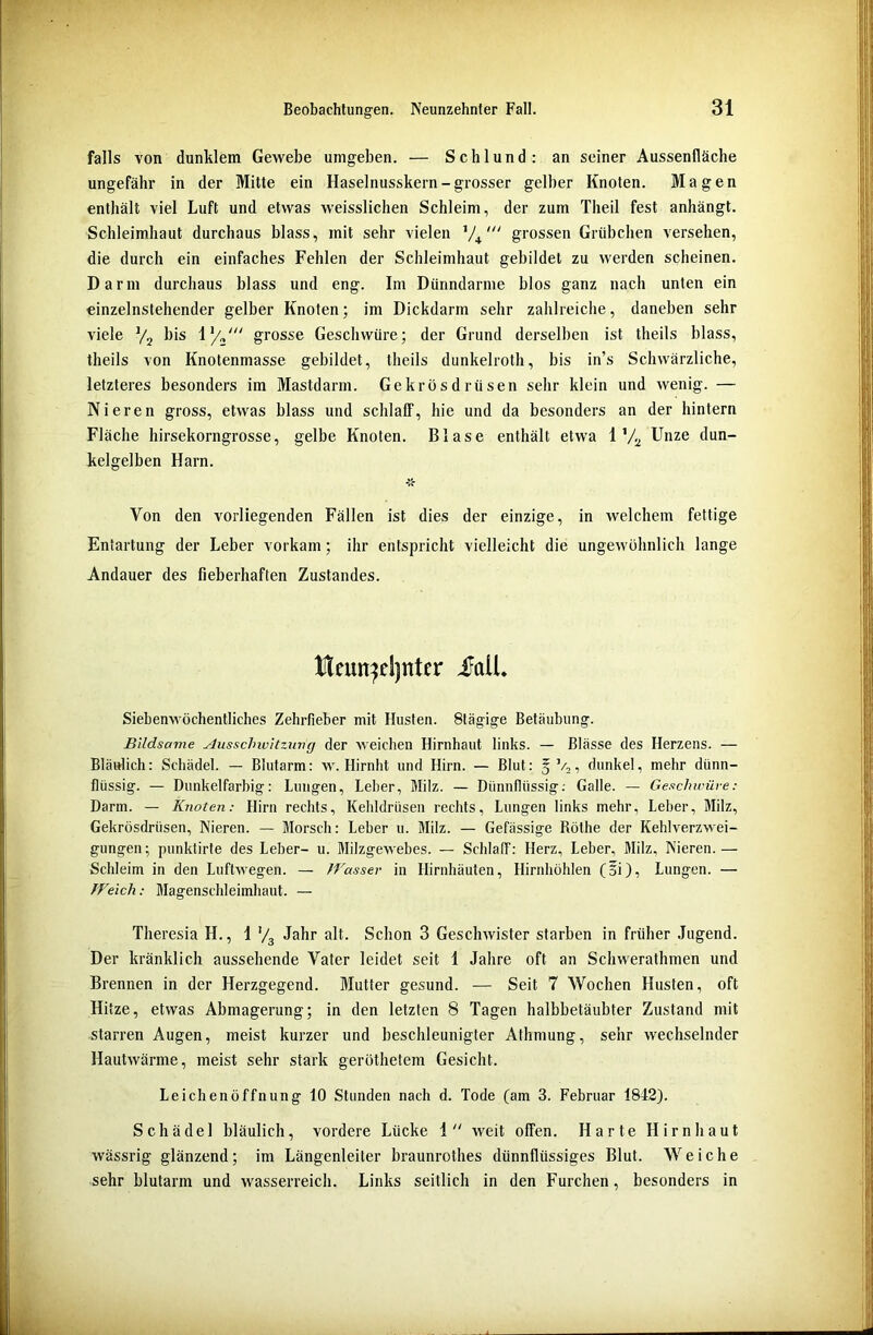 falls von dunklem Gewebe umgeben. — Schlund: an seiner Aussenfläche ungefähr in der Mitte ein Haselnusskern-grosser gelber Knoten. Magen enthält viel Luft und etwas weisslichen Schleim, der zum Theil fest anhängt. Schleimhaut durchaus blass, mit sehr vielen ’/+grossen Grübchen versehen, die durch ein einfaches Fehlen der Schleimhaut gebildet zu werden scheinen. Darm durchaus blass und eng. Im Dünndärme blos ganz nach unten ein einzelnstehender gelber Knoten; im Dickdarm sehr zahlreiche, daneben sehr viele % bis l1// grosse Geschwüre; der Grund derselben ist theils blass, theils von Knotenmasse gebildet, theils dunkelroth, bis in’s Schwärzliche, letzteres besonders im Mastdarm. Gekrösdrüsen sehr klein und wenig. — Nieren gross, etwas blass und schlaff, hie und da besonders an der hintern Fläche hirsekorngrosse, gelbe Knoten. Blase enthält etwa 1 V2 Unze dun- kelgelben Harn. Yon den vorliegenden Fällen ist dies der einzige, in welchem fettige Entartung der Leber vorkam; ihr entspricht vielleicht die ungewöhnlich lange Andauer des fieberhaften Zustandes. Heun^djntcr ifaU. Siehenwöchentliches Zehrfieber mit Husten. 8tägige Betäubung. Bildsame Aussclnvitzuvg der weichen Hirnhaut links. — Blässe des Herzens. — Bläulich: Schädel. — Blutarm: w. Hirnht und Hirn. — Blut: § V2, dunkel, mehr dünn- flüssig. — Dunkelfarbig: Lungen, Leber, Milz. — Dünnflüssig: Galle. — Geschwüre: Darm. — Knoten: Hirn rechts, Kehldrüsen rechts, Lungen links mehr, Leber, Milz, Gekrösdrüsen, Nieren. — Morsch: Leber u. Milz. — Gefässige Röthe der Kehlverzwei- gungen; punktirte des Leber- u. Milzgewebes. — Schlaff: Herz, Leber, Milz, Nieren.— Schleim in den Luftwegen. — Wasser in Hirnhäuten, Hirnhöhlen (§i), Lungen. — Weich: Magenschleimhaut. — Theresia H., 1 '/3 Jahr alt. Schon 3 Geschwister starben in früher Jugend. Der kränklich aussehende Vater leidet seit 1 Jahre oft an Schwerathmen und Brennen in der Herzgegend. Mutter gesund. — Seit 7 Wochen Husten, oft Hitze, etwas Abmagerung; in den letzten 8 Tagen halbbetäubter Zustand mit starren Augen, meist kurzer und beschleunigter Athmung, sehr wechselnder Hautwärme, meist sehr stark geröthetem Gesicht. Leichenöffnung 10 Stunden nach d. Tode (am 3. Februar 1842). Schädel bläulich, vordere Lücke 1 weit offen. Harte Hirnhaut wässrig glänzend; im Längenleiter braunrothes dünnflüssiges Blut. Weiche sehr blutarm und wasserreich. Links seitlich in den Furchen, besonders in