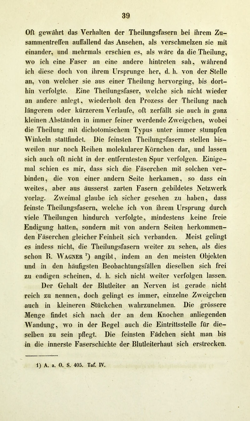 Oft gewährt das Verhalten der Theilungsfasern bei ihrem Zu- sammentreffen auffallend das Ansehen, als verschmelzen sie mit einander, und mehrmals erschien es, als wäre da die Theilung, wo ich eine Faser an eine andere hintreten sah, während ich diese doch von ihrem Ursprünge her, d. h. von der Stelle an, von welcher sie aus einer Theilung hervorging, bis dort- hin verfolgte. Eine Theilungsfaser, welche sich nicht wieder an andere anlegt, wiederholt den Prozess der Theilung nach längerem oder kürzerem Verlaufe, oft zerfällt sie auch in ganz kleinen Abständen in immer feiner werdende Zweigehen, wobei die Theilung mit dichotomischem Typus unter immer stumpfen Winkeln stattfmdet. Die feinsten Theilungsfasern stellen bis- weilen nur noch Reihen molekularer Körnchen dar, und lassen sich auch oft nicht in der entferntesten Spur verfolgen. Einige- mal schien es mir, dass sich die Fäserchen mit solchen ver- binden, die von einer andern Seite herkamen, so dass ein weites, aber aus äusserst zarten Fasern gebildetes Netzwerk vorlag. Zweimal glaube ich sicher gesehen zu haben, dass feinste Theilungsfasern, welche ich von ihrem Ursprung durch viele Theilungen hindurch verfolgte, mindestens keine freie Endigung hatten, sondern mit von andern Seiten herkommen- den Fäserchen gleicher Feinheit sich verbanden. Meist gelingt es indess nicht, die Theilungsfasern weiter zu sehen, als dies schon R. Wagner ') angibt, indem an den meisten Objekten und in den häufigsten Reobachtungsfällen dieselben sich frei zu endigen scheinen, d. h. sich nicht weiter verfolgen lassen. Der Gehalt der Rlutleiter an Nerven ist gerade nicht reich zu nennen, doch gelingt es immer, einzelne Zweigehen auch in kleineren Stückchen wahrzunehmen. Die grössere Menge findet sich nach der an dem Knochen anliegenden Wandung, wo in der Regel auch die Eintrittsstelle für die- selben zu sein pflegt. Die feinsten Fädchen sieht man bis in die innerste Faserschichte der Blutleiterhaut sich erstrecken. 1) A. a. 0. S. 405. Taf. IV.