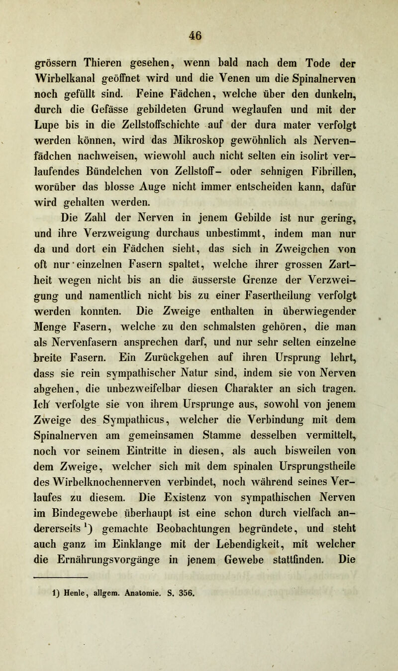 grossem Thieren gesehen, wenn bald nach dem Tode der Wirbelkanal geöffnet wird und die Venen um die Spinalnerven noch gefüllt sind. Feine Fädchen, welche über den dunkeln, durch die Gefässe gebildeten Grund weglaufen und mit der Lupe bis in die Zellstoffschichte auf der dura mater verfolgt werden können, wird das Mikroskop gewöhnlich als Nerven- fädchen nachweisen, wiewohl auch nicht selten ein isolirt ver- laufendes Bündelchen von Zellstoff- oder sehnigen Fibrillen, worüber das blosse Auge nicht immer entscheiden kann, dafür wird gehalten werden. Die Zahl der Nerven in jenem Gebilde ist nur gering, und ihre Verzweigung durchaus unbestimmt, indem man nur da und dort ein Fädchen sieht, das sich in Zweigehen von oft nur • einzelnen Fasern spaltet, welche ihrer grossen Zart- heit wegen nicht bis an die äusserste Grenze der Verzwei- gung und namentlich nicht bis zu einer Fasertheilung verfolgt werden konnten. Die Zweige enthalten in überwiegender Menge Fasern, welche zu den schmälsten gehören, die man als Nervenfasern ansprechen darf, und nur sehr selten einzelne breite Fasern. Ein Zurückgehen auf ihren Ursprung lehrt, dass sie rein sympathischer Natur sind, indem sie von Nerven abgehen, die unbezweifelbar diesen Charakter an sich tragen. Ich verfolgte sie von ihrem Ursprünge aus, sowohl von jenem Zweige des Sympathicus, welcher die Verbindung mit dem Spinalnerven am gemeinsamen Stamme desselben vermittelt, noch vor seinem Eintritte in diesen, als auch bisweilen von dem Zweige, welcher sich mit dem spinalen Ursprungstheile des Wirbelknochennerven verbindet, noch während seines Ver- laufes zu diesem. Die Existenz von sympathischen Nerven im Bindegewebe überhaupt ist eine schon dtirch vielfach an- dererseits *) gemachte Beobachtungen begründete, und steht auch ganz im Einklänge mit der Lebendigkeit, mit welcher die Ernährungsvorgänge in jenem Gewebe stattfinden. Die 1) Henle, allgem. Anatomie. S. 356.