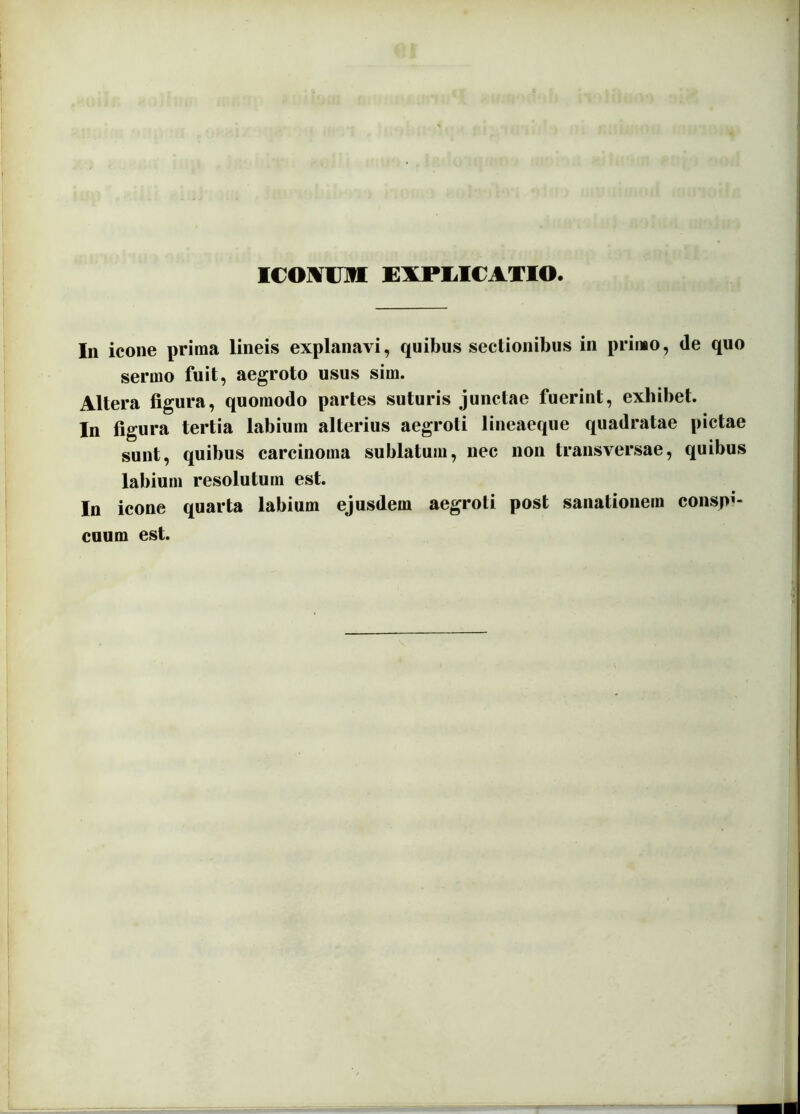 i ICOMUIW EXPMCATIO. In icone prima lineis explanavi, quibus sectionibus in primo, de quo sermo fuit, aegroto usus sim. Altera figura, quomodo partes suturis junctae fuerint, exhibet. In figura tertia labium alterius aegroti lineaeque quadratae pictae sunt, quibus carcinoma sublatum, nec non transversae, quibus labium resolutum est. In icone quarta labium ejusdem aegroti post sanationem conspl- cnum est.