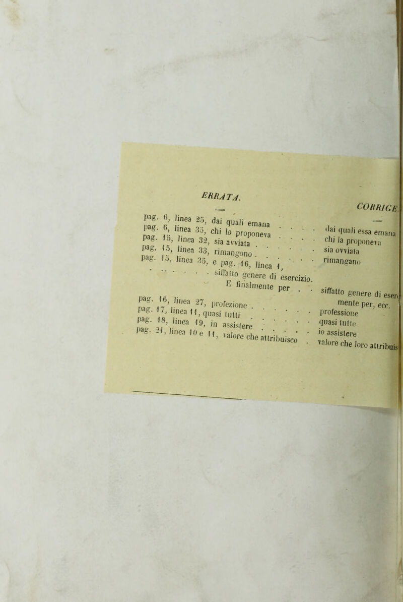 ERRATA. Pag. Pag. Pag. Pag. Pag. I’ !Ìnea 25> dai quali emana h l'»ea 33, chi lo propone™ «nea 32, sia avviata . • ; inea 33, rimangono °' hnca 3b> e Pag- 16, linea i, ' ‘ ' SliJaHo genere di ese K finalmente per ™T (7’,''ea 27' l’azione . Pag- 7, linea M qIJasi llItlj ' ’ • f9> in assistere mea I0e 11, valore che attrihuis» pag i»a, CORRIQe. 'Iai quali essa emana cffi la proponeva sia ovviata rimangano siffatto genere di esen mente per, ecc. professione quasi tutte io assistere valore che loro atlribuis