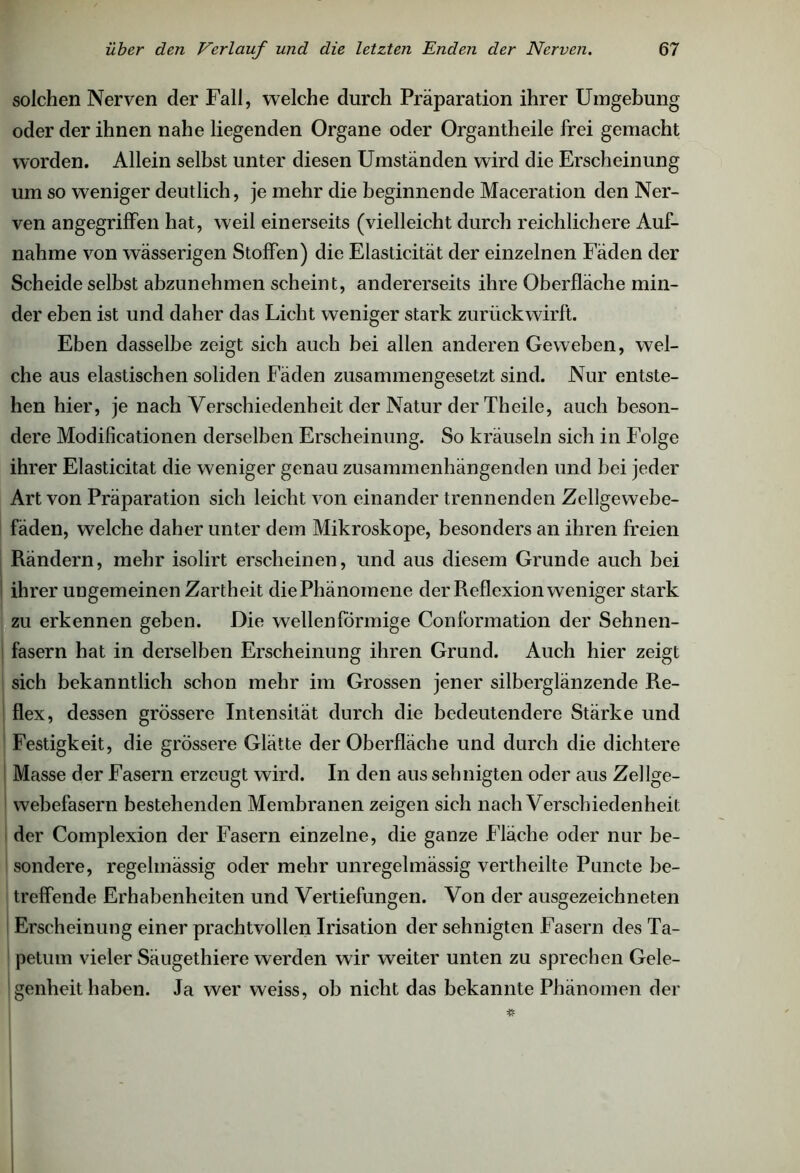 solchen Nerven der Fall, welche durch Präparation ihrer Umgebung oder der ihnen nahe liegenden Organe oder Organtheile frei gemacht worden. Allein selbst unter diesen Umständen wird die Erscheinung um so weniger deutlich, je mehr die beginnende Maceration den Ner- ven angegriffen hat, weil einerseits (vielleicht durch reichlichere Auf- nahme von wässerigen Stoffen) die Elasticität der einzelnen Fäden der Scheide selbst abzunehmen scheint, andererseits ihre Oberfläche min- der eben ist und daher das Licht weniger stark zurückwirft. Eben dasselbe zeigt sich auch bei allen anderen Geweben, wel- che aus elastischen soliden Fäden zusammengesetzt sind. Nur entste- hen hier, je nach Verschiedenheit der Natur der Theile, auch beson- dere Modificationen derselben Erscheinung. So kräuseln sich in Folge ihrer Elasticitat die weniger genau zusammenhängenden und bei jeder Art von Präparation sich leicht von einander trennenden Zellgewebe- fäden, welche daher unter dem Mikroskope, besonders an ihren freien Rändern, mehr isolirt erscheinen, und aus diesem Grunde auch bei ihrer ungemeinen Zartheit die Phänomene der Reflexion weniger stark zu erkennen geben. Die wellenförmige Conformation der Sehnen- fasern hat in derselben Erscheinung ihren Grund. Auch hier zeigt sich bekanntlich schon mehr im Grossen jener silberglänzende Re- flex, dessen grössere Intensität durch die bedeutendere Stärke und Festigkeit, die grössere Glätte der Oberfläche und durch die dichtere Masse der Fasern erzeugt wird. In den aus sehnigten oder aus Zellge- webefasern bestehenden Membranen zeigen sich nach Verschiedenheit der Complexion der Fasern einzelne, die ganze Fläche oder nur be- sondere, regelmässig oder mehr unregelmässig vertheilte Puncte be- treffende Erhabenheiten und Vertiefungen. Von der ausgezeichneten Erscheinung einer prachtvollen Irisation der sehnigten Fasern des Ta- petum vieler Säugethiere werden wir weiter unten zu sprechen Gele- genheit haben. Ja wer weiss, ob nicht das bekannte Phänomen der *