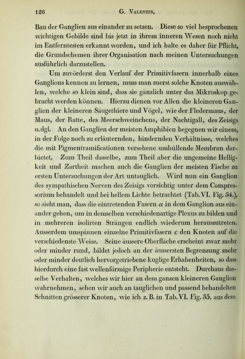 Bau der Ganglien aus einander zu setzen. Diese so viel besprochenen wichtigen Gebilde sind bis jetzt in ihrem inneren Wesen noch nicht im Entferntesten erkannt worden, und ich halte es daher für Pflicht, die Grundschemen ihrer Organisation nach meinen Untersuchungen ausführlich darzustellen. Um zuvörderst den Verlauf der Primitivfasern innerhalb eines Ganglions kennen zu lernen, muss man zuerst solche Knoten auswäh- len, welche so klein sind, dass sie gänzlich unter das Mikroskop ge- bracht werden können. Hierzu dienen vor Allen die kleineren Gan- glien der kleineren Säugethiere und Vögel, wie der Fledermaus, der Maus, der Ratte, des Meerschweinchens, der Nachtigall, des Zeisigs u.dgl. An den Ganglien der meisten Amphibien begegnen wir einem, in der Folge noch zu erläuternden, hindernden Verhältnisse, welches die mit Pigmentramificationen versehene umhüllende Membran dar- bietet. Zum Theil dasselbe, zum Theil aber die ungemeine Hellig- keit und Zartheit machen auch die Ganglien der meisten Fische zu ersten Untersuchungen der Art untauglich. Wird nun ein Ganglion des sympathischen Nerven des Zeisigs vorsichtig unter dem Compres- sorium behandelt und bei hellem Lichte betrachtet (Tab. VI. Kg-ä4-)< so sieht man, dass die eintretenden Fasern a in dem Ganglion aus ein- ander gehen, um in demselben verschiedenartige Plexus zu bilden und in mehreren isolirten Strängen endlich wiederum herauszutreten. Ausserdem umspinnen einzelne Primitivfasern c den Knoten auf die verschiedenste Weise. Seine äussere Oberfläche erscheint zwar mehr oder minder rund, bildet jedoch an der äussersten Begrenzung mehr oder minder deutlich hervorgetriebene kuglige Erhabenheiten, so dass hierdurch eine fast w ellenförmige Peripherie entsteht. Durchaus das- selbe Verhalten, welches wir hier an dem ganzen kleineren Ganglion wahrnehmen, sehen wir auch an tauglichen und passend behandelten Schnitten grösserer Knoten, wie ich z. B. in Tab. VI. Fig. 35. aus dem