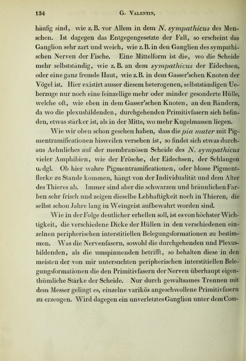 häufig sind, wie z.B. vor Allem in dem N. sympathicus des Men- schen. Ist dagegen das Entgegengesetzte der Fall, so erscheint das Ganglion sehr zart und weich, wie z.B. in den Ganglien des sympathi- schen Nerven der Fische. Eine Mittelform ist die, wo die Scheide mehr selbstständig, wie z. B. an dem sympathicus der Eidechsen, oder eine ganz fremde Haut, wie z.B. in dem Gasser’schen Knoten der Vogel ist. Hier existirt ausser diesem heterogenen, selbstständigen IJe- berzuge nur noch eine feinzellige mehr oder minder gesonderte Hülle, welche oft, wie eben in dem Gasser’schen Knoten, an den Rändern, da wo die plexusbildenden, durchgehenden Primitivfasern sich befin- den, etwas stärker ist, als in der Mitte, wo mehr Kugelmassen liegen. Wie wir oben schon gesehen haben, dass die pia mater mit Pig- mentramificationen bisweilen versehen ist, so findet sich etwas durch- aus Aehnliches auf der membranösen Scheide des N. sympathicus vieler Amphibien, wie der Frosche, der Eidechsen, der Schlangen u. dgl. Ob hier wahre Pigmentramificationen, oder blosse Pigment- flecke zu Stande kommen, hängt von der Individualität und dem Alter des Thieres ab. Immer sind aber die schwarzen und bräunlichen Far- ben sehr frisch und zeigen dieselbe Lebhaftigkeit noch in Thieren, die selbst schon Jahre lang in Weingeist aufbewahrt worden sind. Wie in derFolge deu tlicher erhellen soll, ist es von höchster Wich- tigkeit, die verschiedene Dicke der Hüllen in den verschiedenen ein- zelnen peripherischen interstitiellen Belegungsformationen zu bestim- men. Was die Nervenfasern, sowohl die durchgehenden und Plexus- bildenden, als die umspinnenden betrifft, so behalten diese in den meisten der von mir untersuchten peripherischen interstitiellen Bele- gungsformationen die den Primitivfasern der Nerven überhaupt eigen- thümliche Stärke der Scheide. Nur durch gewaltsames Trennen mit dem Messer gelingt es, einzelne varikös angescb wollene Primitivfasern zu erzeugen. Wird dagegen ein unverletztes Ganglion unter dem Com-