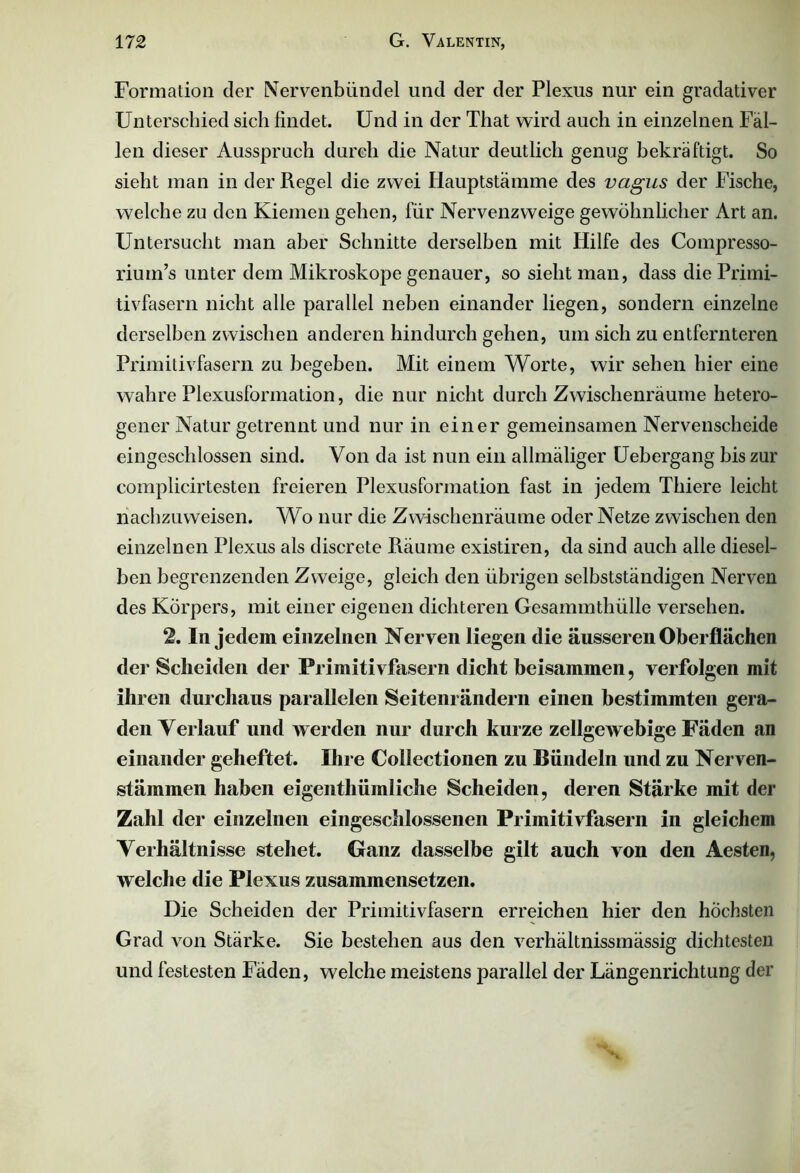 Formation der Nervenbündel und der der Plexus nur ein gradativer Unterschied sich findet. Und in der That wird auch in einzelnen Fäl- len dieser Ausspruch durch die Natur deutlich genug bekräftigt. So sieht man in der Pegel die zwei Hauptstämme des vagus der Fische, welche zu den Kiemen gehen, für Nervenzweige gewöhnlicher Art an. Untersucht man aber Schnitte derselben mit Hilfe des Compresso- rium’s unter dem Mikroskope genauer, so sieht man, dass die Primi- tivfasern nicht alle parallel neben einander liegen, sondern einzelne derselben zwischen anderen hindurch gehen, um sich zu entfernteren Primitivfasern zu begeben. Mit einem Worte, wir sehen hier eine wahre Plexusformation, die nur nicht durch Zwischenräume hetero- gener Natur getrennt und nur in einer gemeinsamen Nervenscheide eingeschlossen sind. Von da ist nun ein allmäliger Uebergang bis zur complicirtesten freieren Plexusformation fast in jedem Thiere leicht nachzuweisen. Wo nur die Zwischenräume oder Netze zwischen den einzelnen Plexus als discrete Päume existiren, da sind auch alle diesel- ben begrenzenden Zweige, gleich den übrigen selbstständigen Nerven des Körpers, mit einer eigenen dichteren Gesammtliülle versehen. 2. In jedem einzelnen Nerven liegen die äusseren Oberflächen der Scheiden der Primitivfasern dicht beisammen, verfolgen mit ihren durchaus parallelen Seitenrändern einen bestimmten gera- den Verlauf und werden nur durch kurze zellgewebige Fäden an einander geheftet. Ihre Collectionen zu Bündeln und zu Nerven- stämmen haben eigenthüinliche Scheiden, deren Stärke mit der Zahl der einzelnen eingeschlossenen Primitivfasern in gleichem Verhältnisse stehet. Ganz dasselbe gilt auch von den Aesten, welche die Plexus zusammensetzen. Die Scheiden der Primitivfasern erreichen hier den höchsten Grad von Stärke. Sie bestehen aus den verhältnissmässig dichtesten und festesten Fäden, welche meistens parallel der Längenrichtung der