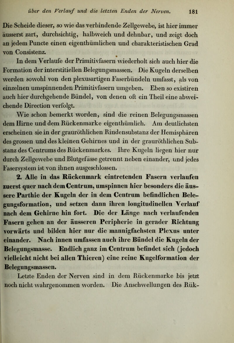 Die Scheide dieser, so wie das verbindende Zellgewebe, ist hier immer äusserst zart, durchsichtig, halbweich und dehnbar, und zeigt doch an jedem Puncte einen eigenthümlichen und charakteristischen Grad von Consistenz. In dem Verlaufe der Primitivfasern wiederholt sich auch hier die Formation der interstitiellen Belegungsmassen. Die Kugeln derselben werden sowohl von den plexusartigen Faserbündeln umfasst, als von einzelnen umspinnenden Primitivfasern umgeben. Eben so existiren auch hier durchgehende Bündel, von denen oft ein Theil eine abwei- chende Direction verfolgt. Wie schon bemerkt worden, sind die reinen Belegungsmassen dem Hirne und dem Bückenmarke eigenthümlich. Am deutlichsten erscheinen sie in der grauröthlichen Bindensubstanz der Hemisphären des grossen und des kleinen Gehirnes und in der grauröthlichen Sub- stanz des Centrums des Bückenmarkes. Ihre Kugeln liegen hier nur durch Zellgewebe und Blutgefässe getrennt neben einander, und jedes Fasersystem ist von ihnen ausgeschlossen. 2. Alle in das Rückenmark eintretenden Fasern verlaufen zuerst quer nach dem Centrum, umspinnen hier besonders die äus- sere Parthie der Kugeln der in dem Centrum befindlichen Bele- gungsformation, und setzen dann ihren longitudinellen Verlauf nach dem Gehirne hin fort. Die der Länge nach verlaufenden Fasern gehen an der äusseren Peripherie in gerader Richtung vorwärts und bilden hier nur die mannigfachsten Plexus unter einander. Nach innen umfassen auch ihre Bündel die Kugeln der Belegungsmasse. Endlich ganz im Centrum befindet sich (jedoch vielleicht nicht bei allen Tliieren) eine reine Kugelformation der Belegungsmassen. Letzte Enden der Nerven sind in dem Rückenmarke bis jetzt noch nicht wahrgenommen worden. Die Anschwellungen des Biik-