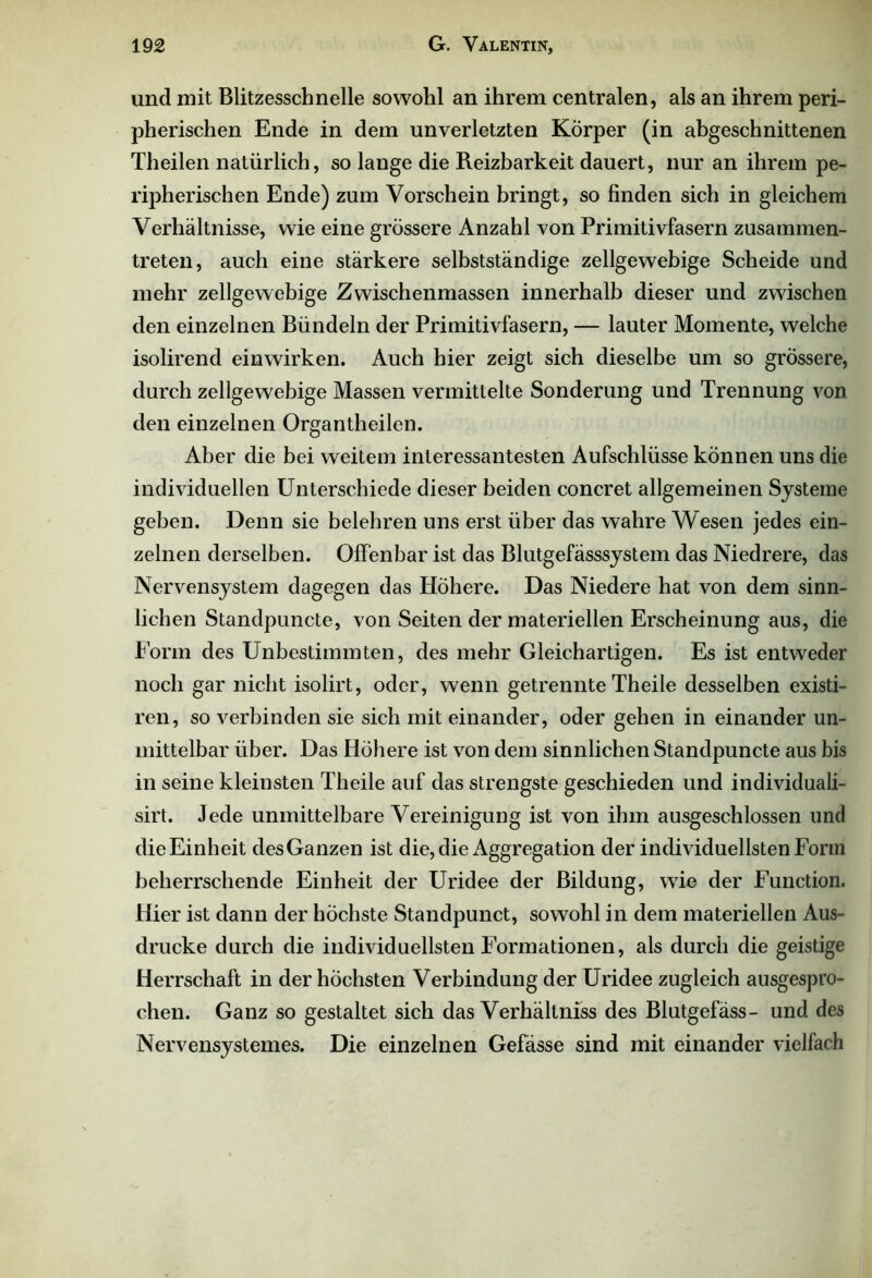 und mit Blitzesschnelle sowohl an ihrem centralen, als an ihrem peri- pherischen Ende in dem unverletzten Körper (in abgeschnittenen Theilen natürlich, so lange die Reizbarkeit dauert, nur an ihrem pe- ripherischen Ende) zum Vorschein bringt, so finden sich in gleichem Verhältnisse, wie eine grössere Anzahl von Primitivfasern zusammen- treten, auch eine stärkere selbstständige zellgewebige Scheide und mehr zellgewebige Zwischenmassen innerhalb dieser und zwischen den einzelnen Bündeln der Primitivfasern, — lauter Momente, welche isolirend einwirken. Auch hier zeigt sich dieselbe um so grössere, durch zellgewebige Massen vermittelte Sonderung und Trennung von den einzelnen Organtheilen. Aber die bei weitem interessantesten Aufschlüsse können uns die individuellen Unterschiede dieser beiden concret allgemeinen Systeme geben. Denn sie belehren uns erst über das wahre Wesen jedes ein- zelnen derselben. Offenbar ist das Blutgefässsystem das Niedrere, das Nervensystem dagegen das Höhere. Das Niedere hat von dem sinn- lichen Standpuncte, von Seiten der materiellen Erscheinung aus, die Form des Unbestimmten, des mehr Gleichartigen. Es ist entweder noch gar nicht isolirt, oder, wenn getrennte Theile desselben existi- ren, so verbinden sie sich mit einander, oder gehen in einander un- mittelbar über. Das Höhere ist von dem sinnlichen Standpuncte aus bis in seine kleinsten Theile auf das strengste geschieden und individuali- sirt. Jede unmittelbare Vereinigung ist von ihm ausgeschlossen und die Einheit des Ganzen ist die, die Aggregation der individuellsten Form beherrschende Einheit der Uridee der Bildung, wie der Function. Hier ist dann der höchste Standpunct, sowohl in dem materiellen Aus- drucke durch die individuellsten Formationen, als durch die geistige Herrschaft in der höchsten Verbindung der Uridee zugleich ausgespro- chen. Ganz so gestaltet sich das Verhältniss des Blutgefäss- und des Nervensystemes. Die einzelnen Gefässe sind mit einander vielfach