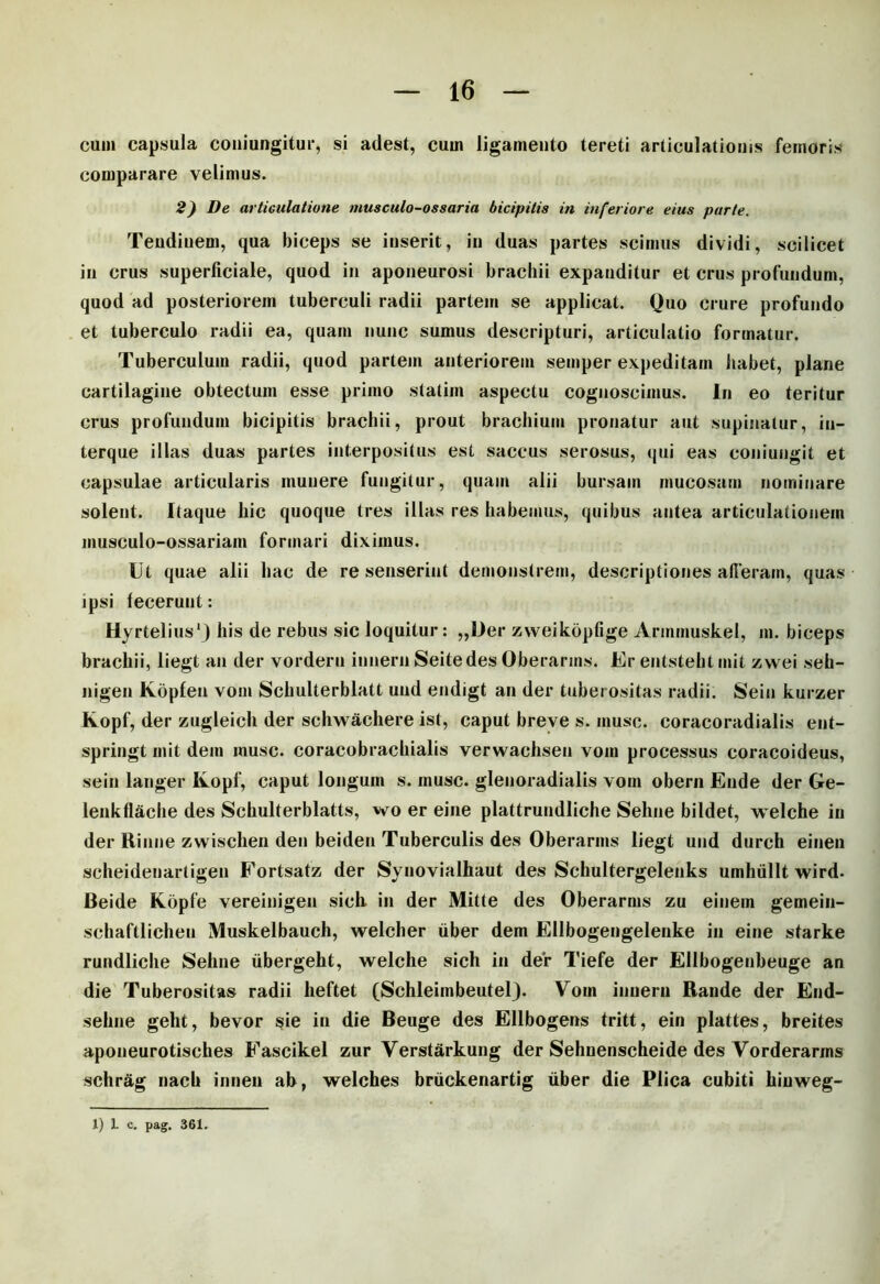 cum capsula coniungitur, si adest, cum ligamento tereti articulationis femoris comparare velimus. 2) De articulatione musculo-ossaria bicipitis in inferiore eius parte. Teudiuem, qua biceps se inserit, in duas partes scimus dividi, scilicet in crus superficiale, quod in aponeurosi brachii expanditur et crus profundum, quod ad posteriorem tuberculi radii partem se applicat. Quo crure profundo et tuberculo radii ea, quam nunc sumus descripturi, articulatio formatur. Tuberculum radii, quod partem anteriorem semper expeditam liabet, plane cartilagine obtectum esse primo statim aspectu cognoscimus. In eo teritur crus profundum bicipitis brachii, prout bracilium pronatur aut supinatur, in- terque illas duas partes interpositus est saccus serosus, qui eas coniungit et capsulae articularis munere fungitur, quam alii bursam mucosam nominare solent. Itaque hic quoque tres illas res habemus, quibus antea articulationem musculo-ossariam formari diximus. Ut quae alii hac de re senserint demonstrem, descriptiones afferam, quas ipsi fecerunt: Hyrtelius1) his de rebus sic loquitur: „Oer zweikbpfige Armmuskel, m. biceps brachii, liegt an der vordern iniiern Seitedes Gberarms. Er entstebt mit zwei seh- nigen Kopfen vom Schulterblatt uud endigt an der tuberositas radii. Sein kurzer Kopf, der zugleich der schwachere ist, caput breve s. musc. coracoradialis ent- springt mit dem musc. coracobrachialis verwachsen vom processus coracoideus, sein langer Kopf, caput longum s. musc. glenoradialis vom obern Ende der Ge- lenkflache des Schulterblatts, wo er eine plattrundliche Sehne bildet, welche in der Rinne zwischen den beiden Tuberculis des Oberarms liegt uud durch einen scheidenartigen Fortsatz der Synovialhaut des Schultergelenks umhiillt wird- Beide Kdpfe vereinigen sich in der Mitte des Oberarms zu einem gemein- schaftlichen Muskelbauch, welcher uber dem Ellbogengelenke in eine starke rundliche Sehne iibergeht, welche sich in der Tiefe der Ellbogenbeuge an die Tuberositas radii heftet (Schleimbeutel). Vom innem Rande der End- sehne geht, bevor sie in die Beuge des Ellbogens tritt, ein plattes, breites aponeurotisches Fascikel zur Verstarkung der Sehnenscheide des Vorderarms schr&g nach in neu ab, welches briickenartig iiber die Plica cubiti hinweg-