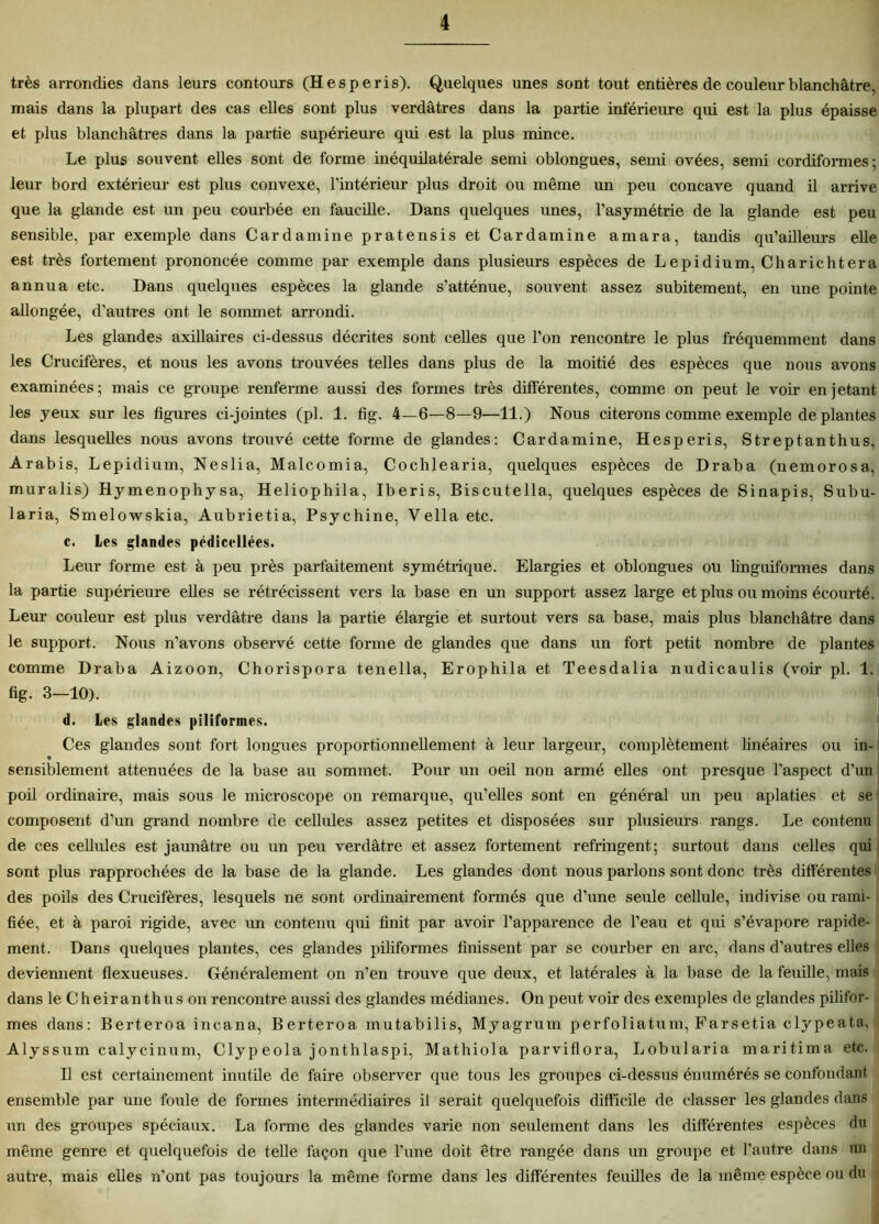 très arrondies dans leurs contours (H es péris). Quelques unes sont tout entières de couleur blanchâtre, mais dans la plupart des cas elles sont plus verdâtres dans la partie inférieure qui est la plus épaisse et plus blanchâtres dans la partie supérieure qui est la plus mince. Le plus souvent elles sont de forme inéquilatérale semi oblongues, semi ovées, semi cordiformes; leur bord extérieur est plus convexe, l’intérieur plus droit ou même un peu concave quand il arrive que la glande est un peu courbée en faucille. Dans quelques unes, l’asymétrie de la glande est peu sensible, par exemple dans Car dam in e pratensis et Cardamine amara, tandis qu’ailleurs elle est très fortement prononcée comme par exemple dans plusieurs espèces de Lepidium, Charichtera annua etc. Dans quelques espèces la glande s’atténue, souvent assez subitement, en une pointe aEongée, d’autres ont le sommet arrondi. Les glandes axillaires ci-dessus décrites sont ceUes que l’on rencontre le plus fréquemment dans les Crucifères, et nous les avons trouvées telles dans plus de la moitié des espèces que nous avons examinées; mais ce groupe renferme aussi des formes très différentes, comme on peut le voir en jetant les yeux sur les figures ci-jointes (pl. 1. fig. 4—6—8—-9—11.) Nous citerons comme exemple de plantes dans lesqueEes nous avons trouvé cette forme de glandes: Cardamine, Hesperis, Streptanthus, Arabis, Lepidium, Neslia, Malcomia, Cochlearia, quelques espèces de Draba (nemorosa, muralis) Hymenophysa, Heliophila, Iberis, Biscutella, quelques espèces de Sinapis, Subu- laria, Smelowskia, Aubrietia, Psychine, Vellaetc. c. Les glandes pédiccllées. Leur forme est à peu près parfaitement symétrique. Elargies et oblongues ou linguiformes dans la partie supérieure eUes se rétrécissent vers la base en un support assez large et plus ou moins écourté. Leur couleur est plus verdâtre dans la partie élargie et surtout vers sa base, mais plus blanchâtre dans le support. Nous n’avons observé cette forme de glandes que dans un fort petit nombre de plantes comme Draba Aizoon, Chorispora tenella, Erophila et Teesdalia nudicaulis (voir pl. 1. fig. 3—10). d. Les glandes piliformes. Ces glandes sont fort longues proportionneEement à leur largeur, complètement linéaires ou in- ♦ sensiblement atténuées de la base au sommet. Pour un oeil non armé elles ont presque l'aspect d’un poil ordinaire, mais sous le microscope on remarque, qu’elles sont en général un peu aplaties et se composent d’un grand nombre de cellules assez petites et disposées sur plusieurs rangs. Le contenu de ces ceUules est jaunâtre ou un peu verdâtre et assez fortement réfringent; surtout dans celles qui sont plus rapprochées de la base de la glande. Les glandes dont nous parlons sont donc très différentes des poils des Crucifères, lesquels ne sont ordinairement formés que d’une seule cellule, indivise ou rami- fiée, et à paroi rigide, avec un contenu qui finit par avoir l’apparence de l’eau et qui s’évapore rapide- ment. Dans quelques plantes, ces glandes piliformes finissent par se courber en arc, dans d’autres elles deviennent flexueuses. Généralement on n’en trouve que deux, et latérales à la base de la feuille, mais dans le Cheiranthus on rencontre aussi des glandes médianes. On peut voir des exemples de glandes pilifor- mes dans: Berteroa incana, Berteroa mutabilis, Myagrum perfoliatum, Farsetia clypeata, Alyssum calycinum, Clyp eola jonthlaspi, Mathiola parviflora, Lobularia maritima etc. Il est certainement inutile de faire observer que tous les groupes ci-dessus énumérés se confondant ensemble par une foule de formes intermédiaires il serait quelquefois difficile de classer les glandes dans un des groupes spéciaux. La forme des glandes varie non seulement dans les différentes espèces du même genre et quelquefois de teEe façon que l'une doit être rangée dans un groupe et l’autre dans un autre, mais elles n’ont pas toujours 1a. même forme dans les différentes feuüles de la même espèce ou du