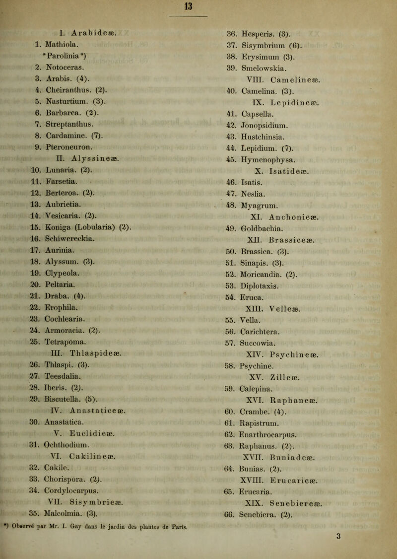 I. Arabideæ. 1. Mathiola. * Parolinia *) 2. Notoceras. 3. Arabis. (4). 4. Cheiranthus. (2). 5. Nasturtium. (3). 6. Barbarea. (2). 7. Streptanthus. 8. Cardamine. (7). 9. Pteroneuron. II. Alyssineæ. 10. Lunaria. (2). 11. Farsetia. 12. Berteroa. (2). 13. Aubrietia. 14. Yesicaria. (2). 15. Koniga (Lobularia) (2). 16. Schiwereckia. 17. Aurinia. 18. Alyssum. (3). 19. Clypeola. 20. Peltaria. 21. Draba. (4). 22. Erophila. 23. Cochlearia. 24. Armoracia. (2). 25. Tetrapoma. III. Thlaspideæ. 26. Thlaspi. (3). 27. Teesdalia. 28. Iberis. (2). 29. Biscutella. (5). IV. Anastaticeæ. 30. Anastatica. V. Euclidieæ. 31. Ochthodium. VI. Cakilineæ. 32. Cakile. 33. Chorispora. Ç2). 34. Cordylocarpus. VII. Sisymbrieœ. 35. Malcolmia. (3). *) Observé par Mr. I. Gay dans le jardin des plantes 36. Hesperis. (3). 37. Sisymbrium (6). 38. Erysimum (3). 39. Smelowskia. VIII. Camelineæ. 40. Camelina. (3). IX. Lepidineæ. 41. Capsella. 42. Jonopsidium. 43. Hustchinsia. 44. Lepidium. (7). 45. Hymenophysa. X. Isatideæ. 46. Isatis. 47. Neslia. 48. Myagrum. XI. Anchonieæ. 49. Goldbacbia. XII. Brassiceæ. 50. Brassica. (3). 51. Sinapis. (3). 52. Moricandia. (2). 53. Diplotaxis. 54. Eruca. XIII. Velleæ. 55. Vella. 56. Carichtera. 57. Succowia. XIV. Psychineæ. 58. Psychine. XV. Zilleæ. 59. Calepina. XVI. Raphaneæ. 60. Oarnbe. (4). 61. Rapistrum. 62. Enarthrocarpus. 63. Raphanus. (2). XVII. Buniadeæ. 64. Bmiias. (2). XVm. Erucarieæ. 65. Erucaria. XIX. Senebiereæ. 66. Senebiera. (2). Paris. 3