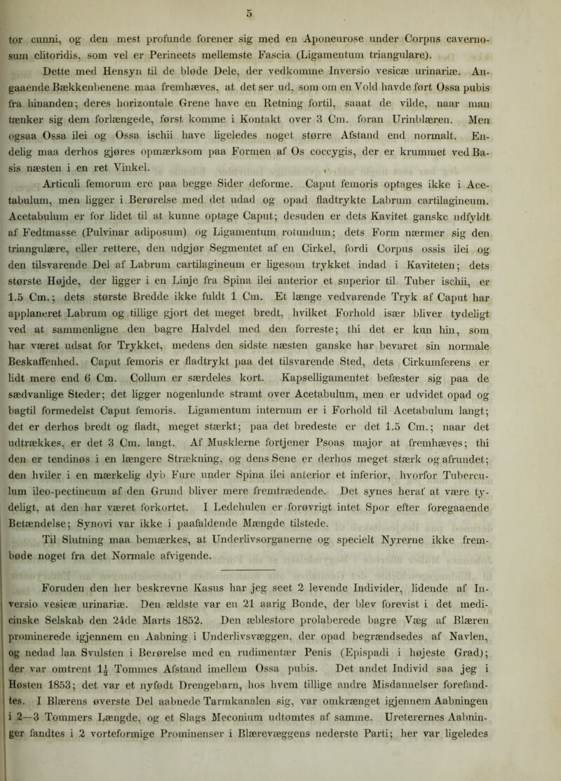 tor eunni, og den mest profunde forener sig med en Aponeurose under Corpus caverno- sum clitoridis, som vel er Perineets mellemste Fascia (Ligamentum triangulare). Dette med Hensyn til de bløde Dele, der vedkomme Inversio vesicæ urinariæ. An- gaaende Bækkenbenene maa fremhæves, at det ser ud, som om en Vold havde ført Ossa pubis fra hinanden; deres horizontale Grene have en Retning fortil, saaat de vilde, naar man tænker sig dem forlængede, først komme i Kontakt over 3 Cm. foran Urinblæren. Men ogsaa Ossa ilei og Ossa ischii have ligeledes noget større Afstand end normalt. En- delig maa derhos gjøres opmærksom paa Formen af Os coccygis, der er krummet ved Ba- sis næsten i en ret Vinkel. , Articuli femoruin ere paa begge Sider deforme. Caput femoris optages ikke i Ace- tabulum, men ligger i Berørelse med det udad og opad fladtrykte Labrum cartilagineum. Acetabulum er for lidet til at kunne optage Caput; desuden er dets Kavitet ganske udfyldt af Fedtmasse (Pulvinar adiposum) og Ligamentum rotundum; dets Form nærmer sig den triangulære, eller rettere, den udgjør Segmentet af en Cirkel, fordi Corpus ossis ilei og den tilsvarende Del af Labrum cartilagineum er ligesom trykket indad i Kaviteten; dets største Højde, der ligger i en Linje fra Spina ilei anterior et superior til Tuber ischii, er 1.5 Cm.; dets største Bredde ikke fuldt 1 Cm. Et længe vedvarende Tryk af Caput har applaneret Labrum og tillige gjort det meget bredt, hvilket Forhold især bliver tydeligt ved at sammenligne den bagre Halvdel med den forreste; thi det er kun hin, som har været udsat for Trykket, medens den sidste næsten ganske har bevaret sin normale Beskaffenhed. Caput femoris er fladtrykt paa det tilsvarende Sted, dets Cirkumferens er lidt mere end G Cm. Collum er særdeles kort. Kapselligamentet befæster sig paa de sædvanlige Steder; det ligger nogenlunde stramt over Acetabulum, men er udvidet opad og bagtil formedelst Caput femoris. Ligamentum internum er i Forhold til Acetabulum langt; det er derhos bredt og fladt, meget stærkt; paa det bredeste er det 1.5 Cm.; naar det udtrækkes, er det 3 Cm. langt. Af Musklerne fortjener Psoas major at fremhæves; thi den er tendinøs i en længere Strækning, og dens Sene er derhos meget stærk og afrundet; den hviler i en mærkelig dyb Fure under Spina ilei anterior et inferior, hvorfor Tubercu- lum ileo-pectineum af den Grund bliver mere fremtrædende. Det synes heraf at være ty- deligt, at den har været forkortet. I Ledelinien er forøvrigt intet Spor efter foregaaende Betændelse; Synovi var ikke i paafaldende Mængde tilstede. Til Slutning maa bemærkes, at Underlivsorganerne og specielt Nyrerne ikke frem- bøde noget fra det Normale afvigende. Foruden den her beskrevne Kasus har jeg seet 2 levende Individer, lidende af In- versio vesicæ urinariæ. Den ældste var en 21 aarig Bonde, der blev forevist i det medi- cinske Selskab den 24de Marts 1852. Den reblestore prolaberede bagre Væg af Blæren prominerede igjennem en Aabning i Underlivsvæggen, der opad begrændsedes af Navlen, og nedad laa Svulsten i Berørelse med en rudimentær Penis (Epispadi i højeste Grad); der var omtrent 1£ Tommes Afstand imellem Ossa pubis. Det andet Individ saa jeg i Høsten 1853; det var et nyfødt Drengebarn, hos hvem tillige andre Misdannelser forefand- tes. I Blærens øverste Del aabnede Tarmkanalen sig, var omkrænget igjennem Aabningen i 2—3 Tommers Længde, og et Slags Meconium udtømtes af samme. Ureterernes Aabnin-