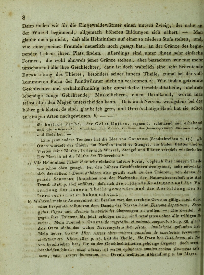 Dann linden wir für die Eingeweidewürmer einen untern Zweig, der nahe an der Wurzel beginnend, allgemach höheren Bildungen sich nähert. — Man glaube doch ja nicht, dafs alle Helminthen auf einer so niedern Stufe stehen, und, wie einer meiner Freunde neuerlich noch gesagt hat., an der Gränze des begin- nenden Lebens ihren Platz finden. Allerdings sind unter ihnen sehr einfache Formen, die wohl ohnweit jener Gränze stehen5 aber betrachten wir nur mehr uraschauend alle ihre Geschlechter, dann ist doch wahrlich eine sehr bedeutende Entwickelung des Thieres , besonders seiner innern Theile, zumal bei der voll- kommneren Form der Rundwürmer nicht zu verkennen.«») Wir finden getrennte Geschlechter und verhältnifsmäfsig sehr entwickelte Geschlechtstheile, mehrere lebendige Junge Gebährende, Muskelfiebern, einen Darmkanal, woran mar selbst öfter den Magen unterscheiden kann. Dafs auch Nerven, wenigstens bei der, höher gebildeten, da sind, glaube ich gern, und Ottö’s thätige Hand hat sie schoti an einigen Arten nach gewiesen, b) — _ j aJe heilige Taube, der Geist Gottes, segnend, schützend und erhaltend lind die e*—1,1.,^ C„„„„ Ji.., XJaumca Lebei \md Gedeihen. — Eine ganz andere Tendenz hat die Idee von Goldfuss (Sendschreiben p. 17,): „Ii, Osten wurzelt das Thier, itn Norden treibt es Stengel, im Süden Blätter und in, Westen seine Blüthe , in der sich Wurzel, Stengel und Blätter veredelt wiederholen' Mensch ist die Blüthe des Thierreichs.“ a) Alle Helminthen haben eine sehr einfache äufsere Form, obgleich ihre inneren Theile ^ wie schon oben gesagt, bei den hohem Geschlechtern wenigstens, sehr entwiche] > sich dar stellen. Diese gehören also gewifs auch zu den Thieren, von denen, de f geniale Schubert (Ansichten von der Nachtseite der Naturwissenschaft ate Auf \ Dresd. 1818. p. 264) anführt, dafs sich die bildende Kraft ganz auf die Vol# lendung der innern Theile gewendet un(^ die A u s b il d u n g d e r äii [ s er n v e r s ä u mt zu hab e n s che in t. b) Während meiner Anwesenheit in Breslau war der verehrte Otto so gütig, mich durc I seine Präparate selbst von dem Dasein der Nerven beim Distoma hepaticum, Strof ' gylus Gigas und Ascaris lumbricoides überzeugen zu wollen. — Die Zweifel, dij gegen ihre Existenz bis jetzt erhoben sind , sind wenigstens ohne alle triftigen B» > weise. Mein Freund v, Olfers de vegetativ, et animat. corporib. etc. p. 58- glaub ■ tlafs Otto nicht das wahre Nervensystem bei Ascar. lumbricoid. gefunden hab Mein lieber Gaede Diss. sistens observationes quasdam de insectorum vermiumq\u stnictura etc. Kiliae. 1817. p. i3- hält die Theile, die O'M'o bei Bist, hepat. als Ne ven beschrieben hat, für zu den Geschlechtslheilen gehörige Organej doch setzt 1 bescheiden hinzu: absit autem, ut meam opinionem omnino certam fixamque exisi ■ mem; nam: errare humanum. — Otto’s treffliche Abhandlung s. im Magaz. :