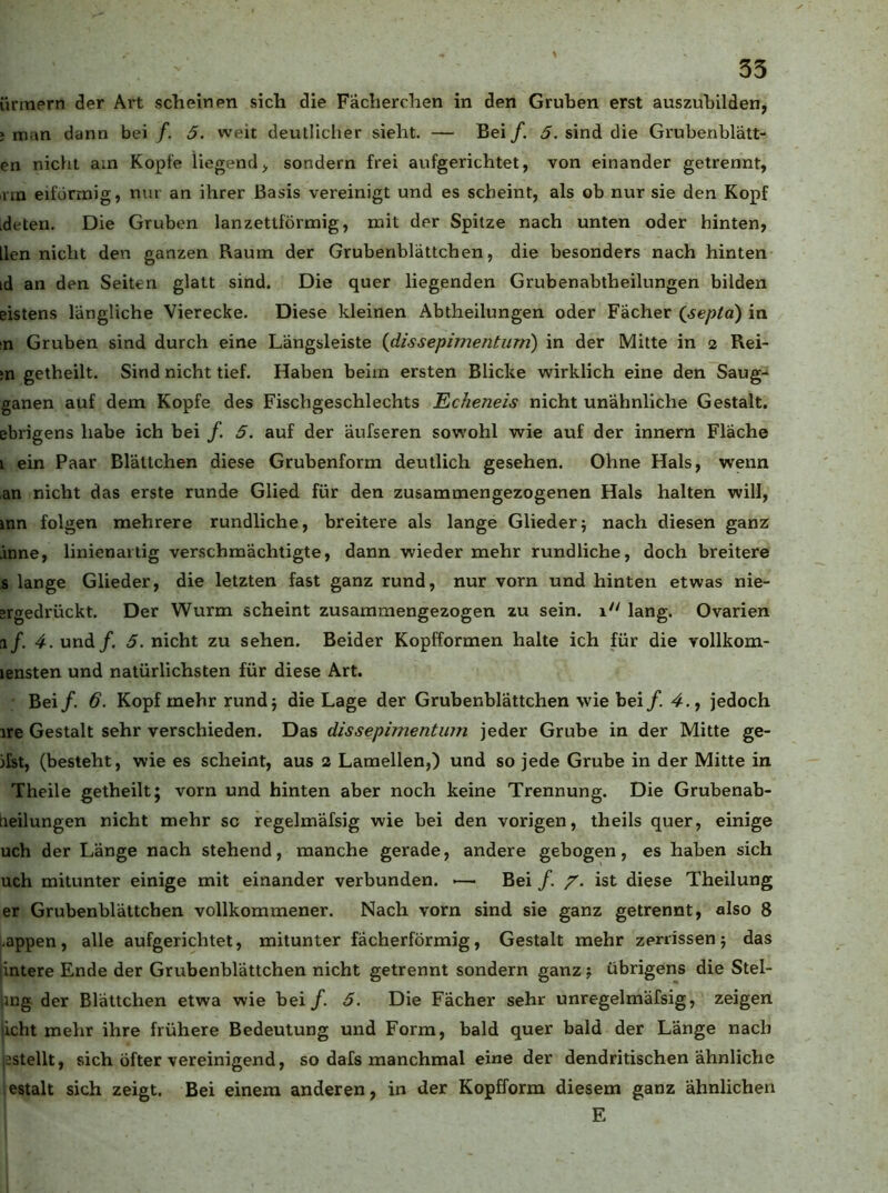 ürtnern der Art scheinen sich die Fächerchen in den Gruben erst auszuhilden, ; man dann bei /. 5. weit deutliclier sieht. — Bei /. 5. sind die Grubenblätt- en nicht am Kopfe liegend^ sondern frei aufgerichtet, von einander getrennt, rm eiförmig, nur an ihrer Basis vereinigt und es scheint, als ob nur sie den Kopf »deten. Die Gruben lanzettförmig, mit der Spitze nach unten oder hinten, llen nicht den ganzen Raum der Grubenblättchen, die besonders nach hinten id an den Seiten glatt sind. Die quer liegenden Grubenabtheilungen bilden eistens längliche Vierecke. Diese kleinen Abtheilungen oder Fächer (septa) in tn Gruben sind durch eine Längsleiste (^dissepimenturn) in der Mitte in 2 Rei- ;n getheilt. Sind nicht tief. Haben beim ersten Blicke wirklich eine den Saug- ganen auf dem Kopfe des Fischgeschlechts Echeneis nicht unähnliche Gestalt, ebrigens habe ich bei /. 5. auf der äufseren sowohl wie auf der innern Fläche i ein Paar Blättchen diese Grubenform deutlich gesehen. Ohne Hals, wenn an nicht das erste runde Glied für den zusammengezogenen Hals halten will, mn folgen mehrere rundliche, breitere als lange Glieder; nach diesen ganz Anne, linienartig verschmächtigte, dann wieder mehr rundliche, doch breitere s lange Glieder, die letzten fast ganz rund, nur vorn und hinten etwas nie- srgedrückt. Der Wurm scheint zusammengezogen zu sein. 1 lang. Ovarien 1/. 4. und/. 5. nicht zu sehen. Beider Kopfformen halte ich für die vollkom- lensten und natürlichsten für diese Art. Bei/. 6. Kopf mehr rund; die Lage der Grubenblättchen wie bei/. 4., jedoch ire Gestalt sehr verschieden. Das dissepimentum jeder Grube in der Mitte ge- ilst, (besteht, wie es scheint, aus 2 Lamellen,) und so jede Grube in der Mitte in Theile getheilt; vorn und hinten aber noch keine Trennung. Die Grubenab- äeilungen nicht mehr sc regelmäfsig wie bei den vorigen, theils quer, einige uch der Länge nach stehend, manche gerade, andere gebogen, es haben sich uch mitunter einige mit einander verbunden. ^— Bei /. /. ist diese Theilung er Grubenblättchen vollkommener. Nach vorn sind sie ganz getrennt, also 8 -appen, alle aufgerichtet, mitunter fächerförmig. Gestalt mehr zerrissen; das jintere Ende der Grubenblättchen nicht getrennt sondern ganz; übrigens die Stel- mg der Blättchen etwa wie bei/. 6. Die Fächer sehr unregelmäfsig, zeigen |icht mehr ihre frühere Bedeutung und Form, bald quer bald der Länge nach ;estellt, sich öfter vereinigend, so dafs manchmal eine der dendritischen ähnliche iestalt sich zeigt. Bei einem anderen, in der Kopfform diesem ganz ähnlichen E
