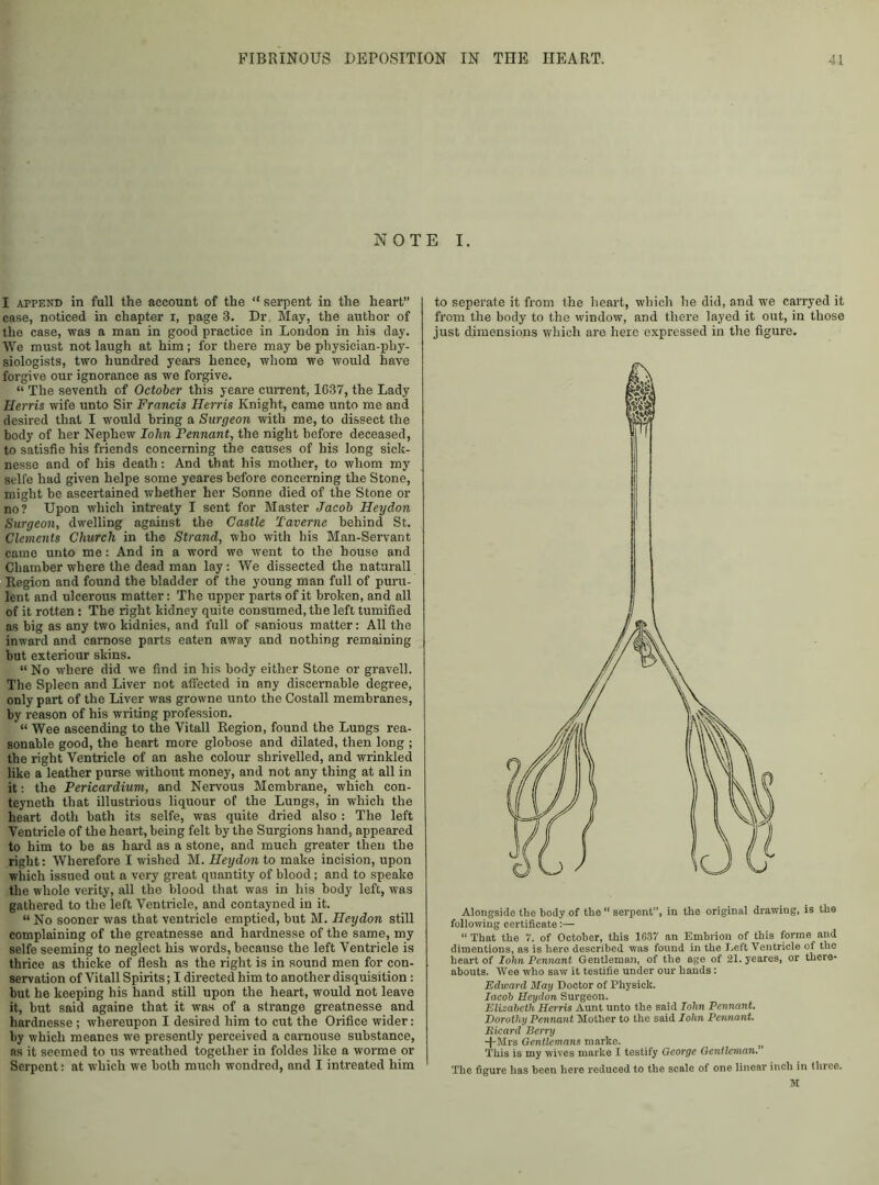 NOTE I. I append in full the account of the “ serpent in the heart” case, noticed in chapter i, page 3. Dr. May, the author of the case, was a man in good practice in London in his day. We must not laugh at him; for there may be physician-phy- siologists, two hundred years hence, whom we would have forgive our ignorance as we forgive. “ The seventh of October this yeare current, 1637, the Lady Eerris wife unto Sir Francis Flerris Knight, came unto me and desired that I would bring a Surgeon with me, to dissect the body of her Nephew Iohn Pennant, the night before deceased, to satisfie his friends concerning the causes of his long sick- nesse and of his death: And that his mother, to whom my selfe had given helpe some yeares before concerning the Stone, might be ascertained whether her Sonne died of the Stone or no? Upon which intreaty I sent for Master Jacob Heydon Surgeon, dwelling against the Castle Taverne behind St. Clements Church in the Strand, who with his Man-Servant came unto me: And in a word we went to the house and Chamber where the dead man lay: We dissected the naturall Region and found the bladder of the young man full of puru- lent and ulcerous matter: The upper parts of it broken, and all of it rotten: The right kidney quite consumed, the left tumified as big as any two kidnies, and full of sanious matter: All the inward and carnose parts eaten away and nothing remaining but exteriour skins. “No where did we find in his body either Stone or gravel]. The Spleen and Liver not affected in any discernable degree, only part of the Liver was growne unto the Costall membranes, by reason of his writing profession. “ Wee ascending to the Vitall Region, found the LuDgs rea- sonable good, the heart more globose and dilated, then long ; the right Ventricle of an ashe colour shrivelled, and wrinkled like a leather purse without money, and not any thing at all in it: the Pericardium, and Nervous Membrane, which con- teyneth that illustrious liquour of the Lungs, in which the heart doth bath its selfe, was quite dried also : The left Ventricle of the heart, being felt by the Surgions hand, appeared to him to be as hard as a stone, and much greater then the right: Wherefore I wished M. Heydon to make incision, upon which issued out a very great quantity of blood; and to speake the whole verity, all the blood that was in his body left, was gathered to the left Ventricle, and contayned in it. “ No sooner was that ventricle emptied, but M. Heydon still complaining of the greatnesse and hardnesse of the same, my selfe seeming to neglect his words, because the left Ventricle is thrice as thicke of flesh as the right is in sound men for con- servation of Vitall Spirits; I directed him to another disquisition: but he keeping his hand still upon the heart, would not leave it, but said againe that it was of a strange greatnesse and hardnesse ; whereupon I desired him to cut the Orifice wider: by which meanes we presently perceived a carnouse substance, as it seemed to us wreathed together in foldes like a worme or Serpent: at which we both much wondred, and I intreated him to seperate it from the heart, which he did, and we carryed it from the body to the window, and there layed it out, in those just dimensions which are here expressed in the figure. Alongside the body of the  serpent”, in the original drawing, is the following certificate “ That the 7. of October, this 1637 an Embriou of this forme and dimentions, as is here described was found in the 1 eft Ventricle of the heart of Iohn Pennant Gentleman, of the age of 21. yeares, or there- abouts. Wee who saw it testifie under our hands: Edward May Doctor of Physick. Iacob Heydon Surgeon. Elizabeth Herris Aunt unto the said Iohn Pennant. Dorothy Pennant Mother to the said Iohn Pennant. Picard Berry -J-Mrs Gentlemans marke. This is my wives marke I testify George Gentleman. The figure has been here reduced to the scale of one linear inch in three.