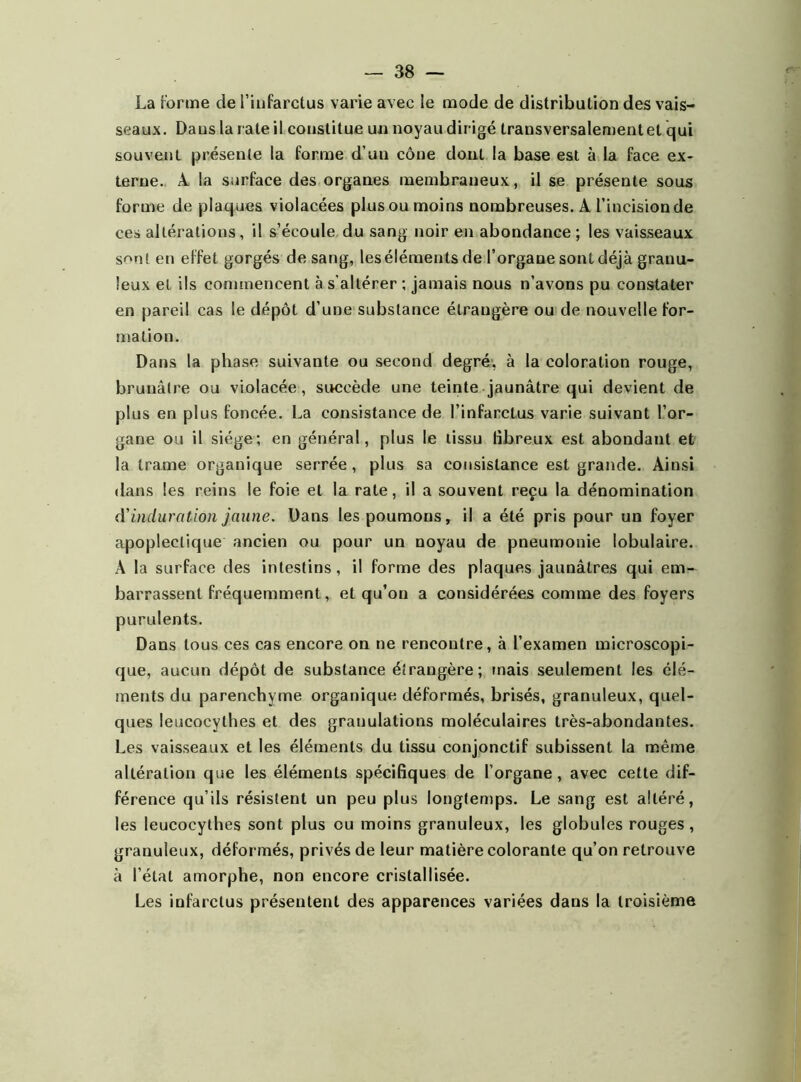 La forme de l'infarctus varie avec le mode de distribution des vais- seaux. Dans la rate il constitue un noyau dirigé transversalement et qui souvent présente la forme d’un cône dont la base est à la face ex- terne. A. la surface des organes membraneux, il se présente sous forme de plaques violacées plus ou moins nombreuses. A l’incision de ces altérations, il s’écoule du sang noir en abondance; les vaisseaux sont en effet gorgés de sang, les éléments de l’organe sont déjà granu- leux et ils commencent à s’altérer ; jamais nous n’avons pu constater en pareil cas le dépôt d’une substance étrangère ou de nouvelle for- mation. Dans la phase suivante ou second degré, à la coloration rouge, brunâtre ou violacée, succède une teinte jaunâtre qui devient de plus en plus foncée. La consistance de l’infarctus varie suivant l’or- gane ou il siège; en général, plus le tissu fibreux est abondant et la trame organique serrée , plus sa consistance est grande. Ainsi dans les reins le foie et la rate, il a souvent reçu la dénomination d'induration jaune. Dans les poumons, il a été pris pour un foyer apoplectique ancien ou pour un noyau de pneumonie lobulaire. A la surface des intestins, il forme des plaques jaunâtres qui em- barrassent fréquemment, et qu’on a considérées comme des foyers purulents. Dans tous ces cas encore on ne rencontre, à l’examen microscopi- que, aucun dépôt de substance étrangère; mais seulement les élé- ments du parenchyme organique déformés, brisés, granuleux, quel- ques leucocylhes et des granulations moléculaires très-abondantes. Les vaisseaux et les éléments du tissu conjonctif subissent la même altération que les éléments spécifiques de l’organe, avec cette dif- férence qu’ils résistent un peu plus longtemps. Le sang est altéré, les leucocylhes sont plus ou moins granuleux, les globules rouges, granuleux, déformés, privés de leur matière colorante qu’on retrouve à l’état amorphe, non encore cristallisée. Les infarctus présentent des apparences variées dans la troisième