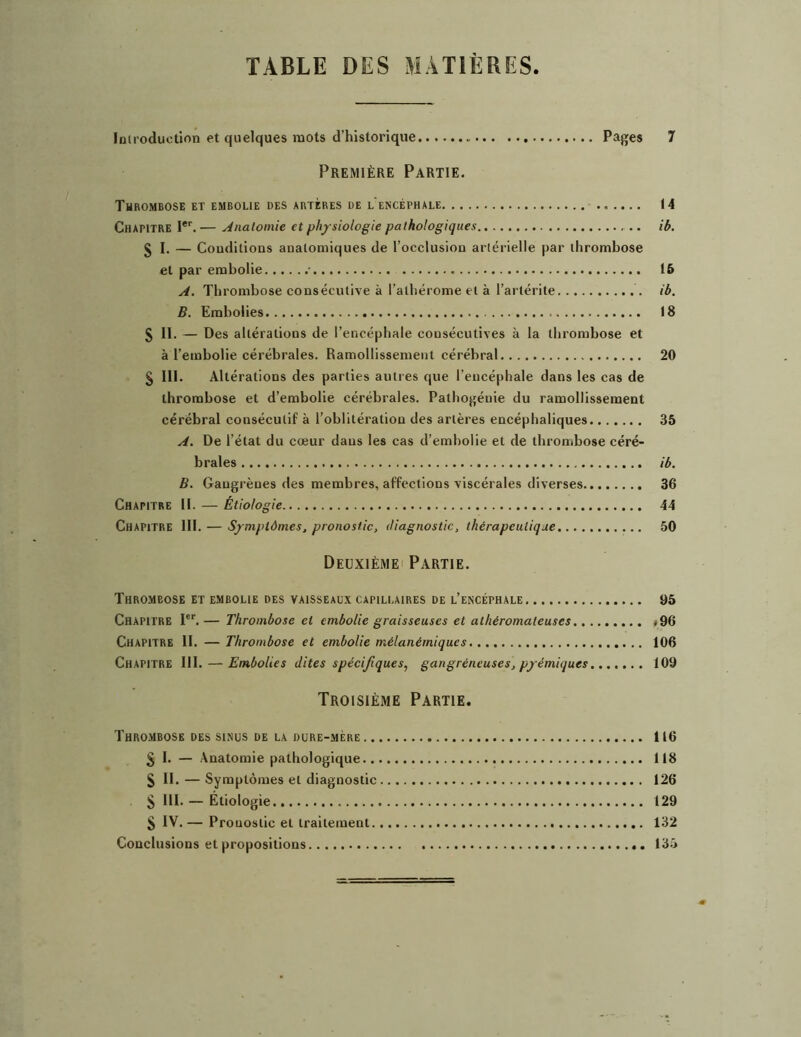 TABLE DES MATIÈRES Introduction et quelques mots d’historique Pages 7 Première Partie. Thrombose et embolie des artères de l’encéphale 14 Chapitre Ier. — Anatomie et physiologie pathologiques ib. g I. — Conditions anatomiques de l’occlusion artérielle par thrombose et par embolie • 15 A. Thrombose consécutive à l’atbérome et à l’artérite ib. B. Embolies 18 g II. — Des altérations de l’encéphale consécutives à la thrombose et à l’embolie cérébrales. Ramollissement cérébral 20 g III. Altérations des parties autres que l’encéphale dans les cas de thrombose et d’embolie cérébrales. Pathogénie du ramollissement cérébral consécutif à l’oblitération des artères encéphaliques 35 A. De l’état du cœur dans les cas d’embolie et de thrombose céré- brales ib. B. Gangrènes des membres, affections viscérales diverses 36 Chapitre II. — Étiologie 44 Chapitre III. — Symptômes, pronostic, diagnostic, thérapeutique 50 Deuxième Partie. Thrombose et embolie des vaisseaux capillaires de l’encéphale 95 Chapitre Ier.— Thrombose et embolie graisseuses et athéromateuses <96 Chapitre II. — Thrombose et embolie mélanérniques 106 Chapitre III. — Embolies dites spécifiques, gangréneuses, pyémiques 109 Troisième Partie. Thrombose des sinus de la dure-mère 116 g I. — Anatomie pathologique 118 g II. — Symptômes et diagnostic 126 g III. — Étiologie 129 g IV. — Pronostic et traitement 132 Conclusions et propositions 135