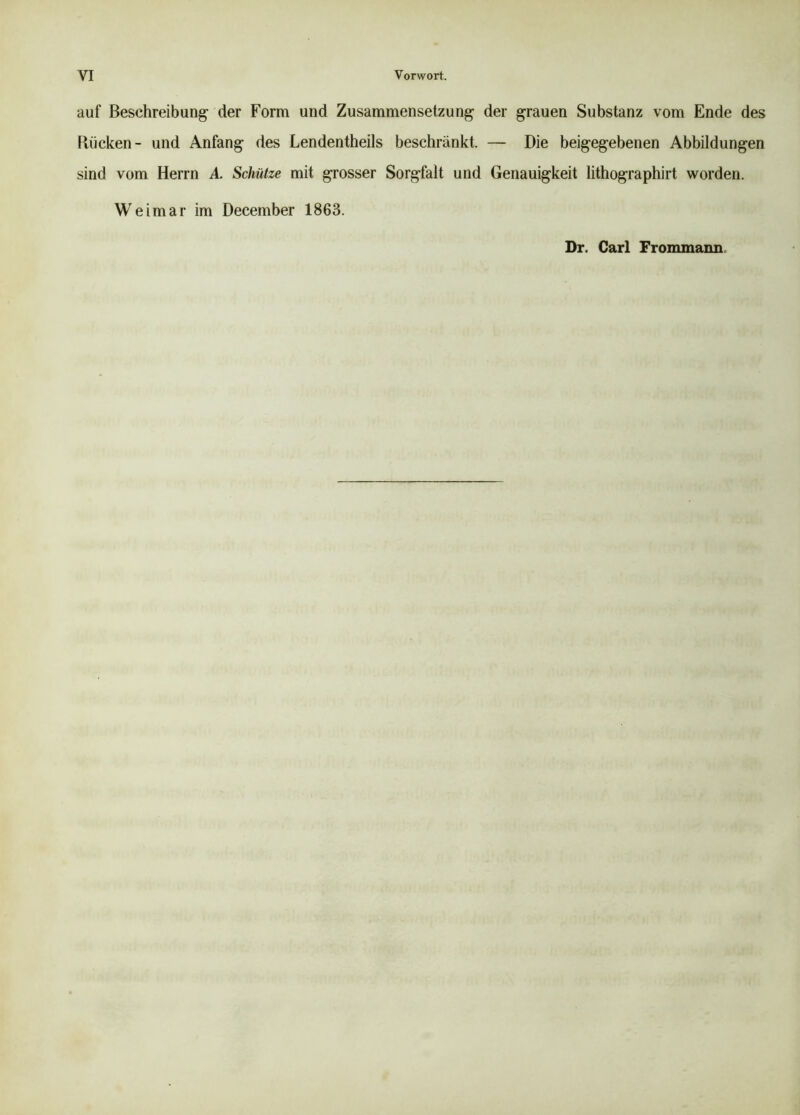 auf Beschreibung- der Form und Zusammensetzung der grauen Substanz vom Ende des Bücken- und Anfang des Lendentheils beschränkt. — Die beigegebenen Abbildungen sind vom Herrn A. Schütze mit grosser Sorgfalt und Genauigkeit lithographirt worden. Weimar im December 1863. Dr. Carl Frommann.