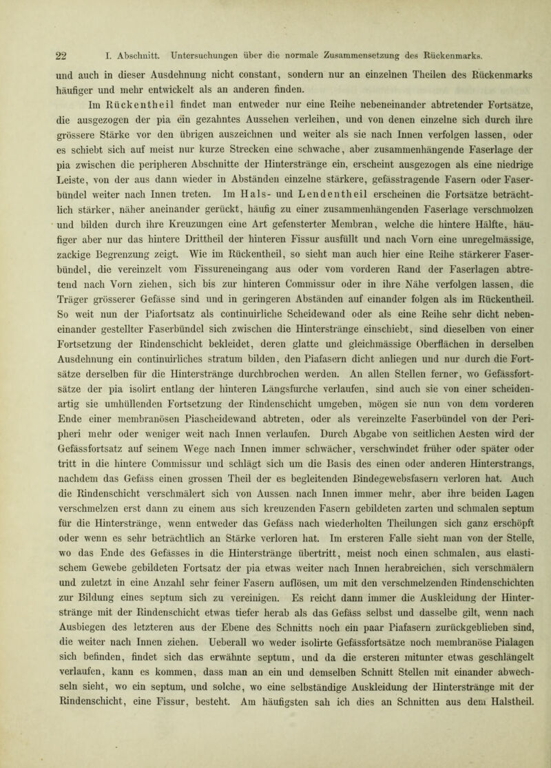 und auch in dieser Ausdehnung nicht constant, sondern nur an einzelnen Theilen des Rückenmarks häufiger und mehr entwickelt als an anderen finden. Im Rücke nth eil findet man entweder nur eine Reihe nebeneinander ab tretender Fortsätze, die ausgezogen der pia ein gezahntes Aussehen verleihen, und von denen einzelne sich durch ihre grössere Stärke vor den übrigen auszeichnen und weiter als sie nach Innen verfolgen lassen, oder es schiebt sich auf meist nur kurze Strecken eine schwache, aber zusammenhängende Faserlage der pia zwischen die peripheren Abschnitte der Hinterstränge ein, erscheint ausgezogen als eine niedrige Leiste, von der aus dann wieder in Abständen einzelne stärkere, gefässtragende Fasern oder Faser- bündel weiter nach Innen treten. Im Hals- und Lendentheil erscheinen die Fortsätze beträcht- lich stärker, näher aneinander gerückt, häufig zu einer zusammenhängenden Faserlage verschmolzen und bilden durch ihre Kreuzungen eine Art gefensterter Membran, welche die hintere Hälfte, häu- figer aber nur das hintere Drittheil der hinteren Fissur ausfüllt und nach Vorn eine unregelmässige, zackige Begrenzung zeigt. Wie im Rückentheil, so sieht man auch hier eine Reihe stärkerer Faser- bündel, die vereinzelt vom Fissureneingang aus oder vom vorderen Rand der Faserlagen abtre- tend nach Vorn ziehen, sich bis zur hinteren Commissur oder in ihre Nähe verfolgen lassen, die Träger grösserer Gefässe sind und in geringeren Abständen auf einander folgen als im Rückentheil. So weit nun der Piafortsatz als continuirliche Scheidewand oder als eine Reihe sehr dicht neben- einander gestellter Faserbündel sich zwischen die Hinterstränge einschiebt, sind dieselben von einer Fortsetzung der Rindenschicht bekleidet, deren glatte und gleichmässige Oberflächen in derselben Ausdehnung ein continuirliches stratum bilden, den Piafasern dicht anliegen und nur durch die Fort- sätze derselben für die Hinterstränge durchbrochen werden. An allen Stellen ferner, wo Gefässfort- sätze der pia isolirt entlang der hinteren Längsfurche verlaufen, sind auch sie von einer scheiden- artig sie umhüllenden Fortsetzung der Rindenschicht umgeben, mögen sie nun von dem vorderen Ende einer membranösen Piascheidewand abtreten, oder als vereinzelte Faserbündel von der Peri- pher! mehr oder weniger weit nach Innen verlaufen. Durch Abgabe von seitlichen Aesten wird der Gefässfortsatz auf seinem Wege nach Innen immer schwächer, verschwindet früher oder später oder tritt in die hintere Commissur und schlägt sich um die Basis des einen oder anderen Hinterstrangs, nachdem das Gefäss einen grossen Theil der es begleitenden Bindegewebsfasern verloren hat. Auch die Rindenschicht verschmälert sich von Aussen nach Innen immer mehr, aber ihre beiden Lagen verschmelzen erst dann zu einem aus sich kreuzenden Fasern gebildeten zarten und schmalen septum für die Hinterstränge, wenn entweder das Gefäss nach wiedeidiolten Theilungen sich ganz erschöpft oder wenn es sehr beträchtlich an Stärke verloren hat. Im ersteren Falle sieht man von der Stelle, wo das Ende des Gefässes in die Hinterstränge Übertritt, meist noch einen schmalen, aus elasti- schem Gewebe gebildeten Fortsatz der pia etwas weiter nach Innen herabreichen, sich verschmälern und zuletzt in eine Anzahl sehr feiner Fasern auflösen, um mit den verschmelzenden Rindenschichten zur Bildung eines septum sich zu vereinigen. Es reicht dann immer die Auskleidung der Hinter- stränge mit der Rindenschicht etwas tiefer herab als das Gefäss selbst und dasselbe gilt, wenn nach Ausbiegen des letzteren aus der Ebene des Schnitts noch ein paar Piafasern zurückgeblieben sind, die weiter nach Innen ziehen. Ueberall wo weder isolirte Gefässfortsätze noch membranöse Pialagen sich befinden, findet sich das erwähnte septum, und da die ersteren mitunter etwas geschlängelt verlaufen, kann es kommen, dass man an ein und demselben Schnitt Stellen mit einander abwech- seln sieht, wo ein septum, und solche, wo eine selbständige Auskleidung der Hinterstränge mit der Rindenschicht, eine Fissur, besteht. Ara häufigsten sah ich dies an Schnitten aus dem Halstheil.