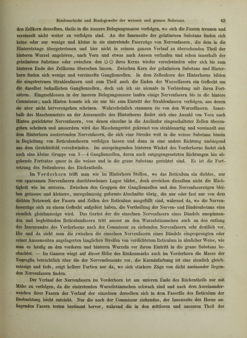 den Zellkern desselben, theils in die äussere Belegungsmasse verfolgen, wo sich die Fasern trennen und vereinzelt nicht weiter zu verfolgen sind. An der Innenseite der gelatinösen Substanz finden sich keine oder nur wenige und kleine in sie eintretende Faserzüge von Nervenfasern, die dem in die Hinterstränge übergetretenen und hier nicht in seinem ganzen Verlauf zu übersehenden Theil der hinteren Wurzel angehören, nach Vorn und etwas nach Aussen verlaufen und schon innerhalb der gelatinösen Substanz oder zwischen den O O ihres Kerns wieder verschwinden oder sich bis zum hinteren Ende des Zellkerns übersehen lassen. Zwischen Kern der gelatinösen Substanz und Hinter- horn finden sich wenige und vereinzelte Ganglienzellen. In dem Zellenkern des Hinterhorns bilden die eingetretenen Strahlenfasern und zum Theil auch die Enden der Wurzelfasern ein Geflecht um die daselbst befindlichen Ganglienzellen, doch sah ich sie niemals in Verbindung mit ihren Fort- sätzen. Eingeschlossen in der inneren Belegungsmasse laufen einige Nervenfasern bis in die hintere Commissur; nach Hinten konnte ich sie nm- bis zum Eintritt der Strahlenfasern verfolgen, aus denen sie aber nicht hervorzugehen scheinen. Wahrscheinlich stammen sie von den Wurzelfasern. Inner- halb des Maschennetzes an der Aussenseite des Hinterhorns findet sich eine Anzahl von Vorn nach Hinten gerichteter Nervenfasern, von denen einzelne in die Ausläufer eingeschalteter Zellen überzu- gehen scheinen und ausserdem wird das Maschengerüst gekreuzt von strahlenartig und vereinzelt aus dem Hinterhorn austretenden Nervenfasern, die sich eine Strecke weit in die weisse Substanz hinein in Begleitung von Reticulumfasern verfolgen lassen und dann in eine andere Richtung umbiegend aus dem Gesichtsfeld verschwinden. Im ausspringenden hinteren Winkel des Vorderhorns findet sich noch eine kleine Gruppe von 3—4 Ganglienzellen, deren nach entgegengesetzten Richtungen hin ab- gehende Fortsätze queer in die weisse und in die graue Substanz gerichtet sind. Es ist die Fort- setzung des Seitenhorns des Rückentheils. Im Vorderhorn trifft man wie im Hinterhorn Stellen, wo das Reticulum ein dichtes, nur von sparsamen Nervenfasern durchbrochenes Lager bildet, doch erreichen dieselben nicht die Mäch- tigkeit wie im ersteren. Zwischen den Gruppen der Ganglienzellen und den Nervenfaserzügen blei- ben grössere und kleinere, unregelmässig geformte Abschnitte übrig, die nur oder fast nur von dem dichten Netzwerk der Fasern und Zellen des Reticulum ausgefüllt sind, während da, wo die Nerven- faserzüge sich zu einem Geflecht aufgelöst haben, die Vertheilung der Nerven- und Bindesubstanz eine ziemlich gleichmässige wird. Das Gerüst der die einzelnen Nervenfasern eines Bündels umspinnen- den und begleitenden Reticulumfasern tritt ausser an den Wurzelstämmchen auch an den entlang des Innenrandes des Vorderhorns nach der Commissm’ zu ziehenden Nervenfasern sehr deutlich vor. Hie und da sieht man die zwischen die einzelnen Nervenfasern eines Bündels eingesprengten oder seiner Aussenseiten angelagerten länglichen Streifen von verdichtetem Reticulum in ähnlicher Weise, wie man es häufig an den vorderen und hinteren Wurzeln vor ihrem Eintritt in die graue Substanz be- obachtet. — Im Ganzen wiegt auf dieser Höhe des Rückenmarks auch im Vorderhorn die Masse der Neuroglia beträchtlich über die der Nervenelemente vor, die Karminfärbung ist eine ziemlich gleich- mässige und tiefe, zeigt hellere Partien nur da, wo sich stärkere Züge von dicht aneinander liegen- den Nervenfasern finden. Der Verlauf der Nervenfasern im Vorderhorn ist am unteren Ende des Rückentheils nur mit Mühe zu verfolgen, da die eintretenden Wurzelstämmchen schwach sind und nach dem Auseinander- weichen ihrer Fasern der Verlauf der einzelnen derselben sich in dem Faserfilz des Reticulum der Beobachtung leicht entzieht. Nur die nach der Commissur ziehenden, der Innenseite des Horns an- liegenden Fasern treten bestimmt hervor, während die in den mittleren und äusseren Theil des