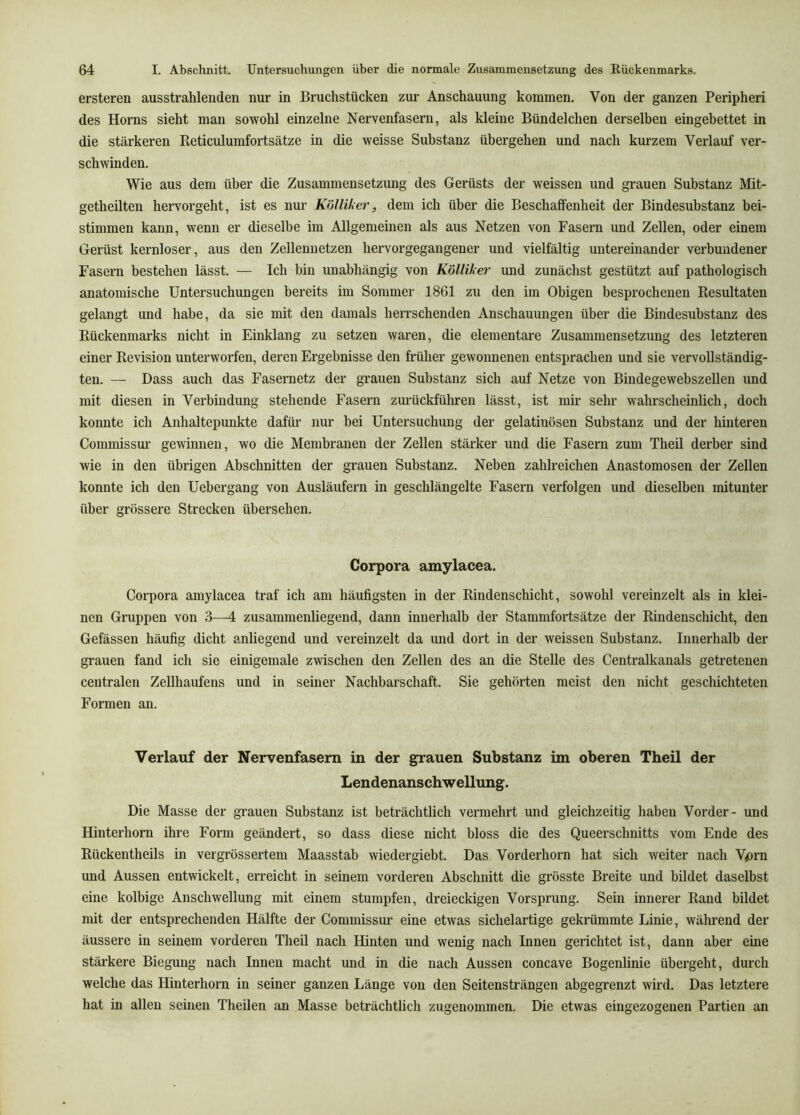 ersteren aus strahlenden nur in Bruchstücken zur Anschauung kommen. Von der ganzen Peripheri des Horns sieht man sowohl einzelne Nervenfasern, als kleine Bündelchen derselben eingebettet in die stärkeren Reticulumfortsätze in die weisse Substanz übergehen und nach kurzem Verlauf ver- schwinden. Wie aus dem über die Zusammensetzung des Gerüsts der weissen und grauen Substanz Mit- getheilten hervorgeht, ist es nur Kölliker, dem ich über die Beschaffenheit der Bindesuhstanz bei- stimmen kann, wenn er dieselbe im Allgemeinen als aus Netzen von Fasern und Zellen, oder einem Gerüst kernloser, aus den Zellennetzen hervorgegangener und vielfältig untereinander verbundener Fasern bestehen lässt. — Ich bin unabhängig von Kölliker und zunächst gestützt auf pathologisch anatomische Untersuchungen bereits im Sommer 1861 zu den im Obigen besprochenen Resultaten gelangt und habe, da sie mit den damals herrschenden Anschauungen über die Bindesubstanz des Rückenmarks nicht in Einklang zu setzen waren, die elementare Zusammensetzung des letzteren einer Revision unterworfen, deren Ergebnisse den früher gewonnenen entsprachen und sie vervollständig- ten. — Dass auch das Fasernetz der grauen Substanz sich auf Netze von Bindegewebszellen und mit diesen in Verbindung stehende Fasern zurückführen lässt, ist mir sehr wahrscheinlich, doch konnte ich Anhaltepunkte dafür nur bei Untersuchung der gelatinösen Substanz und der hinteren Commissur gewinnen, wo die Membranen der Zellen stärker und die Fasern zum Theil derber sind wie in den übrigen Abschnitten der grauen Substanz. Neben zahlreichen Anastomosen der Zellen konnte ich den Uebergang von Ausläufern in geschlängelte Fasern verfolgen und dieselben mitunter über grössere Strecken übersehen. Corpora amylacea. Corpora amylacea traf ich am häufigsten in der Rindenschicht, sowohl vereinzelt als in klei- nen Gruppen von 3—4 zusammenliegend, dann innerhalb der Stammfortsätze der Rindenschicht, den Gefässen häufig dicht anliegend und vereinzelt da und dort in der weissen Substanz. Innerhalb der grauen fand ich sie einigemale zwischen den Zellen des an die Stelle des Centralkanals getretenen centralen Zellhaufens und in seiner Nachbarschaft. Sie gehörten meist den nicht geschichteten Formen an. Verlauf der Nervenfasern in der grauen Substanz im oberen Theil der Lendenanschwellung. Die Masse der grauen Substanz ist beträchtlich vermehrt und gleichzeitig haben Vorder- und Hinterhom ihre Form geändert, so dass diese nicht bloss die des Queerschnitts vom Ende des Rückentheils in vergrössertem Maasstab wiedergiebt. Das Vorderhorn hat sich weiter nach V^)rn und Aussen entwickelt, erreicht in seinem vorderen Abschnitt die grösste Breite und bildet daselbst eine kolbige Anschwellung mit einem stumpfen, dreieckigen Vorsprung. Sein innerer Rand bildet mit der entsprechenden Hälfte der Commissur eine etwas sichelartige gekrümmte Linie, während der äussere in seinem vorderen Theil nach Hinten und wenig nach Innen gerichtet ist, dann aber eine stärkere Biegung nach Innen macht und in die nach Aussen concave Bogenlinie übergeht, durch welche das Hinterhorn in seiner ganzen Länge von den Seitensträngen abgegrenzt wird. Das letztere hat in allen seinen Theilen an Masse beträchtlich zugenommen. Die etwas eingezogenen Partien an