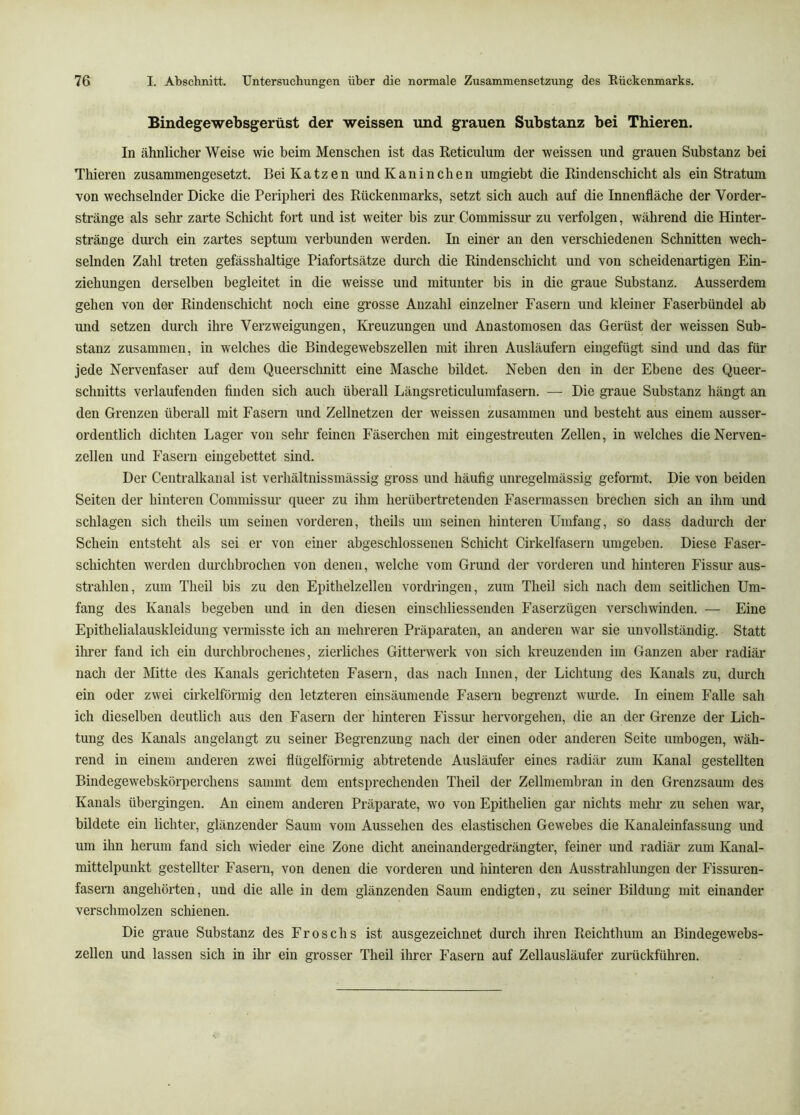 Bindegewebsgerüst der weissen und grauen Substanz bei Tbieren. In ähnlicher Weise wie beim Menschen ist das Reticulum der weissen und grauen Substanz bei Thieren zusammengesetzt. Bei Katzen und Kaninchen umgiebt die Rindenschicht als ein Stratum von wechselnder Dicke die Peripheri des Rückenmarks, setzt sich auch auf die Innenfläche der Vorder- stränge als sehr zarte Schicht fort und ist weiter bis zur Commissur zu verfolgen, während die Hinter- stränge durch ein zartes septum verbunden werden. In einer an den verschiedenen Schnitten wech- selnden Zahl treten gefässhaltige Piafortsätze durch die Rindenschicht und von scheidenartigen Ein- ziehungen derselben begleitet in die weisse und mitunter bis in die graue Substanz. Ausserdem gehen von dei’ Rindenschicht noch eine grosse Anzahl einzelner Fasern und kleiner Faserbündel ab und setzen durch ihre Verzweigungen, Kreuzungen und Anastomosen das Gerüst der weissen Sub- stanz zusammen, in welches die Bindegewebszellen mit ihren Ausläufern eingefügt sind und das für jede Nervenfaser auf dem Queerschnitt eine Masche bildet. Neben den in der Ebene des Queer- schnitts verlaufenden finden sich auch überall Längsreticulumfasern. — Die graue Substanz hängt an den Grenzen überall mit Fasern und Zellnetzen der weissen zusammen und besteht aus einem ausser- ordentlich dichten Lager von sehr feinen Fäserchen mit eingestreuten Zellen, in welches die Nerven- zellen und Fasern eingebettet sind. Der Centralkanal ist verhältnissmässig gross und häufig unregelmässig geformt. Die von beiden Seiten der hinteren Commissur queer zu ihm herübertretenden Fasermassen brechen sich an ihm und schlagen sich theils um seinen vorderen, theils um seinen hinteren Umfang, so dass dadurch der Schein entsteht als sei er von einer abgeschlossenen Schicht Cirkelfasern umgeben. Diese Faser- schichten werden durchbrochen von denen, welche vom Grund der vorderen und hinteren Fissur aus- strahleu, zum Theil bis zu den Epithelzellen Vordringen, zum Theil sich nach dem seitlichen Um- fang des Kanals begeben und in den diesen einschliessenden Faserzügen verschwinden. — Eine Epithelialauskleidung vermisste ich an mehreren Präparaten, an anderen war sie unvollständig. Statt ihrer fand ich ein durchbrochenes, zierliches Gitterwerk von sich kreuzenden im Ganzen aber radiär nach der Mitte des Kanals gerichteten Fasern, das nach Innen, der Lichtung des Kanals zu, durch ein oder zwei cirkelförmig den letzteren einsäumende Faseni begrenzt wurde. In einem Falle sah ich dieselben deutlich aus den Fasern der hinteren Fissur hervorgehen, die an der Grenze der Lich- tung des Kanals angelangt zu seiner Begrenzung nach der einen oder anderen Seite umbogen, wäh- rend in einem anderen zwei flügelförmig abtretende Ausläufer eines radiär zum Kanal gestellten Bindegewebskörperchens sammt dem entsprechenden Theil der Zellmembran in den Grenzsaum des Kanals übergingen. An einem anderen Präparate, w'o von Epithelien gar nichts mehr zu sehen war, bildete ein lichter, glänzender Saum vom Aussehen des elastischen Gewebes die Kanaleinfassung und um ihn herum fand sich wieder eine Zone dicht aneinandergedrängter, feiner und radiär zum Kanal- mittelpunkt gestellter Fasern, von denen die vorderen und hinteren den Ausstrahlungen der Fissuren- fasern angehörten, und die alle in dem glänzenden Saum endigten, zu seiner Bildung mit einander verschmolzen schienen. Die graue Substanz des Froschs ist ausgezeichnet durch ihren Reichthum an Bindegewebs- zellen und lassen sich in ihr ein grosser Theil ihrer Fasern auf Zellausläufer zurückführen.