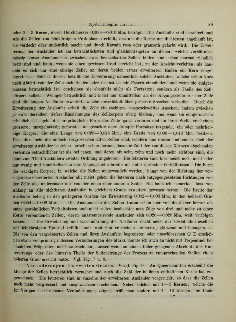 oder 2—3 Kerne, deren Durchmesser 0,006—0,010 Mm. beträgt. Die Ausläufer sind erweitert und wie die Zellen von feinkörnigem Protoplasma erfüllt, das um die Kerne am dichtesten angehäuft ist, sie verdeckt oder undeutlich macht und durch Karmin rosa oder gi’auroth gefärbt wird. Die Erwei- terung der Ausläufer ist am beträchtlichsten und gleichmässigsten an denen, welche verhältniss- mässig km’ze Anastomosen zwischen zwei benachbarten Zellen bilden und schon normal ziemlich breit sind und kann, wenn sie einen gewissen Grad erreicht hat, zu der Ansicht verleiten, als han- dele es sich um eine einzige Zelle, an deren beiden etwas erweiterten Enden ein Kern einge- lagert ist. Nächst diesen betrifft die Erweiterung namentlich solche Ausläufer, welche schon kurz nach Abtritt von der Zelle sich theilen oder in anstossende Fasern einmünden, und wenn sie einiger- massen beträchtlich ist, erscheinen sie ebenfalls nicht als Fortsätze, sondern als Theile des Zell- körpers selbst. Weniger beträchtlich und meist nur unmittelbar an der Abgangsstelle vor der Zelle sind die langen Ausläufer erweitert, welche unverästelt über grössere Strecken verlaufen. Durch die Erweiterung der Ausläufer erhält die Zelle ein zackiges, ausgeschweiftes Ansehen, indem zwischen je zwei derselben tiefere Einziehungen des Zellkörpers übrig bleiben, und wenn sie einigermassen erheblich ist, geht die ursprüngliche Form der Zelle ganz verloren und an ihrer Stelle erscheinen grössere, unregelmässig geformte, ausgezackte oder stumpfe Fortsätze tragende, ein oder mehrker- nige Körper, die eine Länge von 0,020—0,028 Mm., eine Breite von 0,006—0,014 Mm. besitzen. Dass dies nicht die einfach vergi’össerten alten Zellen sind, sondern aus diesen und einem Theil der erweiterten Ausläufer bestehen, erhellt schon daraus, dass die Zahl der von diesen Körpern abgehenden Fortsätze beträchtlicher ist als bei jenen, und deren oft acht, zehn und noch mehr sichtbar sind, die dann zum Theil Ausläufern zweiter Ordnung angehören. Die letzteren sind hier meist noch nicht oder nur wenig und unmittelbar an der Abgangsstelle breiter als unter normalen Verhältnissen. Die Form der zackigen Körper, in welche die Zellen umgewandelt werden, hängt von der Richtung der vor- zugsweise erweiterten Ausläufer ab; meist gehen die letzteren nach entgegengesetzten Richtungen von der Zelle ab, anderemale nur von der einen oder anderen Seite. Nie habe ich bemerkt, dass von Anfang an alle sichtbaren Ausläufer in gleichem Grade erweitert gewesen wären. Die Breite der Ausläufer betrug in den geringeren Graden der Erweiterung 0,002—0,003 Mm., in den höheren Gra- den 0,004 — 0,006 Mm. — Die Anastomosen der Zellen traten schon hier viel deutlicher hervor als unter gewöhnlichen Verhältnissen und nicht selten beobachtet man Züge von drei und mehr zu einer Kette verbundenen Zellen, deren anastomosirende Ausläufer sich 0,020—^0,028 Mm. weit verfolgen lassen. — Die Erweiterung und Karminfärbung der Ausläufer reicht meist nur soweit als dieselben mit feinkörnigem Material erfüllt sind; weiterhin erscheinen sie weiss, glänzend und homogen. — Die von den vergrösserten Zellen und ihren Ausläufern begrenzten oder umschlossenen Q O erschei- nen etwas comprimirt, indessen Veränderungen des Marks konnte ich auch an nicht mit Terpentinöl be- handelten Präparaten nicht wahrnehmen, ausser wenn an einem tiefer gelegenen Abschnitt der Hin- terstränge oder des hinteren Theils der Seitenstränge der Prozess an entsprechenden Stellen einen höheren Grad erreicht hatte. Vgl. Fig. 7 u. 8. Veränderungen des zweiten Grades. Vergl. Fig. 9. An Queerschnitten erscheint die Menge der Zellen beträchtlich vermehrt und auch die Zahl der in ihnen enthaltenen Kerne hat zu- genommen. Die letzteren sind in einzelne der erweiterten Ausläufer vorgerückt, so dass die Zellen noch mehr vergrössert und ausgewachsen erscheinen. Neben solchen mit 1 — 3 Kernen, welche die im Vorigen beschriebenen Veränderungen zeigen, trifft man andere mit 4—10 Kernen, die theils 12