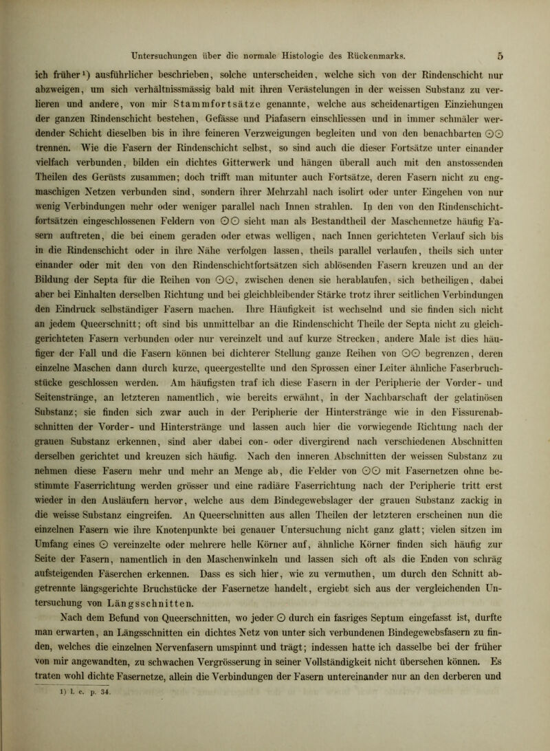 ich fräher^) ausführlicher beschrieben, solche unterscheiden, welche sich von der Rindenschicht nur abzweigen, um sich verhältnissmässig bald mit ihren Verästelungen in der weissen Substanz zu ver- lieren und andere, von mir Stammfortsätze genannte, welche aus scheidenartigen Einziehungen der ganzen Rindenschicht bestehen, Gefässe und Piafasern einschliessen und in immer schmäler wer- dender Schicht dieselben bis in ihre feineren Verzweigungen begleiten und von den benachbarten OO trennen. Wie die Fasern der Rindenschicht selbst, so sind auch die dieser Fortsätze unter einander vielfach verbunden, bilden ein dichtes Gitterwerk und hängen überall auch mit den anstossenden Theilen des Gerüsts zusammen; doch trilft man mitunter auch Fortsätze, deren Fasern nicht zu eng- maschigen Netzen verbunden sind, sondern ihrer Mehrzahl nach isolirt oder unter Eingehen von nur wenig Verbindungen mehr oder weniger parallel nach Innen strahlen. In den von den Rindenschicht- fortsätzen eingeschlossenen Feldern von OO sieht man als Bestandtheil der Maschennetze häufig Fa- sern auftreten, die bei einem geraden oder etwas welligen, nach Innen gerichteten Verlauf sich bis in die Rindenschicht oder in ihre Nähe verfolgen lassen, tlieils parallel verlaufen, theils sich unter einander oder mit den von den Rindenschichtfortsätzen sich ablösenden Fasern kreuzen und an der Bildung der Septa für die Reihen von OO, zwischen denen sie herablaufen, sich betheiligen, dabei aber bei Einhalten derselben Richtung und bei gleichbleibender Stärke trotz ihrer seitlichen Verbindungen den Eindruck selbständiger Fasern machen. Ihre Häufigkeit ist wechselnd und sie finden sich nicht an jedem Queerschnitt; oft sind bis unmittelbar an die Rindenschicht Theile der Septa nicht zu gleich- gerichteten Fasern verbunden oder nur vereinzelt und auf kurze Strecken, andere Male ist dies häu- figer der Fall und die Fasern können bei dichterer Stellung ganze Reihen von OO begrenzen, deren einzelne Maschen dann durch kurze, queergestellte und den Sprossen einer Leiter ähnliche Faserbruch- stücke geschlossen werden. Am häufigsten traf ich diese Fasern in der Peripherie der Vorder- und Seitenstränge, an letzteren namentlich, wie bereits erwähnt, in der Nachbarschaft der gelatinösen Substanz; sie finden sich zwar auch in der Peripherie der Hinterstränge wie in den Fissurenab- schnitten der Vorder- und Hinterstränge und lassen auch hier die vorwiegende Richtung nach der gi-auen Substanz erkennen, sind aber dabei con- oder divergirend nach verschiedenen Abschnitten derselben gerichtet und kreuzen sich häufig. Nach den inneren Abschnitten der weissen Substanz zu nehmen diese Fasern mehr und mehr an Menge ab, die Felder von OO mit Fasernetzen ohne be- stimmte Faserrichtung werden grösser und eine radiäre Faserrichtung nach der Peripherie tritt erst wieder in den Ausläufern hervor, welche aus dem Bindegewebslager der grauen Substanz zackig in die weisse Substanz eingreifen. An Queerschnitten aus allen Theilen der letzteren erscheinen nun die einzelnen Fasern wie ihre Knotenpunkte bei genauer Untersuchung nicht ganz glatt; vielen sitzen im Umfang eines O vereinzelte oder mehrere helle Körner auf, ähnliche Körner finden sich häufig zur Seite der Fasern, namentlich in den Maschenwinkeln und lassen sich oft als die Enden von schräg aufsteigenden Fäserchen erkennen. Dass es sich hier, wie zu vermuthen, um durch den Schnitt ab- getrennte längsgerichte Bruchstücke der Fasernetze handelt, ergiebt sich aus der vergleichenden Un- tersuchung von Längsschnitten. Nach dem Befund von Queerschnitten, wo jeder O durch ein fasriges Septum eingefasst ist, durfte man erwarten, an Längsschnitten ein dichtes Netz von unter sich verbundenen Bindegewebsfasern zu fin- den, welches die einzelnen Nervenfasern umspinnt und trägt; indessen hatte ich dasselbe bei der früher von mir angewandten, zu schwachen Vergrösserung in seiner Vollständigkeit nicht übersehen können. Es traten wohl dichte Fasernetze, allein die Verbindungen der Fasern untereinander nur an den derberen und