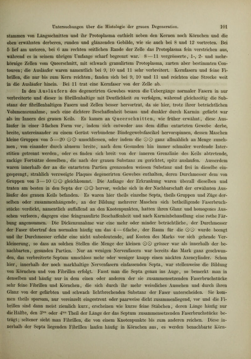Stammen von Längsschnitten und ihr Protoplasma enthielt neben den Kernen noch Körnchen und die oben erwähnten derberen, runden und glänzenden Gebilde, wie sie auch bei 8 und 12 vortreteu. Bei 5 lief am unteren, bei 6 am rechten seitlichen Rande der Zelle das Protoplasma fein verstrichen aus, während es in seinem übrigen Umfange scharf begrenzt war. 8 —11 vergrösserte, 1-, 2- und mehr- körnige Zellen vom Queerschnitt, mit schwach granulirtem Protoplasma, zarten aber bestimmten Con- touren; die Ausläufer waren namentlich bei 9, 10 und 11 sehr verbreitert. Kernfasern und feine Fi- brillen, die nur bis zum Kern reichten, fanden sich bei 9, 10 und 11 und reichten eine Strecke weit in die Ausläufer hinein. Bei 11 trat eine Kernfaser von der Zelle ab. In den Ausläufern des degenerirten Gewebes waren die Uebergänge normaler Fasern in nur verbreiterte und dieser in fibrillenhaltige mit Deutlichkeit zu verfolgen, während gleichzeitig die Sub- stanz der fibrillenhaltigen Fasern und Zellen besser hervortrat, da sie hier, trotz ihrer beträchtlichen Volumenszunahme, noch eine dichtere Beschaffenheit besass und dunkler durch Karmin gefärbt war als im Innern des grauen Keils. Es kamen an Queerschnitten, wie früher erwähnt, diese Aus- läufer in einer 3fachen Form vor, indem sich entweder aus dem diffus entarteten Gewebe derbe, breite, untereinander zu einem Gerüst verbundene Bindegewebsfascikel hervorspinnen, dessen Maschen kleine Gruppen von 5 — 20 O O umschliessen, oder indem die O O ganz allmählich an Menge zuneh- men, von einander durch abnorm breite, nach dem Gesunden hin immer schmäler werdende Inter- stitien getrennt werden, oder es finden sich breit von der inneren Grenzlinie des Keils abtretende, zackige Fortsätze desselben, die nach der grauen Substanz zu gerichtet, spitz auslaufen. Ausserdem waren innerhalb der an die entarteten Partien grenzenden weissen Substanz und frei in dieselbe ein- gesprengt, strahlich verzweigte Plaques degenerirten Gewebes enthalten, deren Durchmesser dem von Gruppen von 3 —10 OO gleichkommt. Die Anfänge der Erkrankung waren überall dieselben und traten am besten in den Septa der OO hervor, welche sich in der Nachbarschaft der erwähnten Aus- läufer des grauen Keils befanden. Es waren hier theils einzelne Septa, theils Gruppen und Züge der- selben oder zusammenhängende, an der Bildung mehrerer Maschen sich betheiligende Faserbruch- stücke verdickt, namentlich auffallend an den Kjiotenpunkten, hatten ihren Glanz und homogenes Aus- sehen verloren, dagegen eine feingranulirte Beschaffenheit und nach Karminbehandlung eine rothe Fär- bung angenommen. Die Dickenzunahme war eine mehr oder minder beträchtliche, der Durchmesser der Faser übertraf den normalen häufig um das 4 — 6fache, der Raum für die OO wurde beengt und ihr Durchmesser erfuhr eine nicht unbedeutende, auf Kosten des Marks vor sich gehende Ver- kleinerung, so dass an solchen Stellen die Menge der kleinen OO grösser war als innerhalb der be- nachbarten, gesunden Partien. Nur an wenigen Nervenfasern war bereits das Mark ganz geschwun- den, das verbreiterte Septum umschloss mehr oder weniger knapp einen nackten Axencylinder. Schon hier, innerhalb der noch markhaltige Nervenfasern einfassenden Septa, war stellenweise die Bildung von Körnchen und von Fibrillen erfolgt. Fasst man die Septa genau ins Auge, so bemerkt man in denselben und häufig nur in dem einen oder anderen der sie zusammensetzenden Faserbruchstücke sehr feine Fibrillen und Körnchen, die sich durch ihr mehr weissliches Aussehen und durch ihren Glanz von der gefärbten und schwach lichtbrechenden Substanz der Faser unterscheiden. Sie kom- men theils sparsam, nur vereinzelt eingestreut oder paarweise dicht zusammenliegend, vor und die Fi- brillen sind dann meist ziemlich kurz, erscheinen wie kurze feine Stäbchen, deren Länge häufig nur die Hälfte, den 3‘®“ oder 4‘® Theil der I^änge der das Septum zusammensetzenden Faserbruchstücke be- trägt; seltener sieht man Fibrillen, die von einem Knotenpunkte bis zum andei’en reichen. Diese in- nerhalb der Septa liegenden Fibrillen laufen häufig in Körnchen aus, es weiden benachbarte Körn-