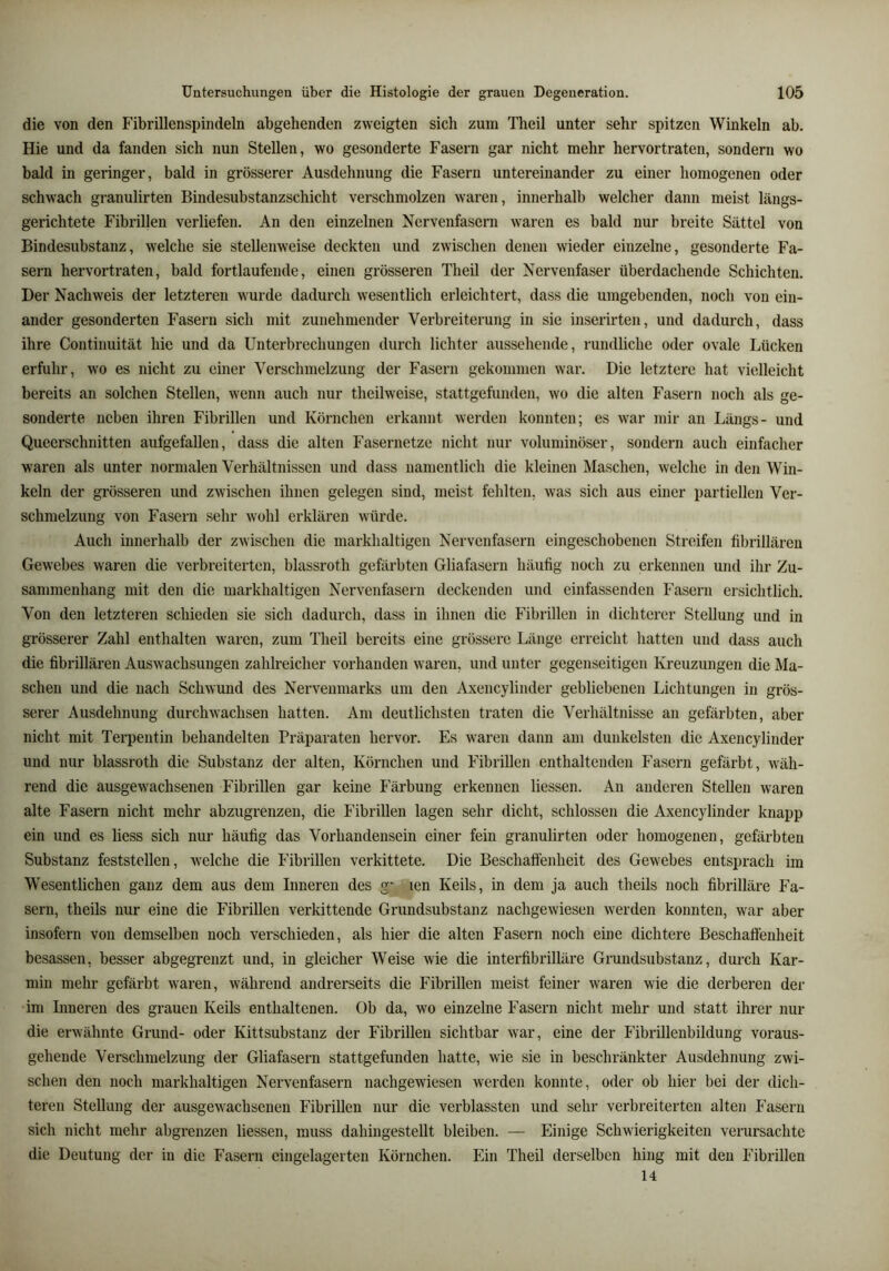 die von den Fibrillenspindeln abgehenden zweigten sich zum Theil unter sehr spitzen Winkeln ab. Hie und da fanden sich nun Stellen, wo gesonderte Fasern gar nicht mehr hervortraten, sondern wo bald in geringer, bald in grösserer Ausdehnung die Fasern untereinander zu einer homogenen oder schwach granulirten Bindesubstanzschicht verschmolzen waren, innerhalb welcher dann meist längs- gerichtete Fibrillen verliefen. An den einzelnen Nervenfasern waren es bald nur breite Sättel von Bindesubstanz, welche sie stellenweise deckten und zwischen denen wieder einzelne, gesonderte Fa- sern hervortraten, bald fortlaufende, einen grösseren Theil der Nervenfaser überdachende Schichten. Der Nachweis der letzteren wurde dadurch wesentlich erleichtert, dass die umgebenden, noch von ein- ander gesonderten Fasern sich mit zunehmender Verbreiterung in sie inserirten, und dadurch, dass ihre Continuität hie und da Unterbrechungen durch lichter aussehende, rundliche oder ovale Lücken erfuhr, wo es nicht zu einer Verschmelzung der Fasern gekommen war. Die letztere hat vielleicht bereits an solchen Stellen, wenn auch nur theilweise, stattgefimden, wo die alten Fasern noch als ge- sonderte neben ihren Fibrillen und Körnchen erkannt werden konnten; es war mir an Längs- und Quecrschnitten aufgefallen, dass die alten Fasernetze nicht nur voluminöser, sondern auch einfacher waren als unter normalen Verhältnissen und dass namentlich die kleinen Maschen, welche in den Win- keln der grösseren und zwischen ihnen gelegen sind, meist fehlten, was sich aus einer partiellen Ver- schmelzung von Fasern sehr wohl erklären würde. Auch innerhalb der zwischen die markhaltigen Nervenfasern eingeschobenen Streifen fibrillären Gewebes waren die verbreiterten, blassroth gefärbten Gliafasern häutig noch zu erkennen und ihr Zu- sammenhang mit den die markhaltigen Nervenfasern deckenden und einfassenden Fasern ersichtlich. Von den letzteren schieden sie sich dadurch, dass in ihnen die Fibrillen in dichterer Stellung und in grösserer Zahl enthalten waren, zum Theil bereits eine grössere Länge erreicht hatten und dass auch die fibrillären Auswachsungen zahlreicher vorhanden waren, und unter gegenseitigen Kreuzungen die Ma- schen und die nach Schwund des Nervenmarks um den Axencylinder gebliebenen Lichtungen in grös- serer Ausdehnung durchwachsen hatten. Am deutlichsten traten die Verhältnisse an gefärbten, aber nicht mit Terpentin behandelten Präparaten hervor. Es waren dann am dunkelsten die Axencylinder und nur blassroth die Substanz der alten, Körnchen und Fibrillen enthaltenden Fasern gefärbt, wäh- rend die ausgewachsenen Fibrillen gar keine Färbung erkennen liessen. An anderen Stellen waren alte Fasern nicht mehr abzugrenzen, die Fibrillen lagen sehr dicht, schlossen die Axencylinder knapp ein und es liess sich nur häufig das Vorhandensein einer fein granulirten oder homogenen, gefärbten Substanz feststellen, welche die Fibrillen verkittete. Die Beschaft'enlieit des Gewebes entsprach im Wesentlichen ganz dem aus dem Inneren des g’ len Keils, in dem ja auch theils noch fibrilläre Fa- sern, theils nur eine die Fibrillen verkittende Grundsubstanz nachgewiesen werden konnten, war aber insofern von demselben noch verschieden, als hier die alten Fasern noch eine dichtere Beschaffenheit besassen, besser abgegrenzt und, in gleicher Weise wie die interfibrilläre Grundsubstanz, durch Kar- min mehr gefärbt waren, während andrerseits die Fibrillen meist feiner waren wie die derberen der im Inneren des grauen Keils enthaltenen. Ob da, wo einzelne Fasern nicht mehr und statt ihrer nur die erwähnte Grund- oder Kittsubstanz der Fibrillen sichtbar war, eine der Fibrillenbildung voraus- gehende Verschmelzung der Gliafasern stattgefunden hatte, wie sie in beschränkter Ausdehnung zwi- schen den noch markhaltigen Nervenfasern nachgewiesen werden konnte, oder ob hier bei der dich- teren Stellung der ausgewachsenen Fibrillen nur die verblassten und sehr verbreiterten alten Fasern sich nicht mehr abgrenzen liessen, muss dahingestellt bleiben. — Einige Schwierigkeiten verursachte die Deutung der in die Fasern cingelagerten Körnchen. Ein Theil derselben hing mit den Fibrillen 14