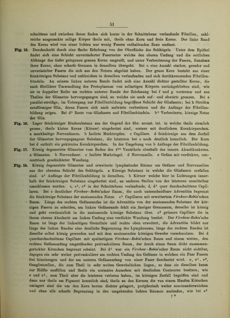 schnittene und zwischen ihnen finden sich kurze in der Schnittebene verlaufende Fibrillen, zahl- reiche ausgezackte zellige Körper theils mit, theils ohne Kern und freie Kerne. Der linke Rand des Kerns wird von einer lichten nur wenig Fasern enthaltenden Zone umfasst. Pig. 15. Durchschnitt durch eine flache Erhebung von der Oberfläche des Sehhügels. Unter dem Epithel findet sich eine Schicht unveränderter Fasernetze welche den oberen Umfang und die seitlichen Abhänge des tiefer gelegenen grauen Kerns umgreift, und unter Verbreiterung der Fasern, Zunahme ihrer Kerne, ohne scharfe Grenzen in denselben übergeht. Bei c eine Anzahl starker, gerader und unverästelter Fasern die sich aus den Netzen abgelöst haben. Der graue Kern besteht aus einer feinkörnigen Substanz und zahlreichen in derselben verlaufenden und sich durchkreuzenden FibriUen- bündeln. An seinem linken unteren Rande findet sich eine Anzahl dichter gestellter Kerne, die nach fibrillärer Umwandlung des Protoplasmas von zellartigen Körpern zurückgeblieben sind, wie sie in doppelter Reihe am rechten unteren Rande der Zeichnung bei f und g vortreten und aus Theilen der Glianetze hervorgegangen sind, an welche sie nach auf- und abwärts grenzen. Bei e parallel-streifige, im Uebergang zur Fibrillenbildung begriffene Schicht der Gliafasern; bei h Streifen netzförmiger Glia, deren Fasern sich nach aufwärts verbreitern und die Anfänge der Fibrillen- bildung zeigen. Bei d^ Reste von Gliafasern und Fibrillenbündeln, b^ Verbreiterte, körnige Netze der Glia. Pig. 16. Lager feinkörniger Bindesubstanz aus der Gegend der fibr. arcuat. int. in welche theils ziemlich grosse, theils kleine Kerne (Körner) eingebettet sind, erstere mit deutlichem Kernkörperchen, a markhaltige Nervenfasern, b Isolirte Marktropfen, c Capillare. d feinkörnige aus dem Zerfall der Glianetze hervorgegangene Substanz, die letzteren bei e noch deutlich kenntlich. Der Kern bei d enthält ein gekörntes Kernkörperchen. In der Umgebung von b Anfänge der Fibrillenbildung. Pig. 17. Körnig degenerirte Glianetze vom Boden des 4*'“ Ventrikels oberhalb des Innern Akustikuskerns. a Glianetze. b Nervenfaser, c Isolirte Markringel, d Nervenzelle, e Gefäss mit verdickter, con- centrisch geschichteter Wandung. ’ Pig. 18. Körnig degenerirte Glianetze und erweiterte lymphatische Räume um Gefässe und Nervenzellen aus der obersten Schicht des Sehhügels, a Körnige Substanz in welche die Gliafasern zerfallen sind, a^ Anfänge der Fibrillenbildung in derselben, b Körner welche hier in Lichtungen inner- halb der feinkörnigen Substanz eingebettet sind, an anderen Stellen von der letzteren unmittelbar umschlossen werden, c, c^, c^ in der Schnittebene verlaufende, d, d^ quer durchschnittene Capil- laren. Bei c deutlicher Firchow-Robin'schwer Raum, die noch unterscheidbare Adventitia begrenzt die feinkörnige Substanz der anstossenden Netze, c^ Capillaren mit erweitertem Firchow-Robin’scheu Raum. Längs des rechten Gefässrandes ist die Adventitia von der anstossenden Substanz der kör- nigen Fasern zu scheiden, am linken Gefässrande fehlt ein ^fasriger Grenzsaum, derselbe ist körnig und geht continuirlich in die anstossende körnige Substanz über, c® grössere Capillare die in ihrem oberen Abschnitt am linken Umfang eine verdickte Wandung besitzt. Der Firchow-Robiu'sc)\e Raum ist längs der linkseitigen Grenzlinie und rechts oben erweitert, die Adventitia bildet nur längs des linken Randes eine deutliche Begrenzung des Lymphraums, längs des rechten Randes ist dieselbe selbst körnig geworden und mit dem anstossenden körnigen Gewebe verschmolzen. Bei d querdurchschnittene Capillare mit spaltartigem Firchow- Robin'schen Raum und einem weiten, den rechten Gefässumfang umgreifenden perivaskulären Raum, der durch einen Saum dicht zusammen- gerückter Körnchen begrenzt scheint. Bei d^ war ein Firchow - RobMsch.er Raum nicht sichtbar, dagegen ein sehr weiter perivaskulärer am rechten Umfang des Gefässes in welchen ein Paar Fasern frei hineinragen und der am unteren Gefässumfang von einer Faser durchsetzt wird, e, e^, e®, Ganglienzellen, die zum Theil in sehr weiten Gewebslücken liegen, so dass sie dieselben kaum zur Hälfte ausfüllen und theils ein normales Aussehen mit deutlichen Contouren besitzen, wie e und e^, zum Theil aber die letzteren verloren haben, im körnigen Zerfall begriffen sind und dann nur theils am Pigment kenntlich sind, theils an den Kernen die von einem Haufen Körnchen umlagert sind die um den Kern herum dichter gelagert, peripherisch weiter auseinanderweichen und ohne alle scharfe Begrenzung in den umgebenden lichten Räumen auslaufen, wie bei e^ 7*