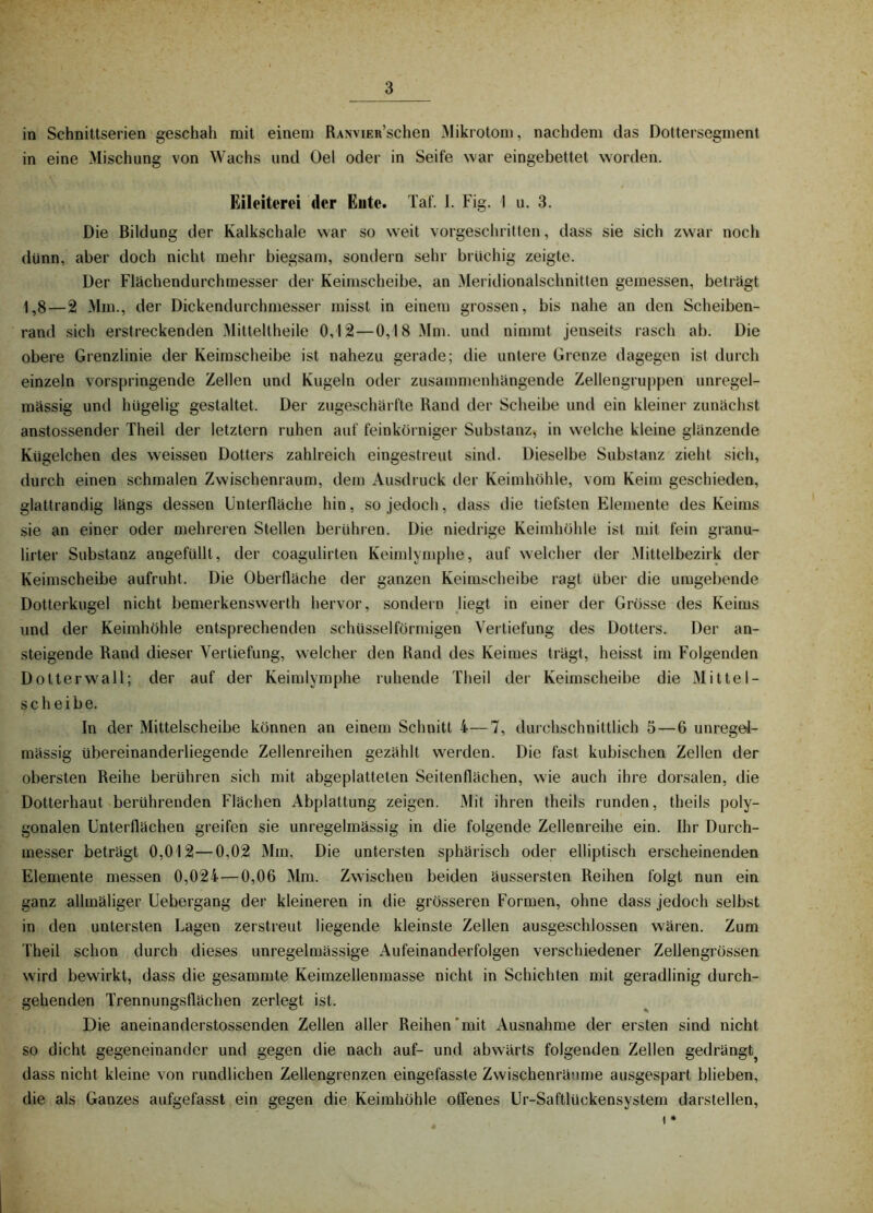 in Schnittserien geschah mit einem RANviER’schen Mikrotom, nachdem das Dottersegment in eine Mischung von Wachs und Oel oder in Seife %var eingebettet worden. Eileiterci der Ente. Taf. I. Fig. 1 u. 3. Die Bildung der Kalkschale war so weit vorgeschritten, dass sie sich zwar noch dünn, aber doch nicht mehr biegsam, sondern sehr bruchig zeigte. Der Flächendurchmesser der Keimscheibe, an Meridionalschnitten gemessen, beträgt 1,8—2 Mm., der Dickendurchmesser misst in einem grossen, bis nahe an den Scheiben- rand sich erstreckenden Mitteltheile 0,12—0,18 3Im. und nimmt jenseits rasch ab. Die obere Grenzlinie der Keimscheibe ist nahezu gerade; die untere Grenze dagegen ist durch einzeln vorspringende Zellen und Kugeln oder zusammenhängende Zellengruj)pen unregel- mässig und hügelig gestaltet. Der zugeschärfte Rand der Scheibe und ein kleiner zunächst anstossender Theil der letztem ruhen auf feinkörniger Substanz, in welche kleine glänzende Kügelchen des weissen Dotters zahlreich eingestreut sind. Dieselbe Substanz zieht sich, durch einen schmalen Zwischenraum, dem Ausdruck der Keiinhöhle, vom Keim geschieden, glattrandig längs dessen Unterfläche hin, so jedoch, dass die tiefsten Elemente des Keims sie an einer oder mehreren Stellen berühren. Die niedrige Keimhöhle ist mit fein granu- lirter Substanz angefüllt, der coagulirten Keimlymphe, auf welcher der Mittelbezirk der Keimscheibe aufruht. Die Oberfläche der ganzen Keimscheibe ragt über die umgebende Dotterkugel nicht bemerkenswerth hervor, sondern liegt in einer der Grösse des Keims und der Keimhöhle entsprechenden schüsselförmigen Vertiefung des Dotters. Der an- steigende Rand dieser Vertiefung, welcher den Rand des Keimes trägt, heisst im Folgenden Dotterwall; der auf der Keimlymphe ruhende Theil der Keimscheibe die xMittel- scheibe. In der Mittelscheibe können an einem Schnitt 4—7, durchschnittlich 5 — 6 unregel- mässig übereinanderliegende Zellenreihen gezählt werden. Die fast kubischen Zellen der obersten Reihe berühren sich mit abgeplatteten Seitenflächen, wie auch ihre dorsalen, die Dotterhaut berührenden Flächen Abplattnng zeigen. Mit ihren theils runden, theils poly- gonalen Unterflächen greifen sie unregelmässig in die folgende Zellenreihe ein. Ihr Durch- messer betrügt 0,012—0,02 Mm. Die untersten sphärisch oder elliptisch erscheinenden Elemente messen 0,024—0,06 Mm. Zwischen beiden äussersten Reihen folgt nun ein ganz allmäliger Uebergang der kleineren in die grösseren Formen, ohne dass jedoch selbst in den untersten Lagen zerstreut liegende kleinste Zellen ausgeschlossen wären. Zum Theil schon durch dieses unregelmässige Aufeinanderfolgen verschiedener Zellengrössen wird bewirkt, dass die gesammte Keimzellenmasse nicht in Schichten mit geradlinig durch- gehenden Trennungsflüchen zerlegt ist. Die aneinanderstossenden Zellen aller Reihen'mit Ausnahme der ersten sind nicht so dicht gegeneinander und gegen die nach auf- und abwärts folgenden Zellen gedrängt^ dass nicht kleine von rundlichen Zellengrenzen eingefasste Zwischenräume ausgespart blieben, die als Ganzes aufgefasst ein gegen die Keimhöhle offenes Ur-Saftlückensystem darstellen, 1 *