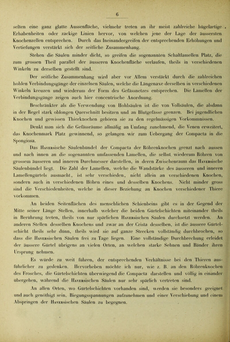 selten eine ganz glatte Aussenfltiche, vielmehr treten an ihr meist zahlreiche hügelartige . Erhabenheiten oder zackige Linien hervor, von welchen jene der Lage der äussersten Knochenzellen entsprechen. Durch das Ineinandergreifen der entsprechenden Erhöhungen und Vertiefungen verstärkt sich der seitliche Zusammenhang. Stehen die Säulen minder dicht, so greifen die sogenannten Schaltlamellen Platz, die zum grossen Theil parallel der äusseren Knochenfläehe verlaufen, theils in verschiedenen Winkeln zu derselben gestellt sind. Der seitliche Zusammenhang wird aber vor Allem verstärkt durch die zahlreichen hohlen Verbindungsgänge der einzelnen Säulen, welche die Längenaxe derselben in verschiedenen Winkeln kreuzen und wiederum der Form des Gefässnetzes entsprechen. Die Lamellen der Verbindungsgänge zeigen auch hier concentrische Anordnung. Beschränkter als die Verwendung von Hohlsäulen ist die von Vollsäulen, die alsdann in der Regel stark oblongen Querschnitt besitzen und an Blutgefässe grenzen. Bei jugendlichen Knochen und gewissen Thierknochen gehören sie zu den regelmässigen Vorkommnissen. Denkt man sich die Gefässräume allmälig an Umfang zunehmend, die Venen erweitert, das Knochenmark Platz gewinnend, so gelangen wir zum Uebergang der Compacta in die Spongiosa. Das IlAVERsische Säulenbündel der Compacta der Röhrenknochen grenzt nach aussen und nach innen an die sogenannten umfassenden Lamellen, die selbst, wiederum Röhren von grossem äusseren und inneren Durchmesser darstellen, in deren Zwischenraum das HAVERsische Säulenbündel liegt. Die Zahl der Lamellen, welche die Wandstärke des äusseren und inneren Lamellengürtels ausmacht, ist sehr verschieden, nicht allein an verschiedenen Knochen, sondern auch in verschiedenen Höhen eines und desselben Knochens. Nicht minder gross sind die Verschiedenheiten, welche in dieser Beziehung an Knochen verschiedener Thiere Vorkommen. An beiden Seitenflächen des menschlichen Schienbeins gibt es in der Gegend der Mitte seiner Länge Stellen, innerhalb welcher die beiden Gürtelschichten miteinander theils in Berührung treten, theils von nur spärlichen HAVERsischen Säulen durchsetzt werden. An anderen Stellen desselben Knochens und zwar an der Crista desselben, ist die äussere Gürtel- schicht theils sehr dünn, theils wird sie auf ganze Strecken vollständig durchbrochen, so dass die HAVERsischen Säulen frei zu Tage liegen. Eine vollständige Durchbrechung erleidet der äussere Gürtel übrigens an vielen Orten, an welchen starke Sehnen und Bänder ihren Ursprung nehmen. Es würde zu weit führen, der entsprechenden Verhältnisse bei den Thieren aus- führlicher zu gedenken. Hervorheben möchte ich nur, wie z. B. an den Röhrenknochen des Frosches, die Gürtelschichten überwiegend die Compacta darstellen und völlig in einander übergehen, während die HAVERsischen Säulen nur sehr spärlich vertreten sind. An allen Orten, wo Gürtelschichten vorhanden sind, werden sie besonders geeignet und auch genöthigt sein. Biegungsspannungen aufzunehmen und einer Verschiebung und einem Abspringen der HAVERsischen Säulen zu begegnen.