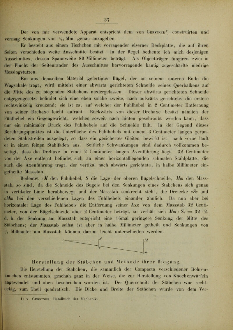 Der von mir verwendete Apparat entspricht dem von Gerstner 1 construirten und vermag Senkungen von Vw Mm. genau anzugeben. Er besteht aus einem Tischchen mit vorragender eiserner Deckplatte, die aut' ihren Seiten verschieden weite Ausschnitte besitzt. In der Regel bediente ich mich desjenigen Ausschnittes, dessen Spannweite 80 Millimeter betragt. Als Objectträger fungiren zwei in der Flucht der Seitenränder des Ausschnittes hervorragende kantig zugeschärfte niedrige Messingstützen. Ein aus demselben Material gefertigter Bügel, der an seinem unteren Ende die Wagschale trägt, wird mittelst einer abwärts gerichteten Schneide seines Querbalkens auf die Mitte des zu biegenden Stäbchens niedergelassen. Dieser abwärts gerichteten Schneide entgegengesetzt befindet sich eine eben solche zweite, nach aufwärts gerichtete, die erstere rechtwinkelig kreuzend; sie ist es, auf welcher der Fühlhebel in 2 Centimeter Entfernung von seiner Drehaxe leicht aufruht. Rückwärts von dieser Drehaxe besitzt nämlich der Fühlhebel ein Gegengewicht, welches soweit nach hinten geschraubt werden kann, dass nur ein minimaler Druck des Fühlhebels auf die Schneide fällt. In der Gegend dieses Berührungspunktes ist die Unterfläche des Fühlhebels mit einem 3 Centimeter langen gerun- deten Stahlstreifen ausgelegt, so dass ein gesichertes Gleiten bewirkt ist; nach vorne läuft er in einen feinen Stahlfaden aus. Seitliche Schwankungen sind dadurch vollkommen be- seitigt, dass die Drehaxe in einer 2 Centimeter langen Axenführung liegt, 32 Centimeter von der Axe entfernt befindet sich an einer horizontalliegenden schmalen Stahlplatte, die auch die Axenführung trägt, der vertikal nach abwärts gerichtete, in halbe Millimeter ein- getheille Massstab. Bedeutet cM den Fühlhebel, S die Lage der oberen Bügelschneide, Mm den Mass- stab, so sind, da die Schneide des Bügels bei den Senkungen eines Stäbchens sich genau in vertikaler Linie herabbewegt und der Massstab senkrecht steht, die Dreiecke cSs und cMm bei den verschiedenen Lagen des Fühlhebels einander ähnlich. Da nun aber bei horizontaler Lage des Fühlhebels die Entfernung seiner Axe von dem Massstab 32 Centi- meter, von der Bügelschneide aber 2 Centimeter beträgt, so verhält sich Mm : Ss — 32 : 2, d. h. der Senkung am Massstab entspricht eine 16mal geringere Senkung der Mitte des Stäbchens; der Massstab selbst ist aber in halbe .Millimeter getheilt und Senkungen von */4 Millimeter am Massstab können darum leicht unterschieden werden. M Herstellung der Stäbchen und Methode ihrer Biegung. Die Herstellung der Stäbchen, die sämmtlich der Compacta verschiedener Röhren- knochen entstammten, geschah ganz in der Weise, die zur Herstellung von Knochenwürfeln angewendet und oben beschrieben worden ist. Der Querschnitt der Stäbchen war recht- eckig, zum Theil quadratisch. Die Dicke und Breite der Stäbchen wurde von dem Ver- I) v. Gerstneb, Handbuch der Mechanik.