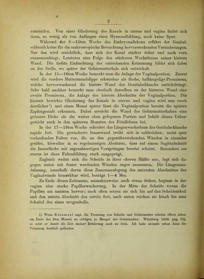 zumünden. Von einer Gliederung des Kanals in uterus und vagina findet sich dann, so wenig als von Anfängen einer Hymenalbildung, noch keine Spur. Während der 9—15ten Woche des Embryonallebens erfährt der Genital- schlauch keine für die makroscopische Betrachtung hervorstechenden Veränderungen. Nur das wird ersichtlich, dass sich der Kanal stärker dehnt und nach vorn zusammenbiegt, Letzteres eine Folge des stärkeren Wachsthums seiner hintern Wand. Die tiefste Einbuchtung der entstehenden Krümmung bildet sich dabei an der Stelle, wo später der Gebärmutterhals sich entwickelt. In der 15—IGten Woche bemerkt man die Anlage der Vaginalportion. Zuerst wird die vordere Muttermundslippe erkennbar als flache, halbkugelige Prominenz, welche hervorwachsend die hintere Wand des Genitalschlauchs zurückdrängt. Sehr bald nachher bemerkt man oberhalb derselben an der hinteren Wand eine zweite Prominenz, die Anlage des hintern Abschnitts der Vaginalportion. Die hiermit bewirkte Gliederung des Kanals in uterus und vagina wird nun rasch deutlicherund einen Monat später lässt die Vaginalportion bereits die spätere Zapfengestalt erkennen. Dabei erreicht die Wand des Gebärmutterhalses eine grössere Dicke als die weiter oben gelegenen Partien und behält dieses Ueber- gewicht auch in den späteren Monaten des Fötallebens bei. In der 17—19ten Woche schreitet das Längenwachsthum des Genitalschlauchs rapide fort. Die gewucherte Innenwand treibt sich in zahlreichen, meist quer verlaufenden Falten vor, die an den gegenüberstehenden Wänden in einander greifen, bisweilen in so regelmässigen Absätzen, dass auf einem Sagittalschnitt die Innenfläche mit sägezahn artigen Vorsprüngen besetzt scheint. Besonders am uterus ist diese Faltenbildung stark ausgeprägt. Zugleich weitet sich die Scheide in ihrer oberen Hälfte aus, legt sich da- gegen unten mit fester werdenden Wänden enger zusammen. Die Längenaus- dehnung, innerhalb deren diese Zusammenlegung des untersten Abschnittes der Vaginalwände bemerkbar wird, beträgt 1—4 Mm. Zu Ende dieses Zeitraums, ausnahmsweise auch etwas früher, beginnt in der vagina eine starke Papillarwucherung. In der Mitte der Scheide treten die Papillen am meisten hervor; nach oben setzen sie sich bis auf den Scheidentheil und den untern Abschnitt des cervix fort, nach unten reichen sie hinab bis zum Scheitel des sinus urogenitalis. 1) Wenn Kussmaul sagt, die Trennung von Scheide und Gebärmutter scheine öfters schon am Ende des 3ten Monats zu erfolgen (s. Mangel der Gebärmutter. Würzburg 1859. pag. 10), so setzt er damit die Zeit meiner Erfahrung nach zu früh. Ich habe niemals schon dann die Trennung deutlich gefunden.