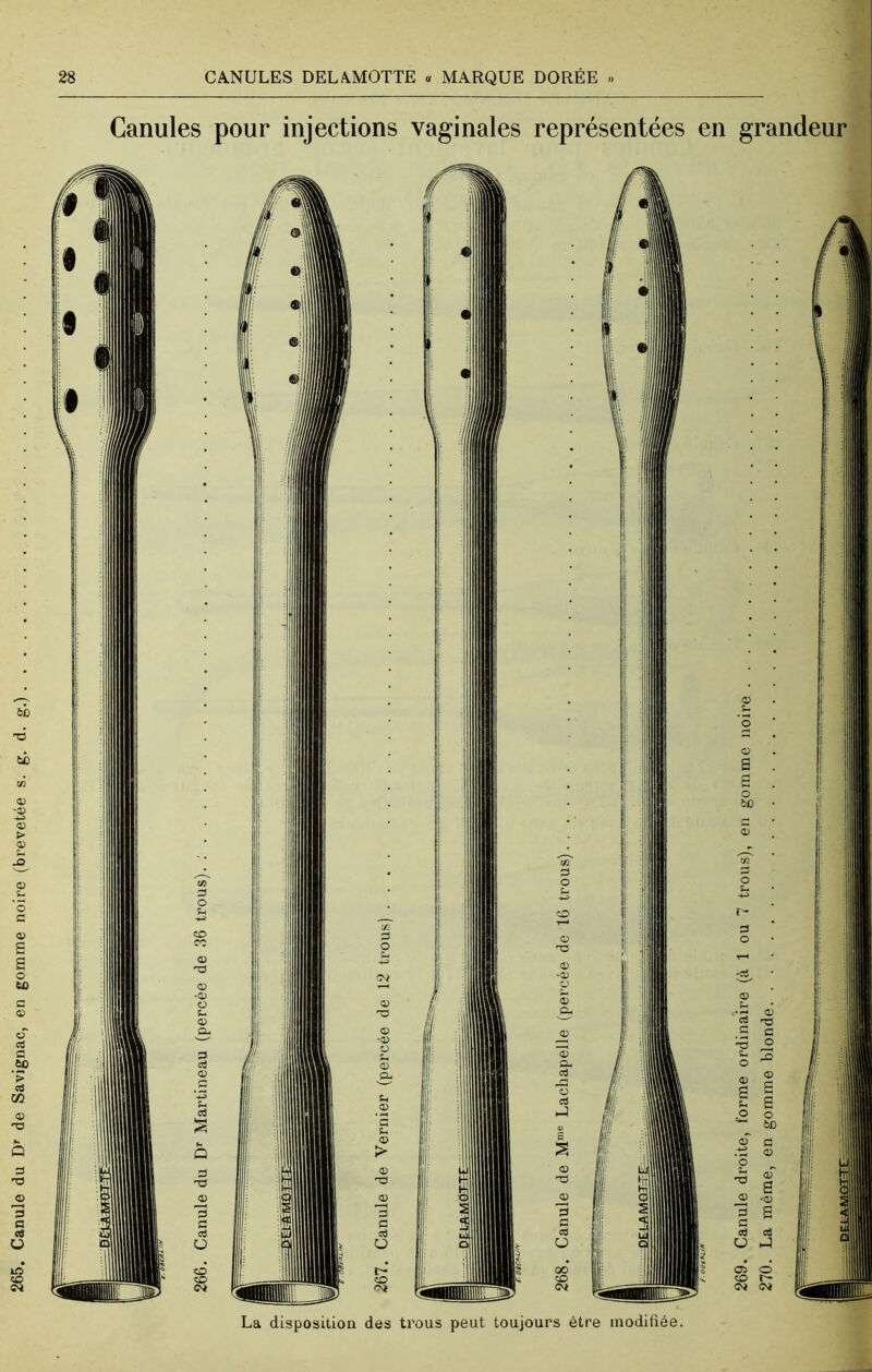 265. Canule du Dr de Savignac, en gomme noire (brevetée Canules pour injections vaginales représentées en grandeur La disposition des trous peut toujours être modifiée. 269. Canule droite, forme ordinaire (à 1 ou 7 trous), en gomme noire 270. La même, en gomme blonde